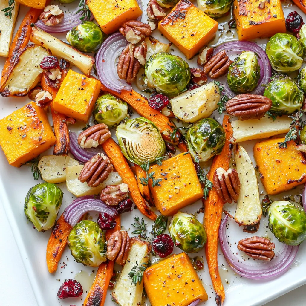 Here is what you need for this tasty dish: - 1 medium butternut squash, peeled and cubed - 2 cups Brussels sprouts, halved - 1 red onion, sliced into wedges - 2 cups carrots, peeled and cut into sticks - 1 cup parsnips, peeled and sliced - 4 tablespoons olive oil - 2 teaspoons dried thyme - 1 teaspoon smoked paprika - Salt and pepper to taste - ¼ cup pecans, roughly chopped - ¼ cup dried cranberries Gather these fresh veggies. They bring color and flavor. The butternut squash adds sweetness. Brussels sprouts give a nice crunch. Red onion adds a bit of zing. Carrots and parsnips add earthiness. Olive oil helps them roast to perfection. Thyme and smoked paprika create warm, cozy notes. Salt and pepper boost the flavors. Pecans add crunch, while cranberries offer a sweet touch. This mix makes a great fall meal. Enjoy the harmony of these flavors! First, set your oven to 425°F (220°C). This high heat helps the veggies caramelize. Next, grab a large sheet pan and line it with parchment paper. This step makes clean-up easy and keeps the veggies from sticking. Take your butternut squash and peel it. Cut it into small cubes. Next, halve the Brussels sprouts and slice the red onion into wedges. For the carrots, peel and cut them into sticks. Do the same with the parsnips, peeling and slicing them. Place all the chopped veggies in a large bowl. Drizzle the olive oil over them. Then, sprinkle the dried thyme, smoked paprika, salt, and pepper on top. Use your hands to mix everything well. Make sure each piece gets coated in oil and spices. Spread the vegetable mix on your lined sheet pan. Make sure they are in a single layer. This helps them roast evenly. If they are too crowded, they might steam instead of roast. Place the pan in the oven and roast for 25-30 minutes. Halfway through, take the pan out and stir the veggies. This helps them cook evenly and get that nice brown color. When they are fork-tender and caramelized, they are ready. For the final touch, add the chopped pecans and dried cranberries. Stir them in and put the pan back in the oven for another 5 minutes. This toasts the nuts and adds great flavor. Enjoy your warm, roasted fall veggies! To get a nice roast, avoid overcrowding the pan. When veggies are too close, they steam instead of roast. Spread them out in one layer. This allows hot air to flow and crisp the edges. Place the pan in the center of your oven. This spot gives even heat for the best results. To boost flavor, use herbs and spices like thyme and smoked paprika. Thyme adds earthiness, while smoked paprika gives a warm, smoky taste. You can also add some acidity or sweetness. A splash of lemon juice or a drizzle of honey brightens the dish. This balance makes every bite pop. This dish pairs well with proteins like chicken or fish. Roasted veggies add a colorful touch to your plate. For sides, consider a simple green salad or grains like quinoa. These sides round out your meal and add more texture. {{image_2}} You can change up the veggies for more fun. Try using seasonal vegetables like sweet potatoes, cauliflower, or beets. Each gives a new taste. You can also add vegetables like zucchini or bell peppers for color. If you want extra flavor, consider adding garlic or fresh herbs like rosemary or sage. These add depth and make the dish even better. This recipe is easy to make vegan and gluten-free. Instead of olive oil, use avocado oil for a different flavor. You can also swap in sunflower seeds for pecans if you want a nut-free option. For texture, keep the veggies cut small. This helps them cook well and taste great. Always check labels to ensure any packaged items are gluten-free. If you want to try different methods, use an air fryer. Set it to 400°F and cook for about 18-20 minutes. Shake the basket halfway through for even cooking. You can also grill the veggies. Just toss them in a grill basket and cook over medium heat for about 15-20 minutes. Cooking times may vary, so check for tenderness and char. To keep your roasted veggies fresh, store them in an airtight container. Place the container in the fridge. This method helps the veggies stay tasty. They will last about 3 to 5 days in the fridge. If you want to keep them longer, freezing is a good option. When reheating, the oven is your best friend. Preheat it to 350°F (175°C). Spread the veggies on a baking sheet. This keeps them from getting soggy. Bake for about 10 to 15 minutes. Check to make sure they are hot throughout. You can also use the microwave, but be careful. Microwaving may make them soft if you heat too long. To freeze leftovers, let them cool first. Once cooled, place them in a freezer-safe bag. Squeeze out the air and seal it tight. This helps avoid freezer burn. When ready to eat, thaw in the fridge overnight. Reheat them in the oven to keep the texture. Enjoy your delicious roasted veggies again! For roasting, I love using a mix of vegetables. Seasonal options are great! In fall, try these: - Butternut squash - Brussels sprouts - Carrots - Parsnips - Red onion These veggies roast well and give a nice mix of flavors and textures. Butternut squash becomes sweet and creamy. Brussels sprouts get crispy on the edges. Carrots add a touch of sweetness. Parsnips bring an earthy note, and red onion caramelizes beautifully. Yes, you can easily add protein! It turns the dish into a full meal. Here are some ideas: - Chicken thighs or breasts - Sausages - Tofu or tempeh for a vegan option If you add protein, check cooking times. Chicken needs about 25-30 minutes like the veggies, but sausages may need 20-25 minutes. Tofu cooks quickly, so check after 15 minutes. Adjust the time to ensure everything is cooked well. To add some spice, consider these options: - Red pepper flakes - Cayenne pepper - Chili powder Start with a small amount. You can always add more later. Mix the spices with olive oil before tossing with veggies. This helps spread the heat evenly. Balance the spice with sweet elements like dried cranberries. The sweetness will help cool the heat a bit and create a tasty contrast. This article covers how to prepare a tasty roasted vegetable dish. We explored the best ingredients, step-by-step roasting instructions, and key tips for optimal flavor. From seasonal vegetable swaps to cooking methods, you now have many ideas to make this dish your own. Remember, storing and reheating leftovers is simple, so you can enjoy this meal again. I hope you feel inspired to create your own delicious variations and share them with friends and family. Enjoy roasting!