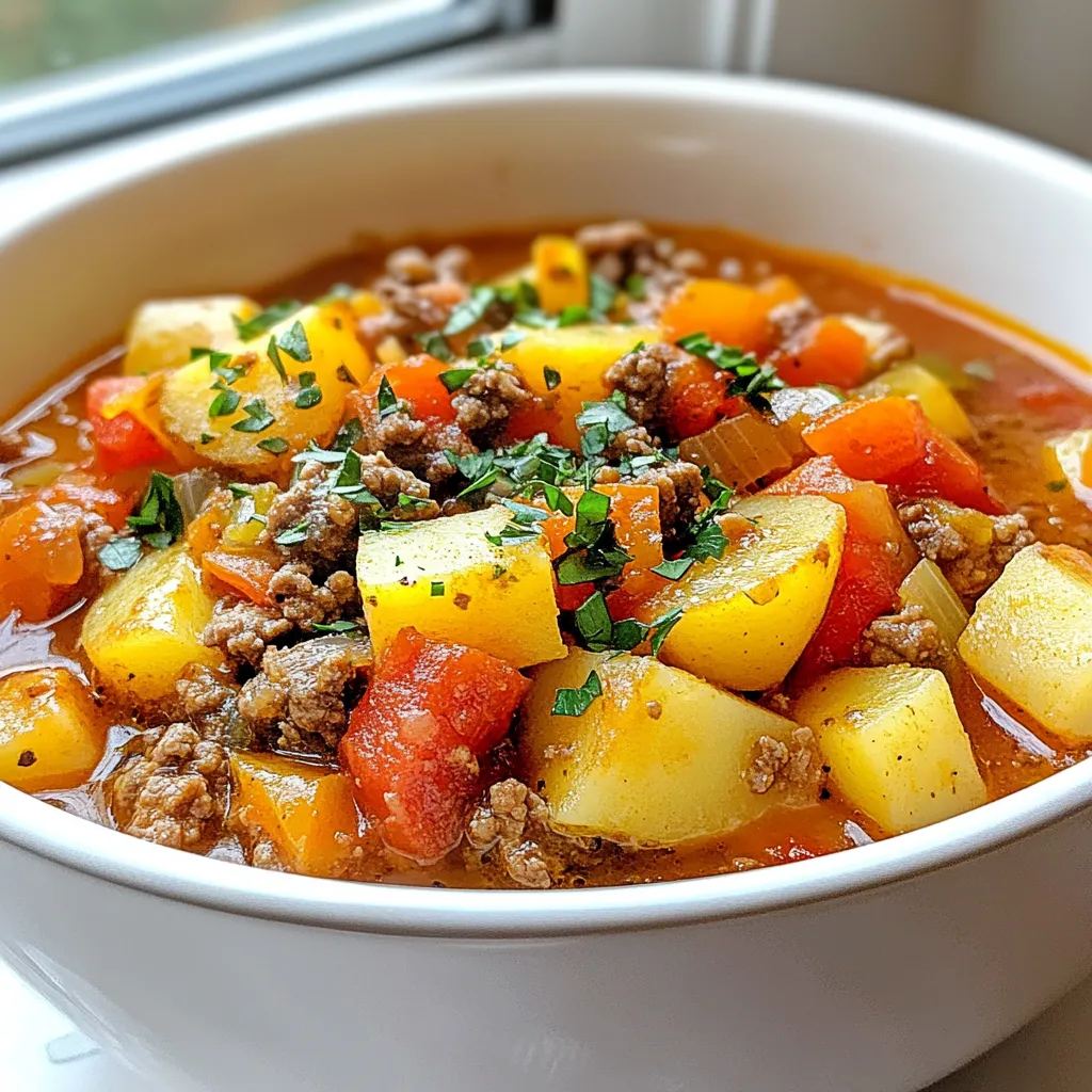 - 1 lb ground beef or turkey - 1 can diced tomatoes - 1 cup broth - 2 cups potatoes - 2 carrots - 1 onion - 2 cloves garlic - 1 teaspoon thyme - 1 teaspoon paprika - 1 teaspoon salt - 1/2 teaspoon black pepper - 1 cup frozen peas - 2 tablespoons Worcestershire sauce - Fresh parsley (for garnish) To make Crock Pot Poor Man’s Stew, you need simple ingredients. Start with 1 pound of ground beef or turkey. This meat gives the stew its hearty base. You can also choose ground turkey for a lighter option. Next, grab a can of diced tomatoes. This adds flavor and moisture to the dish. Then, get 1 cup of broth. Beef or vegetable broth works well. It enhances the stew's taste. You will also need 2 cups of diced potatoes. They add bulk and texture. Don’t forget 2 sliced carrots and 1 chopped onion. These veggies bring sweetness and depth. For flavor, use 2 minced cloves of garlic. Then add 1 teaspoon each of thyme, paprika, and salt. These spices give the stew warmth. A sprinkle of black pepper adds a mild kick. Lastly, have 1 cup of frozen peas and 2 tablespoons of Worcestershire sauce. The peas add a pop of color and sweetness. The sauce deepens the flavor. Optionally, you can garnish with fresh parsley. It gives a nice touch when serving. With these ingredients, you can create a comforting meal. It's filling and perfect for any day of the week. {{ingredient_image_1}} - Prepping the meat: Start by browning 1 pound of ground beef or turkey in a skillet over medium heat. Cook until it's no longer pink, then drain any excess fat. This step adds flavor and texture. - Dicing vegetables: Chop 2 cups of potatoes into bite-sized pieces. Slice 2 carrots and chop 1 onion. Mince 2 cloves of garlic. Fresh veggies make your stew taste great. - Measuring spices and liquids: Measure 1 teaspoon of dried thyme, 1 teaspoon of paprika, 1 teaspoon of salt, and 1/2 teaspoon of black pepper. Pour 1 cup of broth and open a can of diced tomatoes. All these add depth and warmth to the stew. - Browning the meat: As mentioned, browning the meat is key. It gives a rich flavor base for the stew. - Combining ingredients in the Crock Pot: Once the meat is ready, transfer it to the Crock Pot. Add the diced tomatoes, broth, potatoes, carrots, onion, garlic, thyme, paprika, salt, black pepper, and 2 tablespoons of Worcestershire sauce. Stir well to mix everything. - Setting cooking time and temperature: Cover the Crock Pot. Cook on low for 6-8 hours or on high for 4-5 hours. This slow cooking makes everything tender and flavorful. - Adding peas: About 30 minutes before the cooking time ends, add 1 cup of frozen peas. Stir them in gently. They add a nice pop of color and sweetness. - Adjusting seasoning: After cooking, taste the stew. Adjust the seasoning if needed. You can add more salt or pepper based on your preference. - Serving suggestions: Serve the stew hot. You can garnish it with fresh parsley if you like. It looks nice and adds a hint of freshness. Enjoy this hearty meal with crusty bread or over rice for a filling dish. Browning meat first makes the stew tastier. Heat a skillet on medium. Add your ground meat and cook until brown. This step adds great flavor. Drain any fat before moving it to the crock pot. To enhance flavor, season well. Use salt, pepper, thyme, and paprika. These spices bring warmth and depth to the dish. Mix them in as you layer your ingredients. If you want a change, swap out the meat. Ground turkey is a great alternative. You can also use cooked beans for a vegetarian option. For vegetables, feel free to get creative. Try using sweet potatoes or parsnips instead of regular potatoes. You can also add green beans or corn. If your stew turns out too thick, add more broth. Start with half a cup and stir well. Let it cook a little longer to blend the flavors. If it tastes bland, don't worry. Add more salt, black pepper, or Worcestershire sauce. A splash of vinegar can also brighten the taste. Pro Tips Brown the Meat Well: Ensuring that the ground beef or turkey is well-browned enhances the flavor of the stew. It adds depth and richness to the overall dish. Customize Your Veggies: Feel free to add or substitute other vegetables like celery, bell peppers, or corn based on your preference or what you have on hand. Thickening the Stew: If you prefer a thicker stew, you can mash a portion of the potatoes after cooking or mix in a cornstarch slurry during the last 30 minutes of cooking. Make It Ahead: This stew tastes even better the next day! Consider making it a day ahead and reheating for a quick and delicious meal. {{image_2}} You can make a tasty vegetarian version of Poor Man’s Stew. Just swap the meat for beans or lentils. Both options add protein and fiber. For beans, try black beans or kidney beans. If you choose lentils, red or green work well. Use the same amount as the meat in the original recipe. This makes the stew hearty and filling without any meat. If you want to change up the protein, use chicken or sausage. For chicken, boneless thighs or breasts work best. Cut the chicken into bite-sized pieces before adding it to the pot. If you prefer sausage, choose spicy or mild varieties. Slice the sausage and brown it before adding it to the stew. Both options will give your Poor Man’s Stew a new twist. You can easily change the flavor profile of your stew. Add spices like cumin or chili powder for a kick. Fresh herbs, like rosemary or basil, can make your stew more aromatic. If you like a smoky flavor, add a bit of smoked paprika. Experimenting with these spices can make each batch of stew unique and exciting. After your stew cools, store leftovers in an airtight container. Make sure to leave some space at the top for any expansion. Label the container with the date. This helps you keep track of how long it's been in the fridge. Properly stored, it stays fresh for about three to four days. When you're ready to eat, just grab it from the fridge. To freeze your Poor Man's Stew, let it cool completely. Transfer it to a freezer-safe container or a heavy-duty freezer bag. Squeeze out as much air as possible to prevent freezer burn. Label the bag with the date and contents. This stew can last in the freezer for up to three months. When you want to enjoy it again, thaw it overnight in the fridge before reheating. You can reheat your stew safely in two ways: microwave or stovetop. For the microwave, place it in a microwave-safe bowl and cover it. Heat in short bursts, stirring occasionally, until it's hot throughout. For the stovetop, pour the stew into a pot. Heat it over medium-low, stirring often until warm. Both methods help keep the flavors intact. Enjoy your hearty meal! Crock Pot Poor Man’s Stew can last up to four days in the fridge. Store it in an airtight container to keep it fresh. If you want it to last longer, freeze it. It can stay good for about three months in the freezer. Yes, you can prepare Poor Man’s Stew in advance. You can chop the veggies and brown the meat a day before. Store them separately in the fridge. When you're ready, just combine everything in the Crock Pot and cook. Yes, you can cook Poor Man’s Stew on high heat. Set your Crock Pot to high and cook for 4-5 hours. This will tenderize the veggies and meat quickly. Just keep an eye on it to prevent overcooking. You can serve Poor Man's Stew with bread or rice. A simple green salad pairs well too. If you want something warm, try cornbread or biscuits. These sides will soak up the delicious stew flavors. This article details how to make a delicious Poor Man’s Stew in a Crock Pot. We covered key ingredients, preparation steps, cooking tips, and variations to suit your taste. Whether using ground meat or going vegetarian, you can create a satisfying meal. Remember to store any leftovers properly for the next day. With these simple steps and methods, you can enjoy this hearty dish anytime. Dive into your kitchen, and start cooking! Your next meal is just a few steps away.