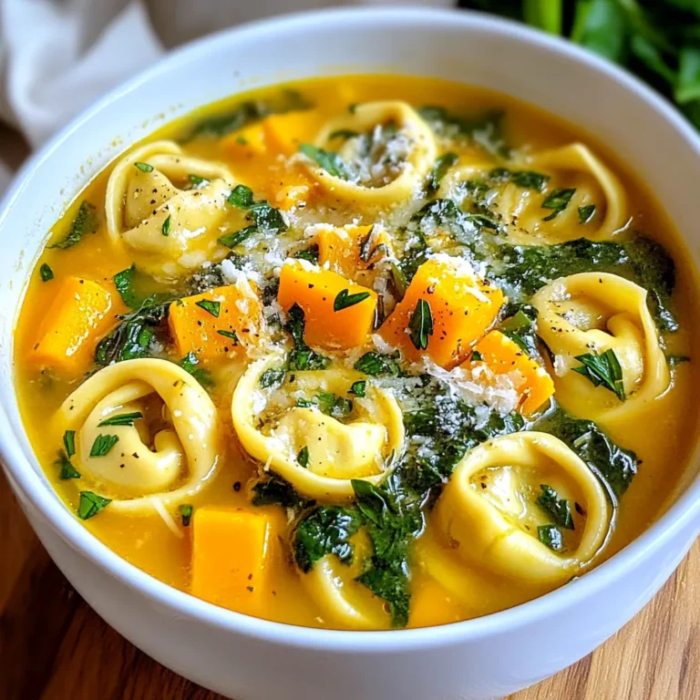 - 1 tablespoon olive oil - 1 medium onion, chopped - 2 cloves garlic, minced - 1 pound Italian sausage (mild or spicy, as preferred) - 4 cups vegetable broth - 2 cups butternut squash, peeled and diced - 2 cups fresh spinach - 1 teaspoon dried oregano - 1 teaspoon thyme - Salt and black pepper to taste - 14 oz cheese tortellini (fresh or frozen) - 1 cup heavy cream - Grated Parmesan cheese for serving - Fresh parsley, chopped, for garnish The autumn season brings a bounty of fresh produce. Butternut squash shines in this soup. Its sweet, nutty flavor pairs well with the savory sausage. Fresh spinach adds a pop of color and important nutrients. You can easily find these ingredients at local farmers' markets. If you want to switch things up, try these ideas: - Use ground turkey or chicken instead of Italian sausage for a leaner option. - Swap the butternut squash for sweet potatoes or carrots for different flavors. - Try kale instead of spinach for a heartier green. - Use half-and-half if you want a lighter cream option. - For a vegetarian twist, replace the sausage with mushrooms or lentils. These swaps keep the soup tasty while catering to personal preferences or dietary needs. {{ingredient_image_1}} First, gather all your ingredients. You will need: - 1 tablespoon olive oil - 1 medium onion, chopped - 2 cloves garlic, minced - 1 pound Italian sausage (mild or spicy, as preferred) - 4 cups vegetable broth - 2 cups butternut squash, peeled and diced - 2 cups fresh spinach - 1 teaspoon dried oregano - 1 teaspoon thyme - Salt and black pepper to taste - 14 oz cheese tortellini (fresh or frozen) - 1 cup heavy cream - Grated Parmesan cheese for serving - Fresh parsley, chopped, for garnish Chop the onion and mince the garlic. Peel and dice the butternut squash. This prep makes cooking easier. In a large pot, heat the olive oil over medium heat. Add the chopped onion and sauté it for about 5 minutes. You want it to be translucent and fragrant. Next, stir in the minced garlic and cook for 1 minute. Be careful not to burn the garlic; it can turn bitter. Now, add the Italian sausage to the pot. Use a wooden spoon to break it apart. Cook until the sausage is browned, which takes about 7 to 10 minutes. After that, pour in the vegetable broth. Add the diced butternut squash and bring the mixture to a simmer. Let it cook for about 15 minutes, or until the squash is tender. Then, add the dried oregano, thyme, salt, pepper, and tortellini. Cook for an additional 5 to 7 minutes. You want the tortellini to be tender and cooked through. Stir in the fresh spinach and heavy cream. Let it heat through for another 2 to 3 minutes. Taste and adjust the seasoning as needed. Serve the soup warm. Garnish each bowl with grated Parmesan cheese and chopped fresh parsley. Enjoy the rich and hearty flavors of your Autumn Tortellini Soup with Sausage! To make your Autumn Tortellini Soup rich and tasty, start with fresh ingredients. Use good quality Italian sausage for a robust flavor. Here are a few tips to boost taste: - Use Homemade Broth: If you can, make your own vegetable broth. It adds depth to your soup. - Fresh Herbs: Use fresh thyme and oregano if available. They give a bright taste. - Add a Splash of Wine: A little white wine can enhance the overall flavor. - Finish with Citrus: A squeeze of lemon juice just before serving brightens the dish. Sometimes, things don’t go as planned. Here are some common problems and how to fix them: - Soup Too Thick: If your soup is too thick, add more broth or water. Stir well to mix. - Too Salty: If it’s too salty, add diced potatoes. They soak up salt while cooking. - Sausage Not Cooked Through: Ensure the sausage is browned and crumbled. It should take about 7-10 minutes. - Tortellini Overcooked: Keep an eye on the cooking time. Tortellini cooks quickly, about 5-7 minutes. Pair your soup with the right sides to enhance your meal experience: - Crusty Bread: Serve with a slice of crusty bread for dipping. - Salad: A simple green salad adds freshness and crunch. - Cheese Platter: A small cheese board complements the soup nicely. - Wine Pairing: Enjoy with a light white wine like Pinot Grigio or a dry rosé. These tips will help you create a comforting and satisfying bowl of Autumn Tortellini Soup with Sausage. Enjoy each rich and hearty spoonful! Pro Tips Choose Your Sausage: Opt for mild sausage for a family-friendly soup, or spicy sausage to add a kick for adults. Fresh vs. Frozen Tortellini: Fresh tortellini cooks faster and offers a delightful texture, while frozen is convenient and still delicious. Adjusting Creaminess: For a lighter soup, reduce the amount of heavy cream or substitute with half-and-half or a non-dairy alternative. Herb Variations: Experiment with different herbs like basil or rosemary for a unique flavor profile that complements the soup. {{image_2}} You can easily make this soup vegetarian or vegan. For a vegetarian version, simply leave out the sausage. Instead, use mushrooms for texture and flavor. They add a nice, earthy taste. Replace the heavy cream with coconut milk for a rich, creamy feel. If you want a vegan option, use vegetable broth and ensure your tortellini is dairy-free. If you want to switch up the protein, try ground turkey or chicken. They both work well in this recipe. You can also use plant-based sausage if you prefer a meat alternative. For a heartier version, add cooked lentils or beans. They boost protein and fiber. Feel free to mix in different vegetables. Carrots and celery can add sweetness and crunch. Kale is a great leafy green alternative to spinach. You can also use zucchini or bell peppers for added color and flavor. Just make sure to adjust the cooking time so everything becomes tender and flavorful. You can store Autumn Tortellini Soup in the fridge. Place it in an airtight container. It will stay fresh for about three to four days. Before serving, check for any signs of spoilage. If you see any mold or off smells, toss it out. To freeze the soup, let it cool completely first. Then, pour it into freezer-safe bags or containers. Remove as much air as possible before sealing. This soup can last up to three months in the freezer. When you’re ready to eat it, thaw it overnight in the fridge. When reheating, do it gently. You can use a pot on low heat or the microwave. If using the microwave, heat in short bursts, stirring in between. Add a splash of broth or cream if the soup is too thick. Always check the temperature before serving. It should be hot throughout. Yes, you can make this soup ahead of time. It keeps well in the fridge for up to three days. To store, let it cool first. Then, put it in an airtight container. When you are ready to eat, just reheat it on the stove or in the microwave. The flavors will deepen, making it taste even better! Autumn Tortellini Soup pairs well with many sides. I often serve it with crusty bread. A nice slice of garlic bread adds flavor. You can also enjoy it with a simple salad. A spinach or mixed greens salad works great. Don’t forget a sprinkle of Parmesan on top! To make the soup spicier, use hot Italian sausage. You can also add red pepper flakes while cooking. If you prefer it milder, choose mild sausage instead. You can reduce or skip the pepper flakes. Adjust based on your taste! This article detailed key ingredients, preparation, and tips for making Autumn Tortellini Soup. You learned about seasonal ingredients and tasty substitutions. I shared best practices to improve flavor and fix common cooking issues. You can explore vegetarian options and proper storage methods, too. Enjoying this soup is simple and rewarding. Embrace your cooking journey and make it your own.