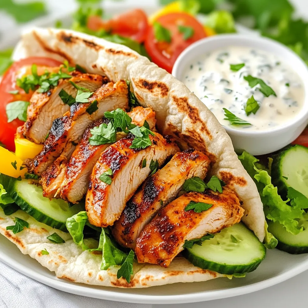 - 1 lb boneless, skinless chicken thighs - 3 tablespoons olive oil - 2 teaspoons ground cumin - 2 teaspoons ground coriander - 1 teaspoon ground turmeric - 1 teaspoon smoked paprika - 1 teaspoon cayenne pepper (adjust to taste) - 3 cloves garlic, minced - 1 tablespoon lemon juice - Salt and black pepper to taste - 4 pita breads - Fresh vegetables for serving (lettuce, tomatoes, cucumbers) - Fresh herbs (parsley, mint) for garnish I love using chicken thighs for shawarma. They stay juicy and tender. The spices bring so much flavor. Ground cumin and coriander are a must. Turmeric adds a lovely color. Smoked paprika gives it a warm, smoky taste. Cayenne pepper can kick up the heat. You can adjust it to your liking. I always add fresh garlic and a splash of lemon juice for zest. It really brightens the dish. When it comes to serving, pita bread is perfect. It holds all the goodness inside. I love adding fresh vegetables like lettuce, tomatoes, and cucumbers for crunch. They make every bite refreshing. A sprinkle of herbs like parsley or mint on top adds a burst of flavor. - 1/2 cup mayonnaise - 2 tablespoons plain yogurt - 3 cloves garlic, minced - 1 tablespoon lemon juice - Salt to taste Now, let’s talk about the garlic sauce. It’s creamy and full of flavor. I mix mayonnaise and yogurt to get the right texture. The garlic gives it a sharp bite. I always use fresh garlic for the best taste. Lemon juice adds a nice tang. Don’t forget to season with salt. This sauce brings everything together and makes each bite divine. Remember, the right ingredients make a big difference. Quality spices and fresh produce will elevate your shawarma. Enjoy the process and have fun with your cooking! {{ingredient_image_1}} To start, we need to make a tasty marinade. In a bowl, mix together: - 3 tablespoons olive oil - 2 teaspoons ground cumin - 2 teaspoons ground coriander - 1 teaspoon ground turmeric - 1 teaspoon smoked paprika - 1 teaspoon cayenne pepper (adjust to taste) - 3 cloves garlic, minced - 1 tablespoon lemon juice - Salt and black pepper to taste This blend brings out great flavor in the chicken. Now, take your 1 lb of boneless, skinless chicken thighs and add them to the bowl. Massage the marinade into the chicken. It helps the flavors soak in better. After that, cover the bowl and refrigerate. For the best taste, let it sit for at least 1 hour or overnight if you can wait. While the chicken marinates, let's whip up some garlic sauce. In a separate bowl, whisk together: - 1/2 cup mayonnaise - 2 tablespoons plain yogurt - 3 cloves garlic, minced - 1 tablespoon lemon juice - Salt to taste This sauce is creamy and full of flavor. Once mixed, set it aside in the fridge. Letting the sauce chill helps the flavors meld together. Trust me, your taste buds will thank you later! Now it's time to cook the chicken. Preheat a grill pan or skillet over medium-high heat. Add the marinated chicken thighs. Cook for about 5-7 minutes on each side. You want them to be nicely charred and fully cooked. To check doneness, use a meat thermometer. The internal temperature should reach 165°F (75°C). After cooking, remove the chicken from the heat and cover it with foil. Let it rest for about 5 minutes. This helps keep the juices inside. Next, warm up 4 pita breads on the grill or in a pan for a few seconds until soft. Now, fill each pita with sliced chicken, fresh vegetables like lettuce, tomatoes, and cucumbers, and a generous drizzle of that creamy garlic sauce. Don't forget to add some freshly chopped herbs like parsley or mint on top. Enjoy your chicken shawarma! Marinating chicken is key to great flavor. I suggest marinating the chicken thighs for at least one hour. For the best taste, let them soak overnight. This time allows the spices to seep deep into the meat. Fresh herbs and spices are very important. They add bright flavors that dried ones can't match. Always choose fresh garlic, parsley, and mint for the best results. To get those perfect grill marks, heat your pan well before adding the chicken. Cook the chicken for about 5 to 7 minutes on each side. If you do not have a grill, you can use your oven. Bake at 400°F (200°C) for about 25 minutes. Just make sure the chicken reaches an internal temperature of 165°F (75°C). Garnishing your shawarma makes it look even better! Sprinkle fresh herbs on top for color and taste. Serve your shawarma with a side of garlic sauce for dipping. For sides, consider a salad or some crispy fries. A refreshing drink like lemonade pairs well with this dish. Enjoy your meal with family and friends! Pro Tips Marinate Longer for Depth: Letting the chicken marinate overnight will enhance the flavors and make the meat more tender. Use a Meat Thermometer: To ensure the chicken is perfectly cooked, use a meat thermometer to check for an internal temperature of 165°F (75°C). Customize Your Heat: Adjust the cayenne pepper in the marinade to your preferred level of spiciness for a personalized touch. Fresh Ingredients Matter: Use fresh herbs and vegetables for garnish to elevate the dish's flavor and presentation. {{image_2}} If you want a vegetarian version of chicken shawarma, you can use mushrooms or tofu. Both options absorb flavors well. For mushrooms, I recommend portobello for a meaty texture. If using tofu, choose firm tofu. Press it to remove extra moisture. Adjust the spices and sauces to suit your new protein. For instance, keep using garlic and lemon to enhance flavor. You might add smoked paprika to boost taste. Enhancing the garlic sauce can create new tastes. You can mix in fresh herbs like dill or parsley. For a spicy kick, try adding a pinch of cayenne pepper. You can change toppings too. Consider adding pickled vegetables or a simple slaw. Fresh herbs like mint or cilantro can add brightness. Shawarma varies by region, and you can explore those flavors. In Lebanon, they often add tahini to the sauce. In Turkey, they serve shawarma with a yogurt sauce. Customize the dish based on your taste. If you love heat, add chili flakes or sriracha. Prefer a milder taste? Stick with classic garlic sauce. After enjoying your Chicken Shawarma, store leftovers safely. Place the chicken in an airtight container. Refrigerate it right away. It stays fresh for up to three days. If you want to keep it longer, freeze the chicken. Wrap it tightly in foil or freezer bags. It will last for about three months in the freezer. When reheating, thaw it in the fridge overnight. This keeps the meat juicy and tasty. Garlic sauce is best stored in the fridge. Keep it in a sealed jar or container. It can last for a week. If you have extra, you can freeze it too. Just make sure to use a freezer-safe container. To refresh flavors after storage, add a splash of lemon juice. This brightens the taste and makes it fresh again. When reheating chicken shawarma, the oven is a great choice. Preheat it to 350°F (175°C). Place the chicken on a baking sheet and cover it with foil. Heat for about 10-15 minutes. This keeps the chicken moist. For the garlic sauce, you can microwave it in short bursts. Stir in between to ensure even heating. This way, you enjoy the same great taste as when it was freshly made. Chicken Shawarma is a popular Middle Eastern dish. It features marinated chicken served in pita bread. The chicken is seasoned with spices like cumin and paprika. Shawarma has its roots in the Levant region. It became famous for its rich flavors and unique cooking style. The chicken cooks on a rotating spit, but you can grill it at home. It's typically served with fresh vegetables and garlic sauce. Yes, you can make Chicken Shawarma ahead of time. Marinate the chicken the night before for better flavor. You can also prepare the garlic sauce a day earlier. Just store them both in the fridge. When you're ready to eat, cook the chicken and assemble your shawarmas. This saves time during busy days and keeps meals stress-free. Chicken Shawarma can be healthy, depending on how you make it. It uses lean chicken thighs, which are rich in protein. You can add plenty of fresh vegetables, like lettuce and tomatoes. To make it healthier, use yogurt in the garlic sauce instead of mayonnaise. You can also skip the pita for a low-carb option. Balance is key, so enjoy it with a side of salad. You can serve Chicken Shawarma with a variety of sides. Fresh salads make a great match. Try a tabbouleh salad or a simple cucumber and tomato salad. You can also add roasted vegetables or fries for a heartier meal. If you love dips, serve it with hummus or baba ganoush. Don't forget extra garlic sauce for dipping! In this article, we explored the key ingredients for Chicken Shawarma, including tender chicken thighs and spices. I walked you through marinating, cooking, and creating a creamy garlic sauce. We covered tips for perfecting your dish and even suggested variations for different diets. Remember, making Chicken Shawarma at home is fun and rewarding. You can enjoy it fresh or save leftovers for later. Dive into this flavorful dish and get creative with your ingredients!