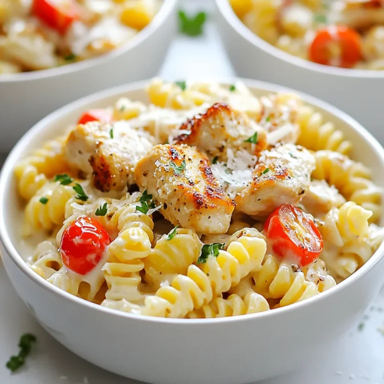 To make Cajun Garlic Chicken Rotini, you need these key ingredients: - 12 oz rotini pasta - 2 tbsp olive oil - 1 lb chicken breast, diced - 1 tbsp Cajun seasoning - 1 tsp garlic powder - 4 cloves garlic, minced - 1 red bell pepper, diced - 1 cup cherry tomatoes, halved - 1 cup heavy cream - 1 cup grated Parmesan cheese - Salt and pepper to taste These ingredients create a rich flavor that stands out. The rotini pasta holds the sauce well, making each bite tasty. You can enhance the dish with some optional ingredients: - 1 small onion, diced - 1 tsp smoked paprika - A pinch of cayenne pepper for heat - Fresh lemon juice for brightness These add-ins can bring more depth to the dish. You can mix and match based on your taste. Garnishing your dish makes it look great and adds fresh flavor. Here are some choices: - Fresh parsley, chopped - Extra grated Parmesan cheese - Crushed red pepper flakes for heat Garnishes not only elevate the look but also add freshness. Enjoy your meal with a pop of color and flavor! {{ingredient_image_1}} To start, fill a large pot with water and add salt. Bring the water to a boil. Add 12 oz of rotini pasta. Cook it according to the package's directions until it's al dente. This takes about 8 to 10 minutes. Once done, drain the pasta and set it aside. This pasta is the base of your dish. Next, take a large skillet and heat 2 tbsp of olive oil over medium-high heat. Add 1 lb of diced chicken breast to the skillet. Sprinkle 1 tbsp of Cajun seasoning and 1 tsp of garlic powder over the chicken. Add salt and pepper to taste. Cook the chicken for about 5 to 7 minutes. It should turn golden brown and be fully cooked. Lower the heat to medium. Add 4 cloves of minced garlic, 1 diced red bell pepper, and 1 cup of halved cherry tomatoes to the skillet. Sauté these for about 3 to 4 minutes until they soften. Now, pour in 1 cup of heavy cream. Stir well, and let it simmer for 2 to 3 minutes. This helps the sauce thicken. Next, add the cooked rotini to the skillet. Toss everything together until the pasta is coated in the creamy sauce. Gradually mix in 1 cup of grated Parmesan cheese. Stir until it melts. Taste your dish and adjust salt or pepper as needed. Finish by garnishing with fresh parsley before serving. Enjoy this tasty meal! To get great chicken, start with fresh breast pieces. Cut them into small, even cubes. This helps them cook fast and evenly. Use Cajun seasoning to bring out the flavor. Cook the chicken in hot olive oil. This keeps it juicy and gives it a nice brown color. Don’t crowd the pan. If it’s too full, the chicken will steam, not brown. Let it cook for about 5-7 minutes until it’s done. For a rich and creamy sauce, use heavy cream. After you add it to the skillet, let it simmer for a few minutes. This helps the sauce thicken. Stir it well to mix it with the chicken and veggies. Adding grated Parmesan cheese makes it even creamier. Make sure the cheese melts fully into the sauce for the best taste. Serve your Cajun garlic chicken rotini in deep bowls. This adds a nice touch. Drizzle some olive oil on top for shine. Sprinkle extra Parmesan and fresh parsley for color and flavor. A side of garlic bread pairs well with the dish. This makes a complete meal that looks as good as it tastes. Enjoy your dinner! Pro Tips Perfectly Cooked Pasta: Always cook your rotini al dente, which means it should be firm to the bite. This helps prevent mushiness when mixed with the sauce. Enhance the Cajun Flavor: For an extra kick, add a pinch of cayenne pepper or a few drops of hot sauce to the sauce for a more intense Cajun experience. Adding Fresh Herbs: Fresh basil or thyme can elevate the dish. Stir in chopped fresh herbs just before serving for a burst of freshness. Leftover Storage: If you have leftovers, store them in an airtight container in the fridge for up to three days. Reheat gently on the stove with a splash of cream to revive the sauce. {{image_2}} You can swap chicken for tasty veggies. Try using: - Tofu, cubed and sautéed - Mushrooms, sliced for a meaty texture - Chickpeas for protein and heartiness - Cauliflower, chopped for a nice crunch These options keep the dish filling and flavorful. Season them just like the chicken. Cook until golden for a great taste. You can change the spice level to fit your taste. For mild heat, use less Cajun seasoning. A teaspoon can still add nice flavor. For more heat, try: - Extra Cajun seasoning - A pinch of cayenne pepper - Diced jalapeños for a fresh kick Taste as you go to find your perfect spice level. Add more ingredients for a unique twist. Consider: - Spinach, for color and health benefits - Artichoke hearts, for a tangy flavor - Bell peppers, in different colors for sweetness These ingredients boost flavor and nutrition. Feel free to experiment! Each twist brings new joy to your plate. To keep Cajun Garlic Chicken Rotini fresh, let it cool first. Then, place it in an airtight container. This helps lock in flavors and moisture. Store the container in the fridge. It will stay good for about 3 to 4 days. If it starts to smell or look off, toss it out. When you’re ready to enjoy leftovers, reheat them on the stove. Add a splash of cream or broth to keep it creamy. Heat over medium-low until warm. Stir often to avoid burning. You can also use the microwave. Place in a microwave-safe dish and cover it. Heat in short bursts, stirring in between, until hot. If you want to freeze your dish, this works well, too! Portion out the rotini into freezer-safe bags. Leave some space in the bag for air. Seal tightly and label with the date. It can last up to 3 months in the freezer. To use, thaw in the fridge overnight before reheating. You may need to add a little cream when warming it up to restore the sauce's texture. To add heat, use more Cajun seasoning. Start with an extra teaspoon. You can also add chopped jalapeños or crushed red pepper flakes. These will boost the spice level without changing the dish too much. Adjust the heat to your taste as you cook. Yes, you can use any pasta you like. Fusilli, penne, or even spaghetti work well. Just make sure to adjust the cooking time based on the pasta type. Follow the package instructions for best results. Each type will give a different texture but still taste great. To make this dish dairy-free, replace heavy cream with coconut milk or a dairy-free cream. You can also skip the cheese or use a dairy-free alternative. This keeps the creamy texture while making it suitable for those with dairy allergies. Enjoy the same great flavors without the dairy! This blog post covered how to make Cajun Garlic Chicken Rotini. We explored the key ingredients, the steps for cooking, and tips for best results. I shared ways to customize the dish for your taste, like spice levels and vegetarian options. Finally, I provided storage tips to keep leftovers fresh. With these insights, you can enjoy a flavorful meal that impresses everyone. Try out the steps, and make it your own! Happy cooking!