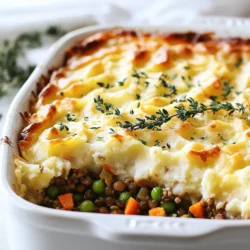 - 1 lb lean ground turkey or chicken - 1 cup lentils (cooked) - 1 onion, diced - 2 cloves garlic, minced - 2 carrots, diced - 1 cup peas (fresh or frozen) - 2 cups cauliflower, mashed (for the topping) - 1 tablespoon olive oil - 1 tablespoon tomato paste - 1 teaspoon Worcestershire sauce (optional) - 1 teaspoon dried thyme - 1 teaspoon dried oregano - Salt and pepper to taste - ½ cup chicken or vegetable broth - 1 egg, beaten (for glazing topping) - Ground Turkey or Chicken: This lean meat offers high protein and low fat. It helps build muscle and keeps you full. - Lentils: Packed with fiber and protein, lentils support digestion and heart health. - Onion and Garlic: These add flavor and have antioxidants that boost your immune system. - Carrots: Rich in vitamins, carrots improve your eyesight and skin health. - Peas: These tiny green gems offer protein, fiber, and vitamins A, C, and K. - Cauliflower: A low-carb vegetable, cauliflower is high in vitamins and great for making a creamy topping. - Olive Oil: A healthy fat that supports heart health and adds flavor. - Tomato Paste: This adds rich flavor and contains vitamins like C and K. - Worcestershire Sauce: It enhances taste with a mix of savory and sweet notes. - Thyme and Oregano: These herbs provide flavor and antioxidants with anti-inflammatory properties. - Egg: It acts as a binder and gives a nice golden finish when baked. - Meat: Choose organic or free-range turkey or chicken for better flavor and nutrients. - Lentils: Opt for dry lentils over canned for more fiber and less sodium. - Vegetables: Fresh veggies are best, but frozen peas work well if fresh isn't available. - Cauliflower: Look for firm, white heads without spots or blemishes. - Herbs and Spices: Fresh herbs can elevate flavors. Check for vibrant colors and strong scents. - Broth: Use low-sodium broth to control salt levels in your dish. {{ingredient_image_1}} First, gather all your ingredients. You need lean ground turkey or chicken, lentils, onion, garlic, carrots, peas, and cauliflower. Chop the onion, garlic, and carrots into small pieces. This helps them cook evenly. Next, heat 1 tablespoon of olive oil in a large skillet over medium heat. Add the diced onion and minced garlic. Cook until the onion turns soft. This should take about 3-4 minutes. Then, add the diced carrots and cook for another 5 minutes. Now, add the ground turkey or chicken. Break it apart with a spatula as it cooks. Make sure it is browned all over. Once cooked, stir in the cooked lentils and peas. Add 1 tablespoon of tomato paste, Worcestershire sauce, dried thyme, and oregano. Season with salt and pepper to taste. Pour in ½ cup of chicken or vegetable broth. Let this simmer for 5 minutes. While the filling simmers, boil water in a pot. Add 2 cups of cauliflower florets and cook until they are very soft, about 10-15 minutes. Drain the cauliflower and mash it well. Season with salt and pepper to your liking. A smooth texture is key for a great topping. Grab a baking dish and spread the meat and vegetable mixture evenly at the bottom. Carefully layer the mashed cauliflower on top. Smooth it out with a spatula. Brush the top with the beaten egg for a nice golden color. Preheat your oven to 400°F (200°C). Place the dish in the oven and bake for 25-30 minutes. You want the top to be slightly golden and the edges bubbling. Let it cool for a few minutes before serving. Enjoy your healthy, protein-packed meal! To boost the protein in your Shepherd's Pie, swap lean turkey for lean beef. You can also add cooked quinoa or chickpeas to the filling. Lentils already pack a protein punch, so use them generously. For an even more protein-rich topping, mix in some Greek yogurt with the mashed cauliflower. Avoid using too much broth. It can make the filling soupy. Ensure your meat is browned well, which adds flavor. Don't rush the cauliflower mash. Overcooking the cauliflower can make it watery. A smooth, creamy mash should be the goal. Lastly, skip the egg wash if you prefer a lighter topping. For a creamy cauliflower mash, steam the cauliflower instead of boiling it. This keeps more flavor and nutrients. Add a touch of butter or olive oil for richness. Season well with salt and pepper. If you like garlic, mix in roasted garlic for added depth. Blend until smooth for the best texture. Pro Tips Use Fresh Herbs: Fresh herbs like parsley or thyme not only enhance the flavor but also add a pop of color to your Shepherd's Pie. Cook Lentils Ahead: Cooking lentils beforehand saves time and ensures they are tender, making the filling even more delicious. Experiment with Toppings: Feel free to mix in different vegetables or even incorporate cheese into the mashed cauliflower for added flavor. Rest Before Serving: Allowing the Shepherd's Pie to rest for a few minutes after baking helps the layers set, making it easier to serve. {{image_2}} You can easily change the protein in your Shepherd's Pie. If you prefer beef, use lean ground beef instead of turkey or chicken. For a pork option, ground pork adds a nice flavor. If you want a vegetarian dish, replace meat with more lentils or chickpeas. This makes it hearty and healthy. Each choice offers a new taste, so feel free to experiment. Herbs and spices can boost the flavor of your Shepherd's Pie. Try adding fresh rosemary or parsley for a bright note. You can mix in some smoked paprika for a smoky touch. Adding a pinch of cayenne pepper gives it a little heat. Always taste as you go! Adjust the spices based on your preference to make it truly yours. Looking for a low-carb option? You can swap the mashed cauliflower for mashed sweet potatoes. Sweet potatoes are nutritious and tasty. For a gluten-free version, ensure all your ingredients, like broth and sauces, are gluten-free. This way, everyone can enjoy this delicious dish without worry. To store your Protein Packed Shepherd's Pie, let it cool first. Use an airtight container. This keeps moisture in and prevents odors from mixing. You can store leftovers in the fridge for up to three days. If you want to keep it longer, freezing is a great option. When you're ready to enjoy leftovers, you can reheat them easily. Preheat your oven to 350°F (175°C). Place the Shepherd's Pie in a baking dish. Cover it with foil to keep moisture in. Heat for about 20-25 minutes. You can also use the microwave for faster reheating. Just cover it and heat for 2-3 minutes until hot. Freezing your Shepherd's Pie is simple. First, let it cool completely. Cut it into individual portions. Wrap each portion tightly in plastic wrap. Then, place them in a freezer-safe bag or container. Label it with the date. You can freeze it for up to three months. To reheat from frozen, bake at 350°F (175°C) for about 45-50 minutes. Enjoy your healthy meal later! Shepherd's Pie is a comforting dish from the UK. It has a base of meat and vegetables topped with mashed potatoes. The name comes from its use of lamb, as shepherds tend sheep. The dish dates back to the late 1700s. People made it to use leftover meat. Today, we see many variations, like using turkey or lentils for protein. Yes, you can make Shepherd's Pie ahead of time. Prepare the filling and topping, then assemble the dish. Cover it tightly with plastic wrap or foil. Store it in the fridge for up to two days. When ready to bake, heat your oven to 400°F (200°C) and cook until hot and bubbly. This saves time on busy nights! Customizing Shepherd's Pie is easy. For gluten-free, skip the broth with gluten. Use gluten-free broth instead. If you want a vegetarian option, replace meat with more lentils or mushrooms. You can use plant-based meat for a similar taste. Adjust veggies to fit your needs. Carrots, peas, and corn work well. Always check labels for hidden allergens. Shepherd's Pie is hearty, so lighter sides work best. Try a fresh green salad with a vinaigrette. Roasted vegetables also make a great choice. Steamed broccoli or green beans add color and crunch. For a fun twist, serve it with crusty bread for dipping. These sides balance the meal and keep it enjoyable. This shepherd's pie recipe is packed with protein and flavor. We covered the best ingredients, how to cook each part, and storage tips. I shared tricks to avoid mistakes and enhance protein. You can even customize it based on your diet. As you make this dish, remember it’s all about quality ingredients and creativity. Enjoy every bite and make it your own!
