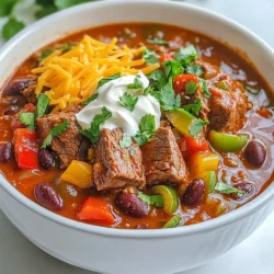 - 1 lb (450g) sirloin steak, cut into small cubes - 1 tablespoon olive oil - 1 large onion, diced - 3 cloves garlic, minced - 1 red bell pepper, diced - 1 green bell pepper, diced - 2 jalapeño peppers, minced (add more for extra heat) - 1 can (14 oz) diced tomatoes - 1 can (15 oz) kidney beans, drained and rinsed - 1 can (15 oz) black beans, drained and rinsed - 2 tablespoons chili powder - 1 teaspoon cumin - 1 teaspoon smoked paprika - ½ teaspoon cayenne pepper (adjust to taste) - Salt and pepper to taste - 1 cup beef broth - Fresh cilantro, chopped (for garnish) - Sour cream (optional, for serving) - Shredded cheese (optional, for serving) Using fresh ingredients gives your chili a bright taste. Fresh vegetables like onion, garlic, and peppers add crunch and flavor. You can use canned ingredients for ease and convenience. Canned tomatoes and beans save time and still taste great. Just rinse canned beans to remove extra salt. For the best taste, I prefer fresh for key flavors. Quality ingredients make a big difference in your dish. Fresh sirloin steak brings richness and texture. High-quality spices enhance the flavor profile. Always check the labels on canned goods. Look for low-sodium options to keep it healthy. Good ingredients lead to a tasty chili that everyone will love. {{ingredient_image_1}} First, get a large pot or Dutch oven. Heat one tablespoon of olive oil on medium-high heat. Once hot, add one pound of cubed sirloin steak. Sauté the steak until it turns brown on all sides. This usually takes about five to seven minutes. After that, remove the steak from the pot and set it aside. This helps keep the meat juicy. In the same pot, add one diced large onion. Cook it for three to four minutes until it gets soft. Then, toss in three minced garlic cloves. Cook this mix for another thirty seconds until you smell the garlic. Next, add one diced red bell pepper, one diced green bell pepper, and two minced jalapeño peppers. Sauté these veggies for about five minutes until they become tender and vibrant. Now, it’s time to bring everything together. Return the browned steak to the pot. Add in one can of diced tomatoes, one can of kidney beans, and one can of black beans. Then, stir in two tablespoons of chili powder, one teaspoon of cumin, one teaspoon of smoked paprika, and half a teaspoon of cayenne pepper. Don't forget to add salt and pepper to taste. Pour in one cup of beef broth and bring the mix to a boil. Once it boils, lower the heat and cover the pot. Let it simmer for thirty to forty minutes, stirring occasionally. After simmering, taste the chili. Adjust the seasoning if needed, adding more salt, pepper, or cayenne for extra heat. Serve your chili hot, garnished with chopped cilantro, sour cream, and shredded cheese if you like. To make your Spicy Steak Chili just right, start with the right peppers. I love using jalapeños for heat, but you can add more for a fiery kick. If you want less heat, remove the seeds. You can also use serrano peppers for a different flavor. Always taste as you go, and add cayenne pepper slowly. A little goes a long way, and you can always add more later. For tender steak, choose sirloin or flank steak. I recommend cutting it into small cubes for even cooking. Searing the steak first creates a nice crust. This step locks in the juices and adds flavor. Cook it just until brown, then set it aside. It will finish cooking later with the other ingredients. This method ensures your steak stays juicy and tender. Herbs and spices make a big difference in your chili. I use chili powder, cumin, and smoked paprika for warmth and depth. Fresh herbs like cilantro add brightness. You can also try adding a bay leaf while it simmers for extra flavor. Don't forget to taste and adjust the seasoning at the end. A little salt and pepper can really bring out the flavors. Pro Tips Choose the Right Cut: Sirloin steak is a great option for chili as it remains tender and flavorful after cooking. However, you can also use chuck roast for a more budget-friendly choice that becomes melt-in-your-mouth tender when simmered. Adjust Your Heat Level: If you prefer a milder chili, remove the seeds from the jalapeños before mincing. For extra heat, consider adding a pinch of red pepper flakes or using spicier peppers like habaneros. Batch Cooking: This chili freezes beautifully! Make a double batch and freeze leftovers in individual portions. It’s perfect for quick meals on busy nights. Garnish for Flavor: Fresh cilantro and a dollop of sour cream not only add color but also enhance the flavors of the chili. Don’t skip the toppings for the best experience! {{image_2}} You can swap the steak with chicken or turkey. Both meats work well. Use boneless cuts for easy cooking. Chicken breast or turkey thigh adds a lighter flavor. Cook them the same way as the steak, and enjoy a new twist. If you want a meat-free chili, try using meat alternatives. Options like tempeh or tofu can add protein. You can also use lentils for a hearty texture. Cook them just like the steak. They soak up all the spices and flavors, making a filling dish. Beans are key to chili's heartiness. You can mix and match different beans. Try pinto beans or navy beans for variety. Each type adds a unique taste and texture to the dish. Feel free to experiment and find your favorite combination. Storing leftover chili is easy. First, let it cool to room temperature. Then, place it in an airtight container. You can store it in the fridge for up to four days. Always label your container with the date, so you know when to use it. Freezing chili is a great way to save it for later. Use a freezer-safe container or a resealable bag. Leave some space at the top, as the chili will expand when frozen. You can freeze it for up to three months. When you’re ready to eat it, just thaw it in the fridge overnight. Reheat chili on the stove for the best flavor. Pour it into a pot over medium heat. Stir often until it’s hot. You can also use the microwave if you’re in a hurry. Just heat it in a microwave-safe bowl for two to three minutes. Make sure to stir it halfway through to heat evenly. Enjoy your chili again! Yes, you can make Spicy Steak Chili in a slow cooker. Start by browning the steak in a pan. This adds flavor. Then, transfer the steak and all other ingredients into your slow cooker. Cook on low for 6-8 hours or on high for 3-4 hours. This method makes the chili rich and tasty. Spicy Steak Chili pairs well with many sides. Here are some great options: - Cornbread - Rice - Tortilla chips - A fresh salad These sides add a nice crunch and balance to the chili. You can also top the chili with sour cream and shredded cheese for extra creaminess. You can control the heat in your chili easily. Here’s how: - Use fewer jalapeños or remove the seeds. - Add more cayenne pepper for extra kick. - If it’s too spicy, add more beans or tomatoes to cool it down. Taste your chili as you go to find the right heat for you. Yes, you can use other cuts of steak. Good options include: - Chuck steak - Flank steak - Round steak These cuts may need longer cooking times to become tender. Just make sure to cube the meat small for even cooking. This blog post explored the key ingredients for Spicy Steak Chili, from fresh produce to quality proteins. You learned how to prepare steak, sauté veggies, and create a delicious mix. Tips and tricks showed how to spice it right and keep the meat tender. We also discussed variations for different diets and how to store leftovers. In the end, you can make a dish that's both satisfying and adaptable. Enjoy the process and bring your own twist to this chili!