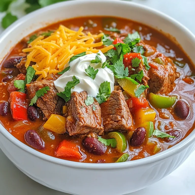 - 1 lb (450g) sirloin steak, cut into small cubes - 1 tablespoon olive oil - 1 large onion, diced - 3 cloves garlic, minced - 1 red bell pepper, diced - 1 green bell pepper, diced - 2 jalapeño peppers, minced (add more for extra heat) - 1 can (14 oz) diced tomatoes - 1 can (15 oz) kidney beans, drained and rinsed - 1 can (15 oz) black beans, drained and rinsed - 2 tablespoons chili powder - 1 teaspoon cumin - 1 teaspoon smoked paprika - ½ teaspoon cayenne pepper (adjust to taste) - Salt and pepper to taste - 1 cup beef broth - Fresh cilantro, chopped (for garnish) - Sour cream (optional, for serving) - Shredded cheese (optional, for serving) Using fresh ingredients gives your chili a bright taste. Fresh vegetables like onion, garlic, and peppers add crunch and flavor. You can use canned ingredients for ease and convenience. Canned tomatoes and beans save time and still taste great. Just rinse canned beans to remove extra salt. For the best taste, I prefer fresh for key flavors. Quality ingredients make a big difference in your dish. Fresh sirloin steak brings richness and texture. High-quality spices enhance the flavor profile. Always check the labels on canned goods. Look for low-sodium options to keep it healthy. Good ingredients lead to a tasty chili that everyone will love. {{ingredient_image_1}} First, get a large pot or Dutch oven. Heat one tablespoon of olive oil on medium-high heat. Once hot, add one pound of cubed sirloin steak. Sauté the steak until it turns brown on all sides. This usually takes about five to seven minutes. After that, remove the steak from the pot and set it aside. This helps keep the meat juicy. In the same pot, add one diced large onion. Cook it for three to four minutes until it gets soft. Then, toss in three minced garlic cloves. Cook this mix for another thirty seconds until you smell the garlic. Next, add one diced red bell pepper, one diced green bell pepper, and two minced jalapeño peppers. Sauté these veggies for about five minutes until they become tender and vibrant. Now, it’s time to bring everything together. Return the browned steak to the pot. Add in one can of diced tomatoes, one can of kidney beans, and one can of black beans. Then, stir in two tablespoons of chili powder, one teaspoon of cumin, one teaspoon of smoked paprika, and half a teaspoon of cayenne pepper. Don't forget to add salt and pepper to taste. Pour in one cup of beef broth and bring the mix to a boil. Once it boils, lower the heat and cover the pot. Let it simmer for thirty to forty minutes, stirring occasionally. After simmering, taste the chili. Adjust the seasoning if needed, adding more salt, pepper, or cayenne for extra heat. Serve your chili hot, garnished with chopped cilantro, sour cream, and shredded cheese if you like. To make your Spicy Steak Chili just right, start with the right peppers. I love using jalapeños for heat, but you can add more for a fiery kick. If you want less heat, remove the seeds. You can also use serrano peppers for a different flavor. Always taste as you go, and add cayenne pepper slowly. A little goes a long way, and you can always add more later. For tender steak, choose sirloin or flank steak. I recommend cutting it into small cubes for even cooking. Searing the steak first creates a nice crust. This step locks in the juices and adds flavor. Cook it just until brown, then set it aside. It will finish cooking later with the other ingredients. This method ensures your steak stays juicy and tender. Herbs and spices make a big difference in your chili. I use chili powder, cumin, and smoked paprika for warmth and depth. Fresh herbs like cilantro add brightness. You can also try adding a bay leaf while it simmers for extra flavor. Don't forget to taste and adjust the seasoning at the end. A little salt and pepper can really bring out the flavors. Pro Tips Choose the Right Cut: Sirloin steak is a great option for chili as it remains tender and flavorful after cooking. However, you can also use chuck roast for a more budget-friendly choice that becomes melt-in-your-mouth tender when simmered. Adjust Your Heat Level: If you prefer a milder chili, remove the seeds from the jalapeños before mincing. For extra heat, consider adding a pinch of red pepper flakes or using spicier peppers like habaneros. Batch Cooking: This chili freezes beautifully! Make a double batch and freeze leftovers in individual portions. It’s perfect for quick meals on busy nights. Garnish for Flavor: Fresh cilantro and a dollop of sour cream not only add color but also enhance the flavors of the chili. Don’t skip the toppings for the best experience! {{image_2}} You can swap the steak with chicken or turkey. Both meats work well. Use boneless cuts for easy cooking. Chicken breast or turkey thigh adds a lighter flavor. Cook them the same way as the steak, and enjoy a new twist. If you want a meat-free chili, try using meat alternatives. Options like tempeh or tofu can add protein. You can also use lentils for a hearty texture. Cook them just like the steak. They soak up all the spices and flavors, making a filling dish. Beans are key to chili's heartiness. You can mix and match different beans. Try pinto beans or navy beans for variety. Each type adds a unique taste and texture to the dish. Feel free to experiment and find your favorite combination. Storing leftover chili is easy. First, let it cool to room temperature. Then, place it in an airtight container. You can store it in the fridge for up to four days. Always label your container with the date, so you know when to use it. Freezing chili is a great way to save it for later. Use a freezer-safe container or a resealable bag. Leave some space at the top, as the chili will expand when frozen. You can freeze it for up to three months. When you’re ready to eat it, just thaw it in the fridge overnight. Reheat chili on the stove for the best flavor. Pour it into a pot over medium heat. Stir often until it’s hot. You can also use the microwave if you’re in a hurry. Just heat it in a microwave-safe bowl for two to three minutes. Make sure to stir it halfway through to heat evenly. Enjoy your chili again! Yes, you can make Spicy Steak Chili in a slow cooker. Start by browning the steak in a pan. This adds flavor. Then, transfer the steak and all other ingredients into your slow cooker. Cook on low for 6-8 hours or on high for 3-4 hours. This method makes the chili rich and tasty. Spicy Steak Chili pairs well with many sides. Here are some great options: - Cornbread - Rice - Tortilla chips - A fresh salad These sides add a nice crunch and balance to the chili. You can also top the chili with sour cream and shredded cheese for extra creaminess. You can control the heat in your chili easily. Here’s how: - Use fewer jalapeños or remove the seeds. - Add more cayenne pepper for extra kick. - If it’s too spicy, add more beans or tomatoes to cool it down. Taste your chili as you go to find the right heat for you. Yes, you can use other cuts of steak. Good options include: - Chuck steak - Flank steak - Round steak These cuts may need longer cooking times to become tender. Just make sure to cube the meat small for even cooking. This blog post explored the key ingredients for Spicy Steak Chili, from fresh produce to quality proteins. You learned how to prepare steak, sauté veggies, and create a delicious mix. Tips and tricks showed how to spice it right and keep the meat tender. We also discussed variations for different diets and how to store leftovers. In the end, you can make a dish that's both satisfying and adaptable. Enjoy the process and bring your own twist to this chili!