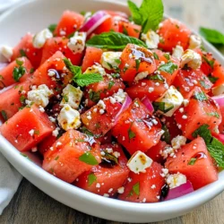 For this Watermelon Feta Mint Salad, you need: - 4 cups watermelon, cubed - 1 cup feta cheese, crumbled - 1/4 cup fresh mint leaves, chopped - 1/4 red onion, thinly sliced - 2 tablespoons balsamic glaze - 1 tablespoon olive oil - Salt and pepper to taste Here’s how to measure for your salad: - Use a measuring cup for the watermelon and feta. - A kitchen scale works well for precise feta measurements. - Fresh mint should be packed lightly in the cup. - Slice the red onion thinly for even flavor. You can switch some ingredients if needed: - Try goat cheese instead of feta for a tangy taste. - Use lime juice instead of balsamic glaze for a zesty kick. - Swap out red onion for green onions for a milder flavor. - You can add cucumbers for extra crunch and freshness. {{ingredient_image_1}} 1. Start by cutting the watermelon into bite-sized cubes. Use a sharp knife for clean cuts. 2. Place the watermelon cubes into a large mixing bowl. This will hold all your fresh ingredients. 3. Crumble the feta cheese and sprinkle it over the watermelon. The salty cheese adds great flavor. 4. Thinly slice the red onion. Aim for even slices to mix in well with the salad. 5. Chop the fresh mint leaves. This herb gives a refreshing taste to the dish. 1. Add the sliced red onion and chopped mint to the bowl. This brings color and taste. 2. Drizzle the balsamic glaze and olive oil over the mixture. This adds a sweet and savory note. 3. Gently toss all the ingredients together. Be careful not to crush the watermelon or feta. 4. Season with salt and pepper to taste. Adjust the seasoning as you like. 5. Let the salad sit for about 10 minutes. This helps the flavors come together nicely. - Serve the salad chilled in a large bowl or on individual plates. - Garnish with extra mint leaves and more feta on top for a nice look. - A drizzle of extra balsamic glaze adds a decorative touch and extra flavor. - Enjoy this refreshing dish as a side or a light meal on a warm day! When picking a watermelon, look for one that feels heavy for its size. The skin should be smooth and firm. A yellow spot on the skin shows it ripened on the ground. Tap the watermelon; a deep sound means it’s ripe. If it sounds dull, it may be overripe. Lastly, check for a uniform shape. Odd shapes can mean uneven ripening. You can change this salad to fit your tastes! Try adding cucumber for extra crunch. If you like spice, add jalapeños for a kick. For sweetness, include diced mango or berries. You can swap feta with goat cheese for a creamier taste. Experiment with herbs too; basil or cilantro can add a unique twist. Don't be afraid to get creative! One common mistake is using overripe watermelon. It gets mushy and watery. Make sure to cut the salad just before serving. Waiting too long can make it soggy. When mixing, be gentle. You don’t want to crush the watermelon or feta. Lastly, taste as you go! Adjust the salt, pepper, and balsamic glaze for the best flavor. Pro Tips Use Seedless Watermelon: Opt for seedless watermelon to enhance the texture and make it easier to enjoy without interruptions. Chill Ingredients: For a more refreshing salad, chill the watermelon, feta, and mint leaves before assembling the salad. Experiment with Additions: Try adding sliced cucumbers or avocados for extra crunch and creaminess. These ingredients pair well with the existing flavors. Balance the Dressing: Adjust the amount of balsamic glaze based on your preference for sweetness. A little goes a long way! {{image_2}} You can easily mix up this salad with fun add-ons. Try adding sliced cucumbers for crunch. Avocado brings creaminess and healthy fats. If you want more texture, add roasted nuts like almonds or walnuts. For a spicy kick, toss in jalapeños or a sprinkle of chili flakes. If you prefer a different cheese, goat cheese works great too. In summer, this salad shines with fresh, ripe watermelon. In fall, swap watermelon for pears or apples. These fruits add sweetness and crunch. In winter, consider using pomegranate seeds for a burst of color and flavor. You can also replace mint with fresh basil or parsley for a different taste. To make this salad vegan, skip the feta cheese. You can use a vegan cheese alternative or simply add more nuts for creaminess. For a low-carb version, use less watermelon and add more leafy greens like spinach or arugula. This keeps it light while still being tasty and refreshing. After making the watermelon feta mint salad, store it in the fridge right away. Use a covered bowl to keep it fresh. This salad stays good for about 1 to 2 days. Make sure to eat it within this time for the best taste. If the salad starts to look or smell off, it's best to toss it out. If you want to save the salad for longer, consider freezing the watermelon cubes. Cut the watermelon and freeze them in a single layer on a baking sheet. Once frozen, transfer them to a freezer bag. However, keep in mind that thawed watermelon will not have the same texture. It won't work well for this salad but can be used in smoothies or drinks. You do not need to reheat this salad. It tastes best cold. If you have leftovers, take them straight from the fridge. For a fresh taste, serve it chilled. If you want to add more flavor, drizzle some extra balsamic glaze on top before serving. Yes, you can make this salad ahead of time. However, I suggest adding the dressing just before serving. This keeps the ingredients fresh and crisp. If you mix it too early, the watermelon can release water. This can make the salad soggy. For best results, prepare the components ahead. Store them separately and combine them later. If you want a substitute for feta cheese, try goat cheese or ricotta. Both give a creamy texture and mild taste. For a dairy-free option, consider using tofu. Crumble it and add a splash of lemon juice for flavor. You can also try vegan feta, which is made from nuts or tofu. To keep the watermelon fresh, buy it ripe but not overripe. Store it in the fridge if you cut it. Wrap the pieces in plastic wrap or place them in an airtight container. This helps keep moisture in and prevents it from drying out. Always check for any soft spots before using it. This guarantees your salad tastes great. We explored the key ingredients, preparation steps, and serving ideas for a delightful watermelon salad. You learned how to choose the best watermelon and customize flavors. Remember to take note of storage tips and variations for different diets. With these insights, you can create a fresh and tasty dish. Enjoy your cooking and impress your friends with this fun salad recipe!