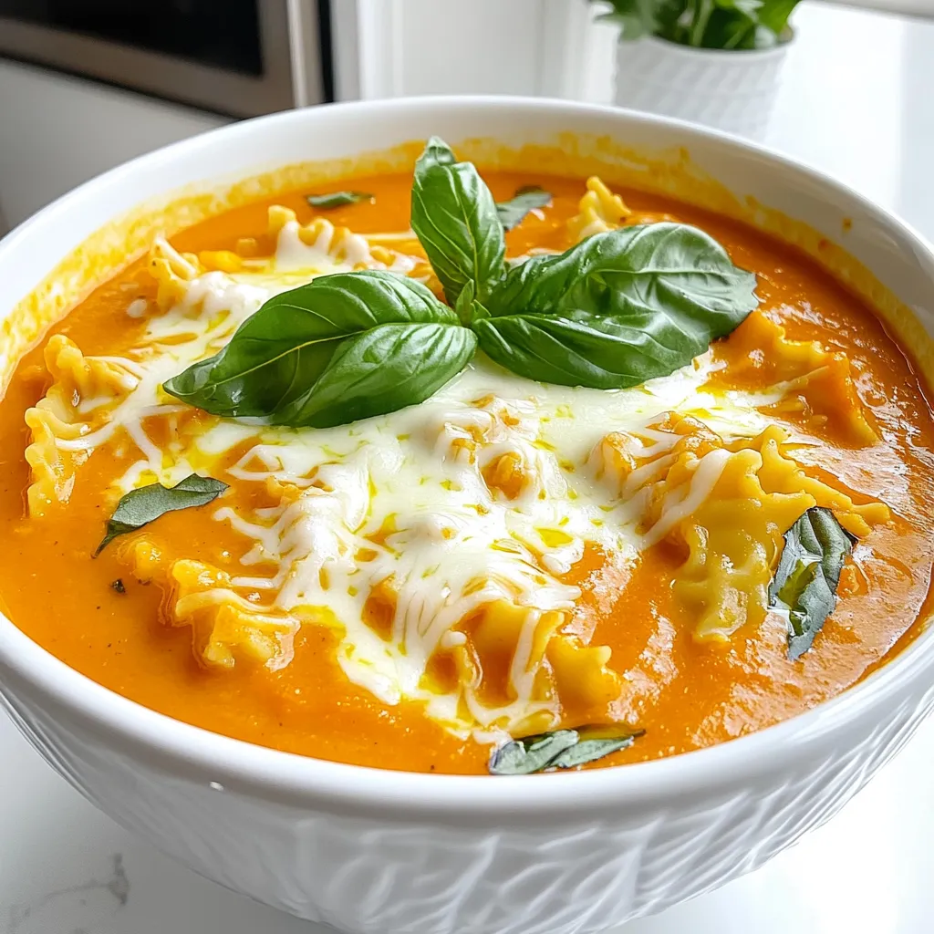 For a delicious Slow Cooker Pumpkin Lasagna Soup, gather these simple ingredients: - 1 can (15 oz) pumpkin puree - 1 lb ground turkey or beef - 1 onion, chopped - 3 cloves garlic, minced - 4 cups vegetable broth - 1 can (14.5 oz) diced tomatoes, undrained - 2 cups uncooked lasagna noodles, broken into pieces - 1 teaspoon Italian seasoning - 1/2 teaspoon nutmeg - Salt and pepper to taste - 1 cup ricotta cheese - 1 cup shredded mozzarella cheese - 1/2 cup grated Parmesan cheese - Fresh basil for garnish Each ingredient brings a unique flavor. The pumpkin puree adds creaminess. Ground turkey or beef provides protein. Onion and garlic give a savory base. Vegetable broth and diced tomatoes create a rich soup. Lasagna noodles bring heartiness. The seasonings elevate the taste. Cheeses add a creamy finish. Ricotta gives a soft texture, while mozzarella and Parmesan offer a cheesy top. Fresh basil adds color and freshness. With these ingredients, you can make a warm, comforting soup that feels like a hug on a chilly day. Cooking the meat Start by browning the ground turkey or beef. Use a skillet over medium heat. Cook until the meat is brown, stirring often. This should take about 5 to 7 minutes. When done, drain any extra fat. Set the meat aside for later. Chopping vegetables Next, chop one onion and mince three cloves of garlic. The onion adds sweetness, while the garlic gives depth. Make sure to chop them fine for even cooking. This step is quick and takes only a few minutes. Mixing ingredients in the slow cooker In your slow cooker, combine the browned meat, chopped onion, and minced garlic. Add one can of pumpkin puree, four cups of vegetable broth, and one can of diced tomatoes. Don’t forget to include one teaspoon of Italian seasoning and half a teaspoon of nutmeg. Season with salt and pepper to taste. Stir everything well to mix the flavors. Layering the lasagna soup Now, add two cups of uncooked lasagna noodles. Break them into pieces first. Gently push the noodles into the soup mixture. This helps them cook evenly. Cooking times and temperatures Cover the slow cooker with its lid. Cook on low for four to six hours, or on high for two to three hours. You want the noodles to be soft and tender. Check them a bit before the end of cooking to be sure. Final additions before serving About 15 minutes before serving, stir in one cup of ricotta cheese. This adds creaminess to your soup. When ready to serve, top each bowl with shredded mozzarella and grated Parmesan cheese. Garnish with fresh basil leaves for a pop of color and flavor. How to prevent noodles from becoming mushy To keep your noodles firm, add them later in the cooking process. Break the lasagna noodles into smaller pieces. Stir them in about 30 minutes before serving. This helps them cook just right. Substitutions for ground meat You can swap ground turkey for ground chicken or beef. If you want a vegetarian option, use lentils or mushrooms. Both add great flavor and texture. Adjusting seasoning to taste Taste your soup before serving. If it needs more zest, add salt, pepper, or more Italian seasoning. You can also sprinkle in more nutmeg for warmth. Serving ideas Serve your soup in deep bowls. A drizzle of olive oil on top makes it look fancy. Pair it with crusty bread for a complete meal. Enhancing flavors with garnishes Garnish each bowl with fresh basil leaves. Add a sprinkle of extra Parmesan cheese for a rich taste. You can even add a dash of red pepper flakes for a bit of heat. {{image_2}} You can easily change the ingredients in this soup to suit your taste. - Vegetarian options: Instead of ground turkey or beef, try lentils or mushrooms. Both options add great texture and flavor. - Different protein choices: You can use chicken or sausage for a different meat flavor. Ground chicken works well, too. - Alternative cheeses: Swap ricotta for cottage cheese or cream cheese. For a bolder taste, use feta or goat cheese. Spices and veggies can change the soup’s flavor profile. - Adding spices: Try adding a pinch of cayenne or chili powder for some heat. A bit of smoked paprika can add depth as well. - Incorporating seasonal vegetables: Toss in spinach, kale, or bell peppers for added nutrition. They blend well with the pumpkin. - Making it spicier or creamier: For spice, add crushed red pepper flakes. If you want creaminess, stir in more ricotta or a splash of cream before serving. Feel free to mix and match these ideas! They will make your Slow Cooker Pumpkin Lasagna Soup unique and delicious. To keep your Slow Cooker Pumpkin Lasagna Soup fresh, follow these tips: - Refrigeration tips: Let the soup cool to room temp before storing. Transfer it to an airtight container. In the fridge, it stays safe for up to five days. To reheat, warm it on the stove or in the microwave until hot. Stir well before serving. - Freezing and reheating instructions: If you want to freeze the soup, use freezer-safe containers. Leave some space at the top for expansion. It can last up to three months in the freezer. To reheat, thaw it overnight in the fridge. Heat it on the stove or in the microwave until fully warmed. The shelf life of your soup depends on how you store it. - In the fridge, it lasts about five days. - In the freezer, it can last up to three months. Always check for changes in smell or appearance before eating. Enjoy your delicious soup! Can I use fresh pumpkin instead of puree? Yes, you can. Fresh pumpkin adds a nice texture. Just cook it down until soft. Then, mash it well to get a smooth consistency. What can I serve with Slow Cooker Pumpkin Lasagna Soup? This soup pairs well with crusty bread or garlic bread. A fresh salad also makes a great side. You could even serve it with some cheese sticks for extra fun. How do I make this soup dairy-free? To make it dairy-free, skip the ricotta and cheeses. Use a dairy-free cream or nut-based cheese instead. Coconut milk can also add creaminess without dairy. What to do if the soup is too thick or thin? If the soup is too thick, add more broth or water slowly. Stir well and check the consistency. If it's too thin, let it cook longer uncovered to reduce the liquid. How to fix over-seasoning? If the soup is too salty or strong, add more broth or water to balance the flavors. You can also add more pumpkin or some diced tomatoes to dilute the seasoning. This blog post highlights how to make a tasty Slow Cooker Pumpkin Lasagna Soup. We covered key ingredients, like pumpkin puree and turkey, and shared step-by-step instructions. You learned tips to perfect the recipe and variations to make it your own. Proper storage information helps keep leftovers fresh. Remember, you can swap ingredients and adjust flavors to fit your taste. Enjoy making this warm and cozy soup, perfect for any season.
