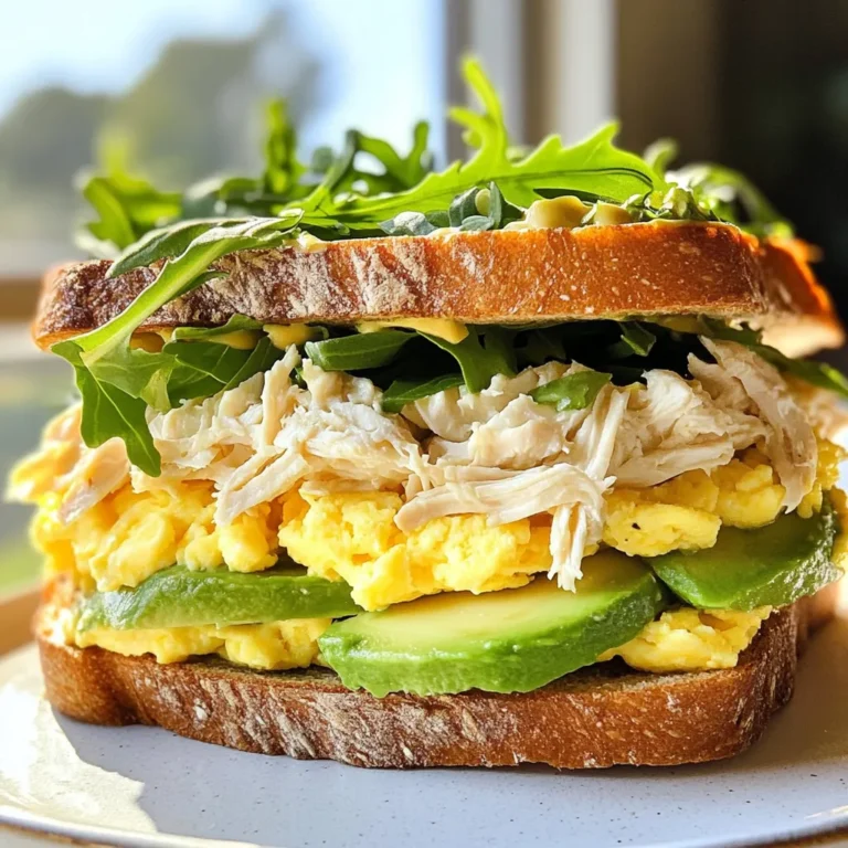 - 1 cup cooked chicken, shredded - 2 large eggs - 2 tablespoons mayonnaise - 1 teaspoon Dijon mustard - 1 tablespoon fresh chives, chopped - 1 tablespoon olive oil - 4 slices of whole grain bread - 1 avocado, sliced - Salt and pepper to taste - Leafy greens (romaine or arugula) for garnish This sandwich serves two and is rich in protein. Each serving has about: - Calories: 450 - Protein: 25 grams - Carbohydrates: 40 grams - Fat: 22 grams - Fiber: 8 grams This Chicken Egg Sandwich packs a punch of nutrients. Here are some benefits: - Protein Power: Cooked chicken and eggs give you high-quality protein. This helps build muscles and keep you full. - Healthy Fats: Avocado adds good fats, which are great for your heart. - Fiber Boost: Whole grain bread and leafy greens add fiber. Fiber helps digestion and keeps your gut healthy. - Vitamins and Minerals: Chives and greens are full of vitamins like A and C. These support your immune system. This sandwich is not just tasty; it’s also good for your health! {{ingredient_image_1}} First, grab a bowl. Add 1 cup of shredded chicken. Then, mix in 2 tablespoons of mayonnaise. Next, add 1 teaspoon of Dijon mustard. Toss in 1 tablespoon of chopped chives. Season with salt and pepper to taste. Mix well until everything blends together. This chicken mixture adds great flavor to your sandwich. Now, heat 1 tablespoon of olive oil in a skillet over medium heat. While the oil warms, crack 2 large eggs into another bowl. Whisk them until they are smooth. Season the eggs with salt and pepper. Pour the eggs into the skillet. Stir gently as they cook. Keep stirring until they are soft and fully cooked. Set the scrambled eggs aside for now. Toast 4 slices of whole grain bread until they turn golden brown. Take 2 toasted slices and spread the chicken mixture evenly on top. Next, place a generous layer of scrambled eggs over the chicken. Add sliced avocado on top of the eggs. Finally, sprinkle a handful of leafy greens, like romaine or arugula. Cover the sandwich with the other slices of toasted bread. Press down gently. Slice the sandwiches in half diagonally and enjoy! To get fluffy scrambled eggs, start by whisking two large eggs in a bowl. Add a pinch of salt and pepper to taste. Heat a skillet over medium heat, and add olive oil. Pour in the eggs and stir gently with a spatula. Keep stirring until the eggs are just set. Remove them from heat while they are still slightly runny. This gives you perfect scrambled eggs every time. Whole grain bread works best for this sandwich. It adds texture and flavor. Look for bread that is fresh and soft. If you want a crunch, lightly toast it until golden brown. This adds a nice contrast to the creamy filling. You can also try sourdough or rye for a twist. After assembling your sandwich, serve it with a side of leafy greens. Romaine or arugula adds a nice crunch. You can also add a slice of tomato or cucumber for freshness. If you like spice, drizzle some hot sauce on top. Enjoy your savory chicken egg sandwich with a cool drink. Pro Tips Use Leftover Chicken: For a quicker preparation, utilize leftover roasted or grilled chicken from a previous meal to save time. Customize Your Spread: Experiment with different spreads like Greek yogurt or hummus for a unique flavor twist. Perfectly Scrambled Eggs: Keep the eggs on low heat and stir gently for fluffy, creamy scrambled eggs. Don't overcook them! Avocado Ripeness: Ensure your avocado is perfectly ripe for easy slicing and maximum creaminess in your sandwich. {{image_2}} You can change up your chicken egg sandwich by using other proteins. Try turkey or ham for a different taste. If you want more flavor, add bacon or sausage. For a lighter option, shredded rotisserie chicken works great. Each protein brings its own twist, making your sandwich exciting and new. Not a meat lover? No problem! You can easily make a vegetarian version. Replace the chicken with grilled veggies like zucchini or bell peppers. You can also use hummus for a creamy texture. Adding feta or mozzarella cheese can give the sandwich a nice flavor boost. Don't forget to load up on greens for extra crunch. Using seasonal ingredients can make your sandwich even better. In spring, add fresh herbs like basil or parsley. In summer, sliced tomatoes and cucumbers add freshness. In fall, roasted butternut squash can give a sweet touch. In winter, wilted spinach and hearty greens offer warmth and comfort. Seasonal choices keep your meal vibrant and tasty. To keep your chicken egg sandwich fresh, wrap it tightly in plastic wrap. You can also place it in an airtight container. Store it in the fridge. It will stay good for up to three days. When you're ready to enjoy your sandwich again, remove the wrap. Place it on a plate and heat in the microwave. Heat it for about 30 to 60 seconds. You can also reheat it in a skillet. Use low heat to warm it up without burning the bread. If you want to save your sandwich for later, freezing is a great option. Wrap each sandwich in plastic wrap, then place it in a freezer bag. Make sure to remove as much air as possible. Your sandwich can last up to three months in the freezer. When you're ready to eat it, thaw it in the fridge overnight. Then, reheat as usual. Yes, you can use different types of bread. Whole grain bread is great, but sourdough or ciabatta works well, too. Each type adds a unique taste and texture. Try a soft brioche for a richer flavor. Just ensure the bread can hold the filling without falling apart. You can get creative with your sandwich. Adding cheese like cheddar or pepper jack can give it a nice kick. You might also try adding tomatoes, spinach, or even bacon for extra flavor. Feel free to use a spicy sauce or fresh herbs like basil for a twist. You can prepare parts of the sandwich ahead. Make the chicken mixture and scrambled eggs, then store them in the fridge. Toast the bread right before serving for the best texture. However, I recommend assembling the sandwich just before eating to keep it fresh. This blog post showed you how to make a great chicken egg sandwich. We covered ingredients, cooking steps, and tips for success. You learned about healthy options and tasty variations too. In summary, this sandwich is tasty, easy, and full of nutrients. You can mix it up as you like. Enjoy making and sharing it with others!