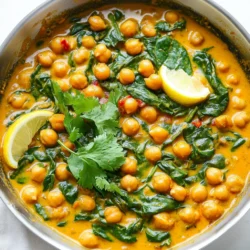 - 2 cans (15 oz each) chickpeas, drained and rinsed - 1 tablespoon coconut oil - 1 medium onion, chopped - 3 cloves garlic, minced - 1 tablespoon fresh ginger, grated - 1 can (14 oz) coconut milk - 2 teaspoons curry powder - 1 teaspoon turmeric powder - 1 teaspoon cumin powder - 1 tablespoon tomato paste - 1 cup spinach leaves, fresh - Salt and pepper, to taste - Fresh cilantro, for garnish - Lemon wedges, for serving This recipe serves four. Each serving has about: - Calories: 360 - Protein: 12g - Carbohydrates: 50g - Fat: 14g - Fiber: 10g Chickpeas are a great source of protein and fiber. Coconut milk adds healthy fats. This dish is both filling and nutritious. I love using spices to add flavor. Here are some great options: - Curry powder: This gives the dish its warm taste. - Turmeric: It adds color and health benefits. - Cumin: This brings an earthy taste that pairs well with chickpeas. Feel free to experiment with spices. Try adding paprika for heat or coriander for a citrusy flavor. Enjoy your cooking adventure! {{ingredient_image_1}} To make Minute Chickpea Curry, start by gathering your ingredients. You will need two cans of chickpeas, one tablespoon of coconut oil, one chopped onion, three minced garlic cloves, and one tablespoon of grated ginger. You will also use one can of coconut milk, two teaspoons of curry powder, one teaspoon of turmeric powder, one teaspoon of cumin powder, and one tablespoon of tomato paste. Lastly, grab one cup of fresh spinach, salt, pepper, cilantro for garnish, and lemon wedges for serving. 1. Heat the coconut oil in a large skillet over medium heat until melted. 2. Add the chopped onion. Sauté for about five minutes until it turns translucent. 3. Stir in the minced garlic and grated ginger. Cook for two more minutes until you smell the nice aroma. 4. Add the spices. Mix in the curry powder, turmeric, and cumin. Toast the spices for one minute. 5. Incorporate the chickpeas and tomato paste. Mix everything well with the onion and spices. 6. Pour in the coconut milk. Stir until all ingredients blend together. Bring it to a gentle simmer. 7. Let the curry simmer for about ten minutes. Stir occasionally until it thickens a bit. 8. Add the spinach. Stir it in and let it wilt for two minutes just before serving. 9. Season with salt and pepper. Taste and adjust if needed. 10. Garnish with cilantro and serve with lemon wedges on the side. Keep your kitchen tidy while you cook. Gather all your ingredients before you start. This saves time and makes cooking easier. Use a cutting board and knife for chopping quickly. A non-stick skillet helps prevent sticking and makes cleanup easier. - Prep Time: 10 minutes. This includes chopping and measuring your ingredients. - Cook Time: 15 minutes. This is the time needed to cook the curry and let it simmer. - Total Time: 25 minutes. You will have a delicious meal ready in no time! To boost the flavor of your chickpea curry, use fresh herbs. Fresh cilantro adds a bright taste. A splash of lemon juice brightens the dish. You can also try adding a dash of soy sauce for depth. If you want heat, add chopped chili peppers or a pinch of cayenne. Toasted nuts, like cashews, add a nice crunch and flavor. One common mistake is overcooking the spinach. You want it to wilt, not turn mushy. Another mistake is using old spices. Fresh spices give the best flavor. Don’t skip the salt; it enhances all the flavors. Lastly, avoid rushing the simmering time. Letting the curry simmer thickens it and melds the flavors. A large skillet works best for this dish. A non-stick skillet helps with easy stirring and cleaning. A wooden spoon is great for mixing the ingredients without scratching your pan. For measuring, use a set of measuring spoons and cups for accuracy. A sharp knife makes chopping the onion and garlic quick and safe. Pro Tips Use Fresh Spices: Freshly ground spices will enhance the flavor of your curry significantly. Consider grinding whole spices yourself for a more aromatic experience. Adjust the Heat: If you prefer a spicier curry, add diced green chilies or a pinch of cayenne pepper to the mixture. Adjust according to your heat preference. Enhance the Creaminess: For an even creamier curry, you can add a tablespoon of nut butter, such as almond or cashew, to the coconut milk when simmering. Serve with Accompaniments: Pair your Chickpea Delight Curry with basmati rice or warm naan for a complete meal. A side of yogurt can also help balance the spices. {{image_2}} This chickpea curry is a great dish for both vegetarians and vegans. It uses coconut milk, making it dairy-free. You can enjoy it without any animal products. Want to add more veggies? Toss in bell peppers, carrots, or zucchini. They cook well and add a nice crunch. You can also top it with avocado for extra creaminess. Feel free to get creative with your chickpea curry. Here are a few ideas: - Sweet Potatoes: Dice them up and add them in. They make the dish sweeter and more filling. - Peas or Corn: These add a pop of color and sweetness. - Chopped Tomatoes: Fresh or canned will work. They add extra moisture and flavor. - Nuts: Cashews or peanuts can add crunch and richness. They pair well with the spices. If you like some heat, adjust the spice level to your taste. For mild curry, stick to the recipe as is. If you want more spice, add red pepper flakes or fresh chili. Start with a small amount, then taste and add more if needed. You can also use a spicy curry powder for a fiery kick. Just remember, balance is key to a great flavor! To keep your chickpea curry fresh, let it cool first. Once cool, transfer it to an airtight container. Store it in the fridge for up to four days. Make sure to label the container with the date. This way, you will know how long it has been stored. You can freeze leftover chickpea curry for longer storage. Use a freezer-safe container or heavy-duty freezer bags. Leave some space for expansion. Frozen curry can last for up to three months. When ready to eat, thaw it in the fridge overnight before reheating. To reheat the curry, place it in a pot over low heat. Stir occasionally to prevent sticking. You can also microwave it. Pour the curry into a microwave-safe bowl. Heat it in short bursts, stirring in between. Ensure it is warm throughout before serving. Add a splash of coconut milk if it looks too thick. You can use almond milk or soy milk. These options work well in most recipes. If you want creaminess, try cashew cream. It adds a nice texture and flavor. Yes, you can use dried chickpeas. First, soak them overnight. Then, cook them until soft. This method takes more time, but it adds a fresh taste. This recipe is already gluten-free. All the ingredients are safe for gluten-free diets. Just double-check the curry powder and tomato paste for any hidden gluten. Serve it with rice or quinoa for a filling meal. You can also try naan bread or pita for dipping. A simple salad or yogurt can add freshness to the plate. This blog post covered how to make chickpea curry. We discussed ingredients, cooking steps, and helpful tips. You learned about adjusting flavors, avoiding common mistakes, and using the right tools. We also explored variations, like vegetarian options and spice levels. Finally, I provided storage tips so nothing goes to waste. Chickpea curry is easy to prepare and enjoy. With practice, you'll make it your own.
