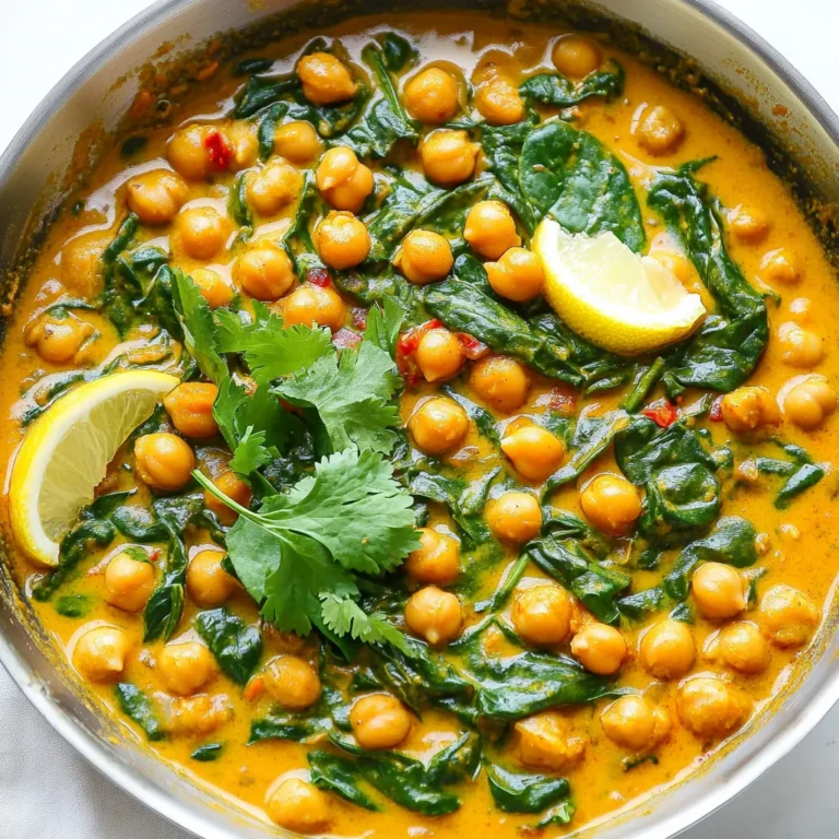 - 2 cans (15 oz each) chickpeas, drained and rinsed - 1 tablespoon coconut oil - 1 medium onion, chopped - 3 cloves garlic, minced - 1 tablespoon fresh ginger, grated - 1 can (14 oz) coconut milk - 2 teaspoons curry powder - 1 teaspoon turmeric powder - 1 teaspoon cumin powder - 1 tablespoon tomato paste - 1 cup spinach leaves, fresh - Salt and pepper, to taste - Fresh cilantro, for garnish - Lemon wedges, for serving This recipe serves four. Each serving has about: - Calories: 360 - Protein: 12g - Carbohydrates: 50g - Fat: 14g - Fiber: 10g Chickpeas are a great source of protein and fiber. Coconut milk adds healthy fats. This dish is both filling and nutritious. I love using spices to add flavor. Here are some great options: - Curry powder: This gives the dish its warm taste. - Turmeric: It adds color and health benefits. - Cumin: This brings an earthy taste that pairs well with chickpeas. Feel free to experiment with spices. Try adding paprika for heat or coriander for a citrusy flavor. Enjoy your cooking adventure! {{ingredient_image_1}} To make Minute Chickpea Curry, start by gathering your ingredients. You will need two cans of chickpeas, one tablespoon of coconut oil, one chopped onion, three minced garlic cloves, and one tablespoon of grated ginger. You will also use one can of coconut milk, two teaspoons of curry powder, one teaspoon of turmeric powder, one teaspoon of cumin powder, and one tablespoon of tomato paste. Lastly, grab one cup of fresh spinach, salt, pepper, cilantro for garnish, and lemon wedges for serving. 1. Heat the coconut oil in a large skillet over medium heat until melted. 2. Add the chopped onion. Sauté for about five minutes until it turns translucent. 3. Stir in the minced garlic and grated ginger. Cook for two more minutes until you smell the nice aroma. 4. Add the spices. Mix in the curry powder, turmeric, and cumin. Toast the spices for one minute. 5. Incorporate the chickpeas and tomato paste. Mix everything well with the onion and spices. 6. Pour in the coconut milk. Stir until all ingredients blend together. Bring it to a gentle simmer. 7. Let the curry simmer for about ten minutes. Stir occasionally until it thickens a bit. 8. Add the spinach. Stir it in and let it wilt for two minutes just before serving. 9. Season with salt and pepper. Taste and adjust if needed. 10. Garnish with cilantro and serve with lemon wedges on the side. Keep your kitchen tidy while you cook. Gather all your ingredients before you start. This saves time and makes cooking easier. Use a cutting board and knife for chopping quickly. A non-stick skillet helps prevent sticking and makes cleanup easier. - Prep Time: 10 minutes. This includes chopping and measuring your ingredients. - Cook Time: 15 minutes. This is the time needed to cook the curry and let it simmer. - Total Time: 25 minutes. You will have a delicious meal ready in no time! To boost the flavor of your chickpea curry, use fresh herbs. Fresh cilantro adds a bright taste. A splash of lemon juice brightens the dish. You can also try adding a dash of soy sauce for depth. If you want heat, add chopped chili peppers or a pinch of cayenne. Toasted nuts, like cashews, add a nice crunch and flavor. One common mistake is overcooking the spinach. You want it to wilt, not turn mushy. Another mistake is using old spices. Fresh spices give the best flavor. Don’t skip the salt; it enhances all the flavors. Lastly, avoid rushing the simmering time. Letting the curry simmer thickens it and melds the flavors. A large skillet works best for this dish. A non-stick skillet helps with easy stirring and cleaning. A wooden spoon is great for mixing the ingredients without scratching your pan. For measuring, use a set of measuring spoons and cups for accuracy. A sharp knife makes chopping the onion and garlic quick and safe. Pro Tips Use Fresh Spices: Freshly ground spices will enhance the flavor of your curry significantly. Consider grinding whole spices yourself for a more aromatic experience. Adjust the Heat: If you prefer a spicier curry, add diced green chilies or a pinch of cayenne pepper to the mixture. Adjust according to your heat preference. Enhance the Creaminess: For an even creamier curry, you can add a tablespoon of nut butter, such as almond or cashew, to the coconut milk when simmering. Serve with Accompaniments: Pair your Chickpea Delight Curry with basmati rice or warm naan for a complete meal. A side of yogurt can also help balance the spices. {{image_2}} This chickpea curry is a great dish for both vegetarians and vegans. It uses coconut milk, making it dairy-free. You can enjoy it without any animal products. Want to add more veggies? Toss in bell peppers, carrots, or zucchini. They cook well and add a nice crunch. You can also top it with avocado for extra creaminess. Feel free to get creative with your chickpea curry. Here are a few ideas: - Sweet Potatoes: Dice them up and add them in. They make the dish sweeter and more filling. - Peas or Corn: These add a pop of color and sweetness. - Chopped Tomatoes: Fresh or canned will work. They add extra moisture and flavor. - Nuts: Cashews or peanuts can add crunch and richness. They pair well with the spices. If you like some heat, adjust the spice level to your taste. For mild curry, stick to the recipe as is. If you want more spice, add red pepper flakes or fresh chili. Start with a small amount, then taste and add more if needed. You can also use a spicy curry powder for a fiery kick. Just remember, balance is key to a great flavor! To keep your chickpea curry fresh, let it cool first. Once cool, transfer it to an airtight container. Store it in the fridge for up to four days. Make sure to label the container with the date. This way, you will know how long it has been stored. You can freeze leftover chickpea curry for longer storage. Use a freezer-safe container or heavy-duty freezer bags. Leave some space for expansion. Frozen curry can last for up to three months. When ready to eat, thaw it in the fridge overnight before reheating. To reheat the curry, place it in a pot over low heat. Stir occasionally to prevent sticking. You can also microwave it. Pour the curry into a microwave-safe bowl. Heat it in short bursts, stirring in between. Ensure it is warm throughout before serving. Add a splash of coconut milk if it looks too thick. You can use almond milk or soy milk. These options work well in most recipes. If you want creaminess, try cashew cream. It adds a nice texture and flavor. Yes, you can use dried chickpeas. First, soak them overnight. Then, cook them until soft. This method takes more time, but it adds a fresh taste. This recipe is already gluten-free. All the ingredients are safe for gluten-free diets. Just double-check the curry powder and tomato paste for any hidden gluten. Serve it with rice or quinoa for a filling meal. You can also try naan bread or pita for dipping. A simple salad or yogurt can add freshness to the plate. This blog post covered how to make chickpea curry. We discussed ingredients, cooking steps, and helpful tips. You learned about adjusting flavors, avoiding common mistakes, and using the right tools. We also explored variations, like vegetarian options and spice levels. Finally, I provided storage tips so nothing goes to waste. Chickpea curry is easy to prepare and enjoy. With practice, you'll make it your own.