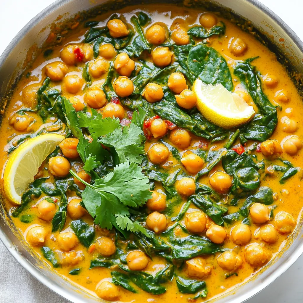 - 2 cans (15 oz each) chickpeas, drained and rinsed - 1 tablespoon coconut oil - 1 medium onion, chopped - 3 cloves garlic, minced - 1 tablespoon fresh ginger, grated - 1 can (14 oz) coconut milk - 2 teaspoons curry powder - 1 teaspoon turmeric powder - 1 teaspoon cumin powder - 1 tablespoon tomato paste - 1 cup spinach leaves, fresh - Salt and pepper, to taste - Fresh cilantro, for garnish - Lemon wedges, for serving This recipe serves four. Each serving has about: - Calories: 360 - Protein: 12g - Carbohydrates: 50g - Fat: 14g - Fiber: 10g Chickpeas are a great source of protein and fiber. Coconut milk adds healthy fats. This dish is both filling and nutritious. I love using spices to add flavor. Here are some great options: - Curry powder: This gives the dish its warm taste. - Turmeric: It adds color and health benefits. - Cumin: This brings an earthy taste that pairs well with chickpeas. Feel free to experiment with spices. Try adding paprika for heat or coriander for a citrusy flavor. Enjoy your cooking adventure! {{ingredient_image_1}} To make Minute Chickpea Curry, start by gathering your ingredients. You will need two cans of chickpeas, one tablespoon of coconut oil, one chopped onion, three minced garlic cloves, and one tablespoon of grated ginger. You will also use one can of coconut milk, two teaspoons of curry powder, one teaspoon of turmeric powder, one teaspoon of cumin powder, and one tablespoon of tomato paste. Lastly, grab one cup of fresh spinach, salt, pepper, cilantro for garnish, and lemon wedges for serving. 1. Heat the coconut oil in a large skillet over medium heat until melted. 2. Add the chopped onion. Sauté for about five minutes until it turns translucent. 3. Stir in the minced garlic and grated ginger. Cook for two more minutes until you smell the nice aroma. 4. Add the spices. Mix in the curry powder, turmeric, and cumin. Toast the spices for one minute. 5. Incorporate the chickpeas and tomato paste. Mix everything well with the onion and spices. 6. Pour in the coconut milk. Stir until all ingredients blend together. Bring it to a gentle simmer. 7. Let the curry simmer for about ten minutes. Stir occasionally until it thickens a bit. 8. Add the spinach. Stir it in and let it wilt for two minutes just before serving. 9. Season with salt and pepper. Taste and adjust if needed. 10. Garnish with cilantro and serve with lemon wedges on the side. Keep your kitchen tidy while you cook. Gather all your ingredients before you start. This saves time and makes cooking easier. Use a cutting board and knife for chopping quickly. A non-stick skillet helps prevent sticking and makes cleanup easier. - Prep Time: 10 minutes. This includes chopping and measuring your ingredients. - Cook Time: 15 minutes. This is the time needed to cook the curry and let it simmer. - Total Time: 25 minutes. You will have a delicious meal ready in no time! To boost the flavor of your chickpea curry, use fresh herbs. Fresh cilantro adds a bright taste. A splash of lemon juice brightens the dish. You can also try adding a dash of soy sauce for depth. If you want heat, add chopped chili peppers or a pinch of cayenne. Toasted nuts, like cashews, add a nice crunch and flavor. One common mistake is overcooking the spinach. You want it to wilt, not turn mushy. Another mistake is using old spices. Fresh spices give the best flavor. Don’t skip the salt; it enhances all the flavors. Lastly, avoid rushing the simmering time. Letting the curry simmer thickens it and melds the flavors. A large skillet works best for this dish. A non-stick skillet helps with easy stirring and cleaning. A wooden spoon is great for mixing the ingredients without scratching your pan. For measuring, use a set of measuring spoons and cups for accuracy. A sharp knife makes chopping the onion and garlic quick and safe. Pro Tips Use Fresh Spices: Freshly ground spices will enhance the flavor of your curry significantly. Consider grinding whole spices yourself for a more aromatic experience. Adjust the Heat: If you prefer a spicier curry, add diced green chilies or a pinch of cayenne pepper to the mixture. Adjust according to your heat preference. Enhance the Creaminess: For an even creamier curry, you can add a tablespoon of nut butter, such as almond or cashew, to the coconut milk when simmering. Serve with Accompaniments: Pair your Chickpea Delight Curry with basmati rice or warm naan for a complete meal. A side of yogurt can also help balance the spices. {{image_2}} This chickpea curry is a great dish for both vegetarians and vegans. It uses coconut milk, making it dairy-free. You can enjoy it without any animal products. Want to add more veggies? Toss in bell peppers, carrots, or zucchini. They cook well and add a nice crunch. You can also top it with avocado for extra creaminess. Feel free to get creative with your chickpea curry. Here are a few ideas: - Sweet Potatoes: Dice them up and add them in. They make the dish sweeter and more filling. - Peas or Corn: These add a pop of color and sweetness. - Chopped Tomatoes: Fresh or canned will work. They add extra moisture and flavor. - Nuts: Cashews or peanuts can add crunch and richness. They pair well with the spices. If you like some heat, adjust the spice level to your taste. For mild curry, stick to the recipe as is. If you want more spice, add red pepper flakes or fresh chili. Start with a small amount, then taste and add more if needed. You can also use a spicy curry powder for a fiery kick. Just remember, balance is key to a great flavor! To keep your chickpea curry fresh, let it cool first. Once cool, transfer it to an airtight container. Store it in the fridge for up to four days. Make sure to label the container with the date. This way, you will know how long it has been stored. You can freeze leftover chickpea curry for longer storage. Use a freezer-safe container or heavy-duty freezer bags. Leave some space for expansion. Frozen curry can last for up to three months. When ready to eat, thaw it in the fridge overnight before reheating. To reheat the curry, place it in a pot over low heat. Stir occasionally to prevent sticking. You can also microwave it. Pour the curry into a microwave-safe bowl. Heat it in short bursts, stirring in between. Ensure it is warm throughout before serving. Add a splash of coconut milk if it looks too thick. You can use almond milk or soy milk. These options work well in most recipes. If you want creaminess, try cashew cream. It adds a nice texture and flavor. Yes, you can use dried chickpeas. First, soak them overnight. Then, cook them until soft. This method takes more time, but it adds a fresh taste. This recipe is already gluten-free. All the ingredients are safe for gluten-free diets. Just double-check the curry powder and tomato paste for any hidden gluten. Serve it with rice or quinoa for a filling meal. You can also try naan bread or pita for dipping. A simple salad or yogurt can add freshness to the plate. This blog post covered how to make chickpea curry. We discussed ingredients, cooking steps, and helpful tips. You learned about adjusting flavors, avoiding common mistakes, and using the right tools. We also explored variations, like vegetarian options and spice levels. Finally, I provided storage tips so nothing goes to waste. Chickpea curry is easy to prepare and enjoy. With practice, you'll make it your own.