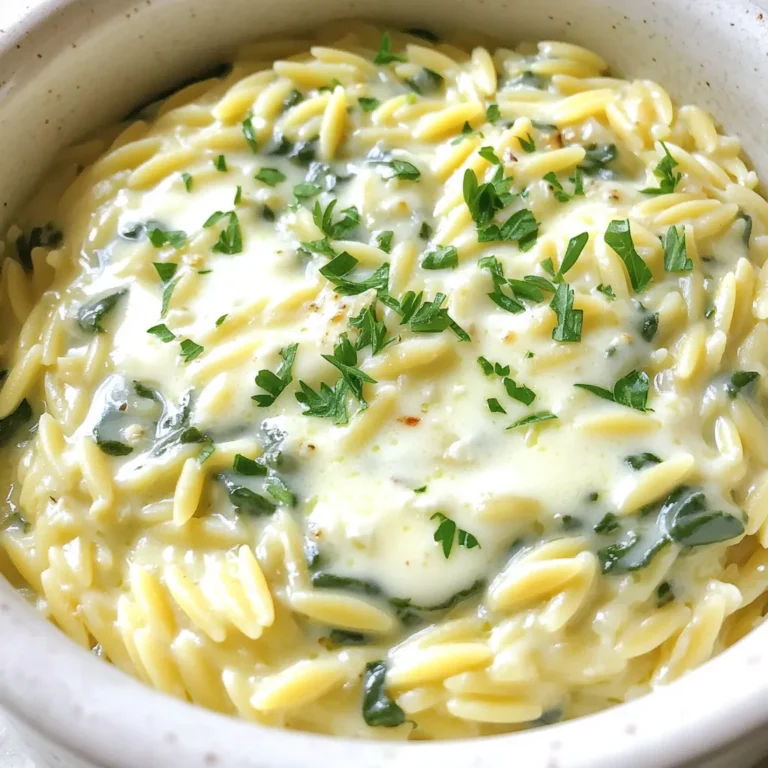 To make Minute Creamy Parmesan Orzo, gather these simple ingredients: - 1 cup orzo pasta - 4 cups vegetable broth - 1 cup heavy cream - 1 cup freshly grated Parmesan cheese - 2 tablespoons unsalted butter - 2 cloves garlic, minced - 1 cup fresh baby spinach - Salt and pepper to taste - Fresh parsley, chopped, for garnish You can easily swap some ingredients for others. Here are my top picks: - Orzo pasta: Use any small pasta, like ditalini or couscous. - Vegetable broth: Chicken broth works well for more flavor. - Heavy cream: Use half-and-half or coconut cream for a lighter option. - Parmesan cheese: Grated Pecorino Romano gives a sharper taste. - Fresh spinach: Kale or arugula makes a nice substitute. Having the right tools makes cooking easier. Here’s what you need: - Medium saucepan for cooking - Cooking spoon for stirring - Measuring cups for accuracy - Grater for cheese - Knife and cutting board for garlic and parsley These ingredients and tools will help you create a dish that is both creamy and comforting. Enjoy cooking! To start, you need to cook the orzo pasta. First, pour 4 cups of vegetable broth into a medium saucepan. Bring it to a gentle boil over medium heat. Add 1 cup of orzo pasta to the broth. Cook the orzo for about 8-10 minutes, stirring now and then. This keeps it from sticking. You want the orzo to be al dente, which means it should have a slight bite. If there’s extra broth left, drain it. After that, turn the heat to low. Now, let’s make the creamy sauce. In the same saucepan, add 2 tablespoons of unsalted butter. Let it melt over low heat. Once melted, add 2 cloves of minced garlic. Sauté it for about 1 minute until it smells good. Be careful not to let the garlic burn. Pour in 1 cup of heavy cream, stirring it well with the garlic and butter. Next, add 1 cup of freshly grated Parmesan cheese. Stir constantly until the cheese melts and the sauce looks creamy. It's time to combine everything. Add 1 cup of fresh baby spinach to the creamy sauce. Let it wilt for a minute. Then, season with salt and pepper to taste. Now, fold the cooked orzo into the creamy sauce. Make sure the orzo is fully coated with the sauce. Remove the pan from heat and let it sit for a minute. This helps the sauce thicken. Serve it warm, and sprinkle fresh chopped parsley on top for color. Enjoy your creamy Parmesan orzo! To make your orzo creamy, follow these steps: - Use fresh ingredients. Fresh Parmesan gives a better taste. - Stir often while cooking the orzo. This helps prevent sticking. - Add the cream slowly. This allows it to mix well. - Keep the heat low when adding the cheese. This helps it melt smoothly. - If the sauce seems thick, add a splash of broth. This keeps it light. Here are some common mistakes to steer clear of: - Overcooking the orzo can turn it mushy. Aim for al dente. - Not draining excess broth can make it watery. Drain if needed. - Adding cold cream straight from the fridge can shock the sauce. Let it sit out for a bit. - Skipping the garlic can rob your dish of flavor. Always include it. Serve your creamy Parmesan orzo with these ideas: - Pair it with grilled chicken for a hearty meal. - Add a side salad for a fresh touch. - Top it with more cheese for extra richness. - Garnish with fresh parsley for color and taste. - Consider serving it with roasted vegetables for a healthy option. {{image_2}} You can jazz up your creamy Parmesan orzo with tasty add-ins. Here are some ideas: - Cooked Chicken: Add grilled chicken for protein. - Shrimp: Sauté shrimp and mix them in for a seafood twist. - Bacon: Crispy bacon bits add a nice crunch. - Herbs: Fresh herbs like basil or thyme will boost the aroma. Feel free to experiment and find your favorite combo! If you want to change up the cheese, there are great options. Try these: - Pecorino Romano: This cheese adds a sharper taste. - Goat Cheese: It gives a tangy flavor that works well. - Vegan Cheese: For a dairy-free version, use a plant-based cheese. Each cheese will change the taste and make it unique. You can load your orzo with different veggies too. Here are some suggestions: - Peas: Sweet peas add a pop of color and flavor. - Zucchini: Sautéed zucchini brings a good texture. - Mushrooms: Cooked mushrooms add rich, earthy notes. - Bell Peppers: Chopped bell peppers provide crunch and sweetness. Adding these veggies not only boosts flavor but also makes the dish more nutritious! To keep your creamy Parmesan orzo fresh, let it cool first. Once cool, place it in an airtight container. It will stay good in the fridge for up to three days. Make sure to seal it tight to avoid drying out. When you want to enjoy your leftovers, reheat them on the stove. Add a splash of vegetable broth or cream to keep it creamy. Stir often until heated through. You can also use a microwave; just cover the dish and heat in short bursts. If you want to save it longer, you can freeze the orzo. Use a freezer-safe container or bag. It can last for up to two months in the freezer. When ready to eat, thaw it overnight in the fridge. Then reheat using the tips above for best results. Yes, you can make this dish gluten-free. Use gluten-free orzo or a similar gluten-free pasta. Many brands offer good options. Check the package for cooking times. If you want a lighter option, try using half-and-half. You can also use coconut cream for a dairy-free choice. Silken tofu can work too; just blend it until smooth. Leftover orzo lasts about 3 to 5 days in the fridge. Store it in an airtight container. Make sure it cools before you put it away. Absolutely! You can swap orzo for small pasta shapes like ditalini or macaroni. Just adjust cooking times based on the pasta you choose. In this post, we covered the key ingredients for making creamy orzo, including detailed lists and substitutions. I shared step-by-step instructions for cooking the orzo and making the sauce. You now know tips for perfect results and creative add-ins for variety. Finally, I covered storage tips to keep your leftovers tasty. Remember, simple changes can make your dish shine. Enjoy creating your creamy orzo masterpiece!