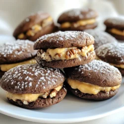 - 1 ½ cups all-purpose flour - ½ cup unsweetened cocoa powder - 1 teaspoon baking soda - ½ teaspoon salt - ½ cup unsalted butter, softened - 1 cup granulated sugar - 1 large egg - 1 teaspoon vanilla extract - ½ cup buttermilk - 1 cup mini chocolate chips - ½ cup sweetened shredded coconut - ½ cup chopped pecans - 1 cup powdered sugar - ½ cup cream cheese, softened - ¼ cup butter, softened - 1 teaspoon vanilla extract To make these German Chocolate Whoopie Pies, you need simple, tasty ingredients. The whoopie pie cookies start with flour, cocoa, baking soda, and salt. These give the cookies their rich chocolate flavor and perfect texture. Next, you'll need unsalted butter and sugar. Creaming these together makes the cookies light and fluffy. After that, add an egg and vanilla extract. These add moisture and sweetness. Buttermilk makes the cookies tender and soft. Finally, the mini chocolate chips bring extra chocolate goodness to each bite. For the filling, you will use sweetened shredded coconut and chopped pecans. These add a nice crunch and flavor. Cream cheese and butter make the filling rich and smooth. Powdered sugar sweetens the mix, while more vanilla gives it a lovely taste. Gather these ingredients, and you are ready for some fun baking! {{ingredient_image_1}} 1. Preheat the Oven and Prepare Baking Sheets: Set your oven to 350°F (175°C). Line your baking sheet with parchment paper. This helps the cookies not stick. 2. Mix the Dry Ingredients: In a bowl, whisk together 1 ½ cups of flour, ½ cup of cocoa powder, 1 teaspoon of baking soda, and ½ teaspoon of salt. This blend gives the cookies their rich taste. 3. Cream the Butter and Sugar: In a large bowl, beat ½ cup of softened butter and 1 cup of granulated sugar. Mix until the mixture is light and fluffy. This step adds air, making your cookies soft. 1. Add Egg and Vanilla Extract: Mix in 1 large egg and 1 teaspoon of vanilla extract. Stir until everything is well blended. 2. Alternate Adding Dry Mixture and Buttermilk: Add the dry mixture and ½ cup of buttermilk to the butter mixture. Start with the dry mix and end with it. Stir until just combined. This keeps the batter moist. 3. Fold in Chocolate Chips: Gently fold in 1 cup of mini chocolate chips. This adds a sweet surprise in each bite. 1. Scoop and Bake the Cookies: Use a cookie scoop or tablespoon to drop dollops of dough onto the baking sheet. Space them about 2 inches apart. Bake for 10-12 minutes. The edges should be set, but the centers may look soft. 2. Prepare the Coconut-Pecan Filling: In a medium bowl, beat together ½ cup of softened cream cheese and ¼ cup of softened butter. Add 1 cup of powdered sugar and 1 teaspoon of vanilla extract. Mix until smooth. Stir in ½ cup of shredded coconut and ½ cup of chopped pecans. 3. Assemble the Whoopie Pies: Once the cookies are cool, spread a good amount of filling on the flat side of one cookie. Top it with another cookie, creating a sandwich. This method gives you soft, delicious German Chocolate Whoopie Pies that you can enjoy or share. To make great German chocolate whoopie pies, you must measure your ingredients well. Accurate measurements lead to the right texture. Too much flour can make them dry, while too little can leave them flat. Use measuring cups for dry ingredients and a scale for precision. Cooling time is also key. After baking, let the cookies cool for five minutes on the baking sheet. Then, move them to a wire rack. Cooling prevents the cookies from getting soggy when you add the filling. Give them time to cool completely before you assemble them. This step ensures the whoopie pies stay firm and delicious. For the best flavor, chill your whoopie pies after you assemble them. I recommend a chilling time of at least 30 minutes. This time lets the flavors meld together. It makes each bite better than the last. Adjusting sweetness is another way to enhance flavor. If you find the filling too sweet, use less powdered sugar. You can also add a pinch of salt. This will balance the sweetness and make the filling taste richer. Pro Tips Chill the Batter: For thicker whoopie pies, chill the batter for 30 minutes before baking. This will help them hold their shape better. Use Room Temperature Ingredients: Ensure your butter and cream cheese are at room temperature for a smoother filling that blends easily. Experiment with Fillings: Feel free to customize the filling by adding crushed cookies or different nuts for a unique twist on flavor and texture. Storage Tips: Store whoopie pies in an airtight container in the refrigerator to keep them fresh and chewy for several days. {{image_2}} You can have fun with the filling for your German Chocolate Whoopie Pies. Cream cheese frosting adds a tangy twist. It balances the sweetness and gives a rich texture. You can also try flavored fillings like peanut butter or chocolate ganache. Each one changes the taste and keeps things exciting. Adding spices can also enhance the flavor. A pinch of cinnamon can warm up the cookies. Nutmeg adds a sweet and earthy note. These spices work well with chocolate and make your whoopie pies special. If you need to make gluten-free whoopie pies, swap the all-purpose flour for a gluten-free blend. Look for blends that include xanthan gum for better texture. This small change keeps your pies tasty and safe for those with gluten issues. For a dairy-free option, use coconut cream instead of cream cheese in the filling. Substitute almond milk for buttermilk and use dairy-free butter. These changes keep the flavor while making them suitable for everyone. Enjoy these tasty treats without worry! To keep your whoopie pies fresh, use airtight containers. A plastic container or a resealable bag works well. Place a piece of parchment paper between each pie to avoid sticking. This helps maintain their shape. For refrigeration, store them in the same airtight container. Make sure the container is sealed tight. The cold keeps the filling creamy and the cookies soft. Whoopie pies last about 2 days at room temperature. Keep them in a cool, dry place, away from sunlight. In the fridge, they can last up to a week. The chill helps keep the filling fresh and tasty. If you want the best flavor, eat them cold. The cold enhances the rich chocolate taste and creamy filling. Enjoy your delicious treats! A German Chocolate Whoopie Pie is a delightful treat. It combines soft chocolate cookies with a rich coconut-pecan filling. The name comes from German chocolate cake. This cake uses a special dark chocolate made in Germany. The whoopie pie takes that rich flavor and turns it into a sandwich cookie. This dessert is a fun twist on a classic. It’s perfect for parties, bake sales, or just a sweet snack at home. Yes, you can freeze Whoopie Pies! This is a great way to save leftovers. Start by letting them cool completely. Then, wrap each pie in plastic wrap. Place them in a freezer-safe bag or container. They can last up to three months in the freezer. When you are ready to eat them, let them thaw in the fridge. This keeps them fresh and tasty. To make the filling less sweet, try these tips: - Reduce the powdered sugar by half. This cuts down on the sweetness. - Add more cream cheese for a tangy flavor. This balances the sweetness. - Mix in a pinch of salt. Salt helps bring out other flavors and reduces sweetness. - Add unsweetened cocoa powder for a chocolatey taste. This also helps with sweetness. These tricks will give you a filling that is still delicious but not too sweet. You learned how to make delicious whoopie pie cookies. We covered the tasty ingredients for the cookies and filling. I gave step-by-step instructions for baking and assembling them. You also found tips to get the best texture and flavor. Lastly, we explored storage tips and variations for different diets. Now, enjoy making these treats with family and friends. Share your creations and have fun!