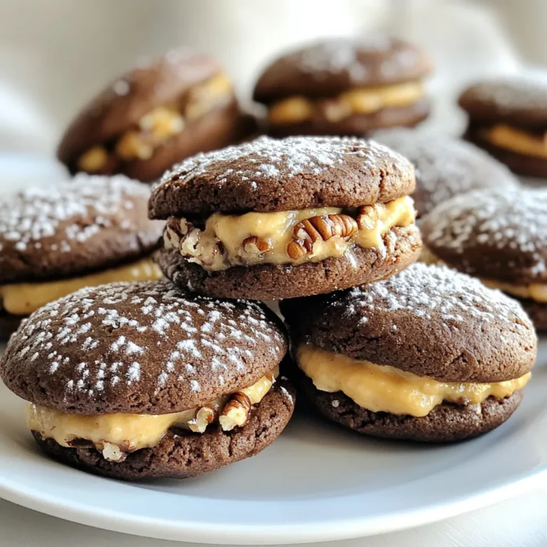 - 1 ½ cups all-purpose flour - ½ cup unsweetened cocoa powder - 1 teaspoon baking soda - ½ teaspoon salt - ½ cup unsalted butter, softened - 1 cup granulated sugar - 1 large egg - 1 teaspoon vanilla extract - ½ cup buttermilk - 1 cup mini chocolate chips - ½ cup sweetened shredded coconut - ½ cup chopped pecans - 1 cup powdered sugar - ½ cup cream cheese, softened - ¼ cup butter, softened - 1 teaspoon vanilla extract To make these German Chocolate Whoopie Pies, you need simple, tasty ingredients. The whoopie pie cookies start with flour, cocoa, baking soda, and salt. These give the cookies their rich chocolate flavor and perfect texture. Next, you'll need unsalted butter and sugar. Creaming these together makes the cookies light and fluffy. After that, add an egg and vanilla extract. These add moisture and sweetness. Buttermilk makes the cookies tender and soft. Finally, the mini chocolate chips bring extra chocolate goodness to each bite. For the filling, you will use sweetened shredded coconut and chopped pecans. These add a nice crunch and flavor. Cream cheese and butter make the filling rich and smooth. Powdered sugar sweetens the mix, while more vanilla gives it a lovely taste. Gather these ingredients, and you are ready for some fun baking! {{ingredient_image_1}} 1. Preheat the Oven and Prepare Baking Sheets: Set your oven to 350°F (175°C). Line your baking sheet with parchment paper. This helps the cookies not stick. 2. Mix the Dry Ingredients: In a bowl, whisk together 1 ½ cups of flour, ½ cup of cocoa powder, 1 teaspoon of baking soda, and ½ teaspoon of salt. This blend gives the cookies their rich taste. 3. Cream the Butter and Sugar: In a large bowl, beat ½ cup of softened butter and 1 cup of granulated sugar. Mix until the mixture is light and fluffy. This step adds air, making your cookies soft. 1. Add Egg and Vanilla Extract: Mix in 1 large egg and 1 teaspoon of vanilla extract. Stir until everything is well blended. 2. Alternate Adding Dry Mixture and Buttermilk: Add the dry mixture and ½ cup of buttermilk to the butter mixture. Start with the dry mix and end with it. Stir until just combined. This keeps the batter moist. 3. Fold in Chocolate Chips: Gently fold in 1 cup of mini chocolate chips. This adds a sweet surprise in each bite. 1. Scoop and Bake the Cookies: Use a cookie scoop or tablespoon to drop dollops of dough onto the baking sheet. Space them about 2 inches apart. Bake for 10-12 minutes. The edges should be set, but the centers may look soft. 2. Prepare the Coconut-Pecan Filling: In a medium bowl, beat together ½ cup of softened cream cheese and ¼ cup of softened butter. Add 1 cup of powdered sugar and 1 teaspoon of vanilla extract. Mix until smooth. Stir in ½ cup of shredded coconut and ½ cup of chopped pecans. 3. Assemble the Whoopie Pies: Once the cookies are cool, spread a good amount of filling on the flat side of one cookie. Top it with another cookie, creating a sandwich. This method gives you soft, delicious German Chocolate Whoopie Pies that you can enjoy or share. To make great German chocolate whoopie pies, you must measure your ingredients well. Accurate measurements lead to the right texture. Too much flour can make them dry, while too little can leave them flat. Use measuring cups for dry ingredients and a scale for precision. Cooling time is also key. After baking, let the cookies cool for five minutes on the baking sheet. Then, move them to a wire rack. Cooling prevents the cookies from getting soggy when you add the filling. Give them time to cool completely before you assemble them. This step ensures the whoopie pies stay firm and delicious. For the best flavor, chill your whoopie pies after you assemble them. I recommend a chilling time of at least 30 minutes. This time lets the flavors meld together. It makes each bite better than the last. Adjusting sweetness is another way to enhance flavor. If you find the filling too sweet, use less powdered sugar. You can also add a pinch of salt. This will balance the sweetness and make the filling taste richer. Pro Tips Chill the Batter: For thicker whoopie pies, chill the batter for 30 minutes before baking. This will help them hold their shape better. Use Room Temperature Ingredients: Ensure your butter and cream cheese are at room temperature for a smoother filling that blends easily. Experiment with Fillings: Feel free to customize the filling by adding crushed cookies or different nuts for a unique twist on flavor and texture. Storage Tips: Store whoopie pies in an airtight container in the refrigerator to keep them fresh and chewy for several days. {{image_2}} You can have fun with the filling for your German Chocolate Whoopie Pies. Cream cheese frosting adds a tangy twist. It balances the sweetness and gives a rich texture. You can also try flavored fillings like peanut butter or chocolate ganache. Each one changes the taste and keeps things exciting. Adding spices can also enhance the flavor. A pinch of cinnamon can warm up the cookies. Nutmeg adds a sweet and earthy note. These spices work well with chocolate and make your whoopie pies special. If you need to make gluten-free whoopie pies, swap the all-purpose flour for a gluten-free blend. Look for blends that include xanthan gum for better texture. This small change keeps your pies tasty and safe for those with gluten issues. For a dairy-free option, use coconut cream instead of cream cheese in the filling. Substitute almond milk for buttermilk and use dairy-free butter. These changes keep the flavor while making them suitable for everyone. Enjoy these tasty treats without worry! To keep your whoopie pies fresh, use airtight containers. A plastic container or a resealable bag works well. Place a piece of parchment paper between each pie to avoid sticking. This helps maintain their shape. For refrigeration, store them in the same airtight container. Make sure the container is sealed tight. The cold keeps the filling creamy and the cookies soft. Whoopie pies last about 2 days at room temperature. Keep them in a cool, dry place, away from sunlight. In the fridge, they can last up to a week. The chill helps keep the filling fresh and tasty. If you want the best flavor, eat them cold. The cold enhances the rich chocolate taste and creamy filling. Enjoy your delicious treats! A German Chocolate Whoopie Pie is a delightful treat. It combines soft chocolate cookies with a rich coconut-pecan filling. The name comes from German chocolate cake. This cake uses a special dark chocolate made in Germany. The whoopie pie takes that rich flavor and turns it into a sandwich cookie. This dessert is a fun twist on a classic. It’s perfect for parties, bake sales, or just a sweet snack at home. Yes, you can freeze Whoopie Pies! This is a great way to save leftovers. Start by letting them cool completely. Then, wrap each pie in plastic wrap. Place them in a freezer-safe bag or container. They can last up to three months in the freezer. When you are ready to eat them, let them thaw in the fridge. This keeps them fresh and tasty. To make the filling less sweet, try these tips: - Reduce the powdered sugar by half. This cuts down on the sweetness. - Add more cream cheese for a tangy flavor. This balances the sweetness. - Mix in a pinch of salt. Salt helps bring out other flavors and reduces sweetness. - Add unsweetened cocoa powder for a chocolatey taste. This also helps with sweetness. These tricks will give you a filling that is still delicious but not too sweet. You learned how to make delicious whoopie pie cookies. We covered the tasty ingredients for the cookies and filling. I gave step-by-step instructions for baking and assembling them. You also found tips to get the best texture and flavor. Lastly, we explored storage tips and variations for different diets. Now, enjoy making these treats with family and friends. Share your creations and have fun!