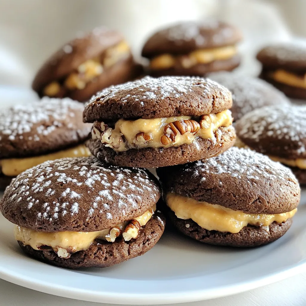 - 1 ½ cups all-purpose flour - ½ cup unsweetened cocoa powder - 1 teaspoon baking soda - ½ teaspoon salt - ½ cup unsalted butter, softened - 1 cup granulated sugar - 1 large egg - 1 teaspoon vanilla extract - ½ cup buttermilk - 1 cup mini chocolate chips - ½ cup sweetened shredded coconut - ½ cup chopped pecans - 1 cup powdered sugar - ½ cup cream cheese, softened - ¼ cup butter, softened - 1 teaspoon vanilla extract To make these German Chocolate Whoopie Pies, you need simple, tasty ingredients. The whoopie pie cookies start with flour, cocoa, baking soda, and salt. These give the cookies their rich chocolate flavor and perfect texture. Next, you'll need unsalted butter and sugar. Creaming these together makes the cookies light and fluffy. After that, add an egg and vanilla extract. These add moisture and sweetness. Buttermilk makes the cookies tender and soft. Finally, the mini chocolate chips bring extra chocolate goodness to each bite. For the filling, you will use sweetened shredded coconut and chopped pecans. These add a nice crunch and flavor. Cream cheese and butter make the filling rich and smooth. Powdered sugar sweetens the mix, while more vanilla gives it a lovely taste. Gather these ingredients, and you are ready for some fun baking! {{ingredient_image_1}} 1. Preheat the Oven and Prepare Baking Sheets: Set your oven to 350°F (175°C). Line your baking sheet with parchment paper. This helps the cookies not stick. 2. Mix the Dry Ingredients: In a bowl, whisk together 1 ½ cups of flour, ½ cup of cocoa powder, 1 teaspoon of baking soda, and ½ teaspoon of salt. This blend gives the cookies their rich taste. 3. Cream the Butter and Sugar: In a large bowl, beat ½ cup of softened butter and 1 cup of granulated sugar. Mix until the mixture is light and fluffy. This step adds air, making your cookies soft. 1. Add Egg and Vanilla Extract: Mix in 1 large egg and 1 teaspoon of vanilla extract. Stir until everything is well blended. 2. Alternate Adding Dry Mixture and Buttermilk: Add the dry mixture and ½ cup of buttermilk to the butter mixture. Start with the dry mix and end with it. Stir until just combined. This keeps the batter moist. 3. Fold in Chocolate Chips: Gently fold in 1 cup of mini chocolate chips. This adds a sweet surprise in each bite. 1. Scoop and Bake the Cookies: Use a cookie scoop or tablespoon to drop dollops of dough onto the baking sheet. Space them about 2 inches apart. Bake for 10-12 minutes. The edges should be set, but the centers may look soft. 2. Prepare the Coconut-Pecan Filling: In a medium bowl, beat together ½ cup of softened cream cheese and ¼ cup of softened butter. Add 1 cup of powdered sugar and 1 teaspoon of vanilla extract. Mix until smooth. Stir in ½ cup of shredded coconut and ½ cup of chopped pecans. 3. Assemble the Whoopie Pies: Once the cookies are cool, spread a good amount of filling on the flat side of one cookie. Top it with another cookie, creating a sandwich. This method gives you soft, delicious German Chocolate Whoopie Pies that you can enjoy or share. To make great German chocolate whoopie pies, you must measure your ingredients well. Accurate measurements lead to the right texture. Too much flour can make them dry, while too little can leave them flat. Use measuring cups for dry ingredients and a scale for precision. Cooling time is also key. After baking, let the cookies cool for five minutes on the baking sheet. Then, move them to a wire rack. Cooling prevents the cookies from getting soggy when you add the filling. Give them time to cool completely before you assemble them. This step ensures the whoopie pies stay firm and delicious. For the best flavor, chill your whoopie pies after you assemble them. I recommend a chilling time of at least 30 minutes. This time lets the flavors meld together. It makes each bite better than the last. Adjusting sweetness is another way to enhance flavor. If you find the filling too sweet, use less powdered sugar. You can also add a pinch of salt. This will balance the sweetness and make the filling taste richer. Pro Tips Chill the Batter: For thicker whoopie pies, chill the batter for 30 minutes before baking. This will help them hold their shape better. Use Room Temperature Ingredients: Ensure your butter and cream cheese are at room temperature for a smoother filling that blends easily. Experiment with Fillings: Feel free to customize the filling by adding crushed cookies or different nuts for a unique twist on flavor and texture. Storage Tips: Store whoopie pies in an airtight container in the refrigerator to keep them fresh and chewy for several days. {{image_2}} You can have fun with the filling for your German Chocolate Whoopie Pies. Cream cheese frosting adds a tangy twist. It balances the sweetness and gives a rich texture. You can also try flavored fillings like peanut butter or chocolate ganache. Each one changes the taste and keeps things exciting. Adding spices can also enhance the flavor. A pinch of cinnamon can warm up the cookies. Nutmeg adds a sweet and earthy note. These spices work well with chocolate and make your whoopie pies special. If you need to make gluten-free whoopie pies, swap the all-purpose flour for a gluten-free blend. Look for blends that include xanthan gum for better texture. This small change keeps your pies tasty and safe for those with gluten issues. For a dairy-free option, use coconut cream instead of cream cheese in the filling. Substitute almond milk for buttermilk and use dairy-free butter. These changes keep the flavor while making them suitable for everyone. Enjoy these tasty treats without worry! To keep your whoopie pies fresh, use airtight containers. A plastic container or a resealable bag works well. Place a piece of parchment paper between each pie to avoid sticking. This helps maintain their shape. For refrigeration, store them in the same airtight container. Make sure the container is sealed tight. The cold keeps the filling creamy and the cookies soft. Whoopie pies last about 2 days at room temperature. Keep them in a cool, dry place, away from sunlight. In the fridge, they can last up to a week. The chill helps keep the filling fresh and tasty. If you want the best flavor, eat them cold. The cold enhances the rich chocolate taste and creamy filling. Enjoy your delicious treats! A German Chocolate Whoopie Pie is a delightful treat. It combines soft chocolate cookies with a rich coconut-pecan filling. The name comes from German chocolate cake. This cake uses a special dark chocolate made in Germany. The whoopie pie takes that rich flavor and turns it into a sandwich cookie. This dessert is a fun twist on a classic. It’s perfect for parties, bake sales, or just a sweet snack at home. Yes, you can freeze Whoopie Pies! This is a great way to save leftovers. Start by letting them cool completely. Then, wrap each pie in plastic wrap. Place them in a freezer-safe bag or container. They can last up to three months in the freezer. When you are ready to eat them, let them thaw in the fridge. This keeps them fresh and tasty. To make the filling less sweet, try these tips: - Reduce the powdered sugar by half. This cuts down on the sweetness. - Add more cream cheese for a tangy flavor. This balances the sweetness. - Mix in a pinch of salt. Salt helps bring out other flavors and reduces sweetness. - Add unsweetened cocoa powder for a chocolatey taste. This also helps with sweetness. These tricks will give you a filling that is still delicious but not too sweet. You learned how to make delicious whoopie pie cookies. We covered the tasty ingredients for the cookies and filling. I gave step-by-step instructions for baking and assembling them. You also found tips to get the best texture and flavor. Lastly, we explored storage tips and variations for different diets. Now, enjoy making these treats with family and friends. Share your creations and have fun!