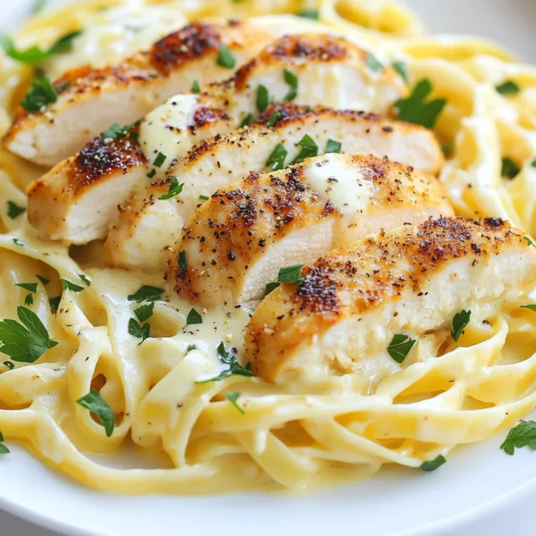 To make Chicken Alfredo Pasta, you'll need: - 2 boneless, skinless chicken breasts - 8 oz fettuccine pasta - 2 tablespoons olive oil - 4 cloves garlic, minced - 1 cup heavy cream - 1 cup grated Parmesan cheese - 1 teaspoon Italian seasoning - Salt and pepper to taste These ingredients come together to create a rich and tasty dish. The chicken gives protein, while the fettuccine adds a nice chewy texture. Garlic and cheese will add deep flavors. For added taste and look, consider these garnishes: - Fresh parsley, chopped - Freshly cracked black pepper Garnishes bring color and brightness. Fresh parsley adds a pop of green, while black pepper gives a bit of spice. You can switch things up with these ideas: - Add cooked broccoli or spinach for extra veggies. - Swap chicken for shrimp or tofu to fit your diet. - Use penne or rigatoni pasta instead of fettuccine. These options let you personalize your meal. They keep the dish exciting and can cater to different tastes and diets. {{ingredient_image_1}} Start by boiling a large pot of salted water. Add 8 ounces of fettuccine pasta to the pot. Cook it according to the package instructions until it's al dente. This usually takes about 8-10 minutes. Once done, drain the pasta and set it aside. Be sure to save 1 cup of the pasta water for later. This water will help thicken the sauce. While the pasta is cooking, take 2 boneless, skinless chicken breasts. Season them with salt, pepper, and 1 teaspoon of Italian seasoning. In a large skillet, heat 2 tablespoons of olive oil over medium heat. Add the seasoned chicken breasts to the skillet. Cook each side for about 6-7 minutes. The chicken should turn golden brown and be cooked through. Once done, remove the chicken from the skillet. Let it rest for a few minutes before slicing it into strips. In the same skillet, add 4 minced garlic cloves. Sauté them for about 30 seconds. You want the garlic to become fragrant, but not burnt. Now, pour in 1 cup of heavy cream. Stir well to combine the cream with the garlic. Let the mixture simmer for 2-3 minutes. This will help thicken the sauce slightly. Gradually whisk in 1 cup of grated Parmesan cheese until it melts and becomes smooth. If the sauce is too thick, add a splash of the reserved pasta water until you reach the right consistency. Now, add the cooked fettuccine to the skillet. Toss it well to coat the noodles in the creamy sauce. Finally, mix in the sliced chicken on top. If needed, adjust the seasoning with more salt and pepper. Enjoy your creamy Chicken Alfredo Pasta! To get the creamiest sauce, start with heavy cream. Heavy cream gives a rich taste. When you heat the cream, let it simmer gently. This helps to thicken it without burning. Add the grated Parmesan cheese slowly. Whisk it in until it melts fully. If the sauce is thick, add a bit of reserved pasta water. This keeps it smooth and creamy. For juicy chicken, choose boneless, skinless breasts. Season them well with salt, pepper, and Italian seasoning. Heat olive oil in your skillet over medium heat. Cook each side for about 6-7 minutes. You want a golden brown color. Let the chicken rest before slicing. This keeps the juices inside, making it tender. Serve Chicken Alfredo Pasta hot, right from the skillet. Garnish with fresh parsley and cracked black pepper for color. Pair this dish with a simple green salad. A crisp Caesar salad works well too. You can also serve garlic bread on the side. It’s perfect for soaking up that creamy sauce! Pro Tips Perfectly Cooked Pasta: Always cook your pasta until al dente, as it will continue to cook slightly when mixed with the sauce. This ensures your pasta maintains a good texture. Rest the Chicken: Let the chicken rest for a few minutes after cooking before slicing. This helps retain its juices, making the chicken more tender and flavorful. Quality Cheese Matters: Use freshly grated Parmesan cheese instead of pre-grated for a smoother and richer sauce. The flavor difference is significant! Adjusting Consistency: If your Alfredo sauce becomes too thick, gradually add the reserved pasta water until you achieve your desired creaminess without compromising flavor. {{image_2}} You can boost your Chicken Alfredo by adding vegetables. Try adding broccoli, spinach, or peas. These veggies add color and nutrients. They pair well with the creamy sauce. Simply steam or sauté them before mixing them in. This adds a fresh taste to your meal. If you want to swap chicken, consider shrimp or tofu. Shrimp cooks fast and adds a nice flavor. Tofu is a great choice for a plant-based meal. Both options fit well in the creamy sauce. Adjust the cooking time based on what protein you use. While fettuccine is classic, you can use other pasta. Penne, linguine, or even gluten-free pasta work nicely. Each type gives a unique texture to the dish. Just make sure to cook it al dente for the best bite. This way, your Chicken Alfredo will still be creamy and delicious. To keep your Chicken Alfredo Pasta fresh, store it in an airtight container. This helps prevent it from drying out. Let the pasta cool before sealing it. It can last in the fridge for up to three days. When you're ready to enjoy leftovers, reheat them gently. Use a skillet on low heat. Add a splash of water or cream to keep it moist. Stir often until heated through. You can also use the microwave, but cover the dish to trap steam. If you want to freeze your Chicken Alfredo Pasta, it’s best to do it before adding any garnishes. Store it in freezer-safe bags or containers. It can be frozen for up to three months. When ready to eat, thaw it overnight in the fridge. Reheat as mentioned above for best results. Yes, you can use whole wheat pasta. It adds a nutty taste and extra fiber. Whole wheat pasta also cooks well in creamy sauces. Just follow the cooking time on the package. The sauce pairs nicely with the pasta’s texture. To make a lighter version, swap heavy cream for half-and-half or milk. You can also use Greek yogurt instead of cream. This change keeps the dish creamy but cuts calories. You can add more garlic and herbs for flavor. You can use coconut milk or cashew cream instead of heavy cream. Both options give a creamy texture. They also add a unique flavor to the dish. For a dairy-free option, these are great choices. Adjust the seasoning to balance the flavors. You learned how to make tasty Chicken Alfredo Pasta with easy steps. We covered main ingredients, cooking tips, and fun variations. Remember, the key to creamy sauce is patience. Also, try adding veggies to boost flavor or use different pasta types for a twist. Store leftovers properly to keep them fresh for later. With these tips, you'll impress everyone with your dish. Cooking is fun, and now you have the skills to make it great! Enjoy your delicious meal!