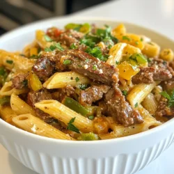 - 8 oz. pasta (penne or fusilli) - 1 lb. sirloin steak, thinly sliced - 1 tablespoon olive oil - 1 green bell pepper, sliced - 1 onion, sliced - 2 cloves garlic, minced - 1 cup beef broth - 1 tablespoon Worcestershire sauce - 8 oz. cream cheese, softened - 1 cup shredded provolone cheese - Salt and pepper to taste - Fresh parsley for garnish To start, gather all your ingredients. This makes cooking smoother and more fun. Use 8 oz. of pasta, like penne or fusilli. These shapes hold sauce well. Next, you need 1 lb. of thinly sliced sirloin steak. It gives great flavor. Add 1 tablespoon of olive oil for cooking. You’ll also need 1 green bell pepper and 1 onion, both sliced. They add crunch and taste. Don't forget 2 cloves of minced garlic for a pop of flavor. Next, grab 1 cup of beef broth and 1 tablespoon of Worcestershire sauce. These will make your dish rich. You’ll add 8 oz. of softened cream cheese to create a creamy sauce. Finally, have 1 cup of shredded provolone cheese ready. It melts beautifully. Season with salt and pepper to taste. Don’t forget fresh parsley for garnish. This adds color and freshness. With these ingredients, you’re set to make a tasty Philly cheesesteak pasta! {{ingredient_image_1}} First, cook your pasta. Use penne or fusilli for the best result. Follow the package directions until the pasta is al dente. This means it should be firm but not hard. After cooking, drain the pasta. Set it aside in a bowl for later. Now, let’s cook the sirloin steak. Heat one tablespoon of olive oil in a large skillet over medium-high heat. Add the thinly sliced sirloin and season with salt and pepper. Cook for about 3 to 4 minutes. You want it browned but not overcooked. When done, remove the steak from the skillet and set it aside. Next, it's time for the veggies. In the same skillet, add the sliced green bell pepper and onion. Sauté them for about 5 minutes until they are tender. Then add the minced garlic and cook for one more minute. This adds great flavor to your dish. Return the cooked steak to the skillet with the vegetables. Pour in one cup of beef broth and one tablespoon of Worcestershire sauce. Let this simmer for about 2 to 3 minutes. This step brings all the flavors together. Lower the heat and add the softened cream cheese. Stir it well until it melts and mixes into a creamy sauce. This sauce will coat the pasta nicely. Now, mix in the cooked pasta and half of the shredded provolone cheese. Toss everything together until combined. Adjust the seasoning with more salt and pepper if needed. Finally, transfer the mixture to a serving dish. Top it with the remaining provolone cheese. This makes it look fancy and appetizing. - Choose penne or fusilli for the best bite. These shapes hold the sauce well. - For the sirloin, slice it thinly against the grain. This makes it tender and easy to chew. - To melt the cream cheese smoothly, cut it into small chunks. This helps it blend better. - Taste the sauce before serving. Adjust with salt and pepper as needed. - Garnish your dish with fresh parsley. This adds a pop of color and freshness. - Serve it hot in a nice bowl. You can also sprinkle crushed red pepper for some heat. Pro Tips Use Thin Slices: For the best texture and flavor, make sure to slice the sirloin steak as thinly as possible. This will help it cook quickly and evenly. Don't Overcook the Vegetables: Sauté the bell pepper and onion just until they're tender. You want them to retain some crunch for added texture in the dish. Customize Your Cheese: While provolone is traditional, feel free to mix in other cheeses like mozzarella or cheddar for a unique flavor profile. Add Spice: For an extra kick, consider adding crushed red pepper flakes or a dash of hot sauce when mixing in the sauce for a bit of heat. {{image_2}} You can switch up the protein in this dish. Instead of sirloin, try chicken or tofu. Both options work well. Chicken gives a lighter taste, while tofu adds a nice texture. Cheese is another area to get creative. Provolone is tasty, but you can use mozzarella or cheddar too. Each cheese brings a different flavor. If you need a gluten-free version, use gluten-free pasta. Many brands offer great options that taste just as good. This swap keeps the dish hearty and satisfying. For a vegan adaptation, replace the cream cheese with a plant-based version. Also, use a meat alternative like jackfruit or tempeh. This keeps the meal flavorful and plant-based. To boost flavor, add spices like paprika or Italian seasoning. Fresh herbs like basil or oregano also work well. These simple additions can elevate your dish. Switching the bell pepper colors can change the look and taste. Red or yellow peppers add a bit of sweetness. Mixing colors can make the dish more vibrant and appealing. To keep your Philly Cheesesteak Pasta fresh, store it in an airtight container. This helps prevent moisture loss and keeps it from absorbing other fridge odors. Let the pasta cool down before sealing it. If you do this, it will stay tasty for about 3 to 5 days in the fridge. When you want to enjoy your leftovers, the best way to reheat pasta is on the stove. Place it in a skillet over low heat. Add a splash of beef broth or water to keep it moist. Stir gently until heated through. This method helps maintain the creamy texture and rich flavor. You can also use a microwave, but be careful not to overheat. Stir every minute to ensure even heating. Enjoy your delicious pasta! You can add crushed red pepper flakes. Just sprinkle a little on top. You can also use spicy sausage instead of sirloin. Another option is to add jalapeños for a fresh kick. Start with a small amount and taste as you go. Yes, you can use shredded cheese. However, it will change the texture. Cream cheese gives a creamy sauce that coats the pasta well. Shredded cheese will melt but may not blend as smoothly. If you choose shredded cheese, mix it with a bit of milk for creaminess. Yes, you can prepare it ahead. Cook the pasta and steak, then store them separately. Combine them with the sauce just before serving. This way, the pasta stays fresh and does not get mushy. You can also freeze it for later meals, but the texture may change. Philly Cheesesteak Pasta pairs well with a simple green salad. You can also serve garlic bread on the side. If you want something warm, try roasted vegetables. For a fun twist, serve it with potato chips for crunch. This blog post covered how to create a delicious Philly Cheesesteak Pasta. We discussed the ingredients, step-by-step instructions, and tips for cooking and storing. You now have ideas for variations to fit your taste, and answers to common questions. Enjoy making this dish, and have fun personalizing it! You’ll impress your family and friends with your cooking skills. Remember, cooking is about joy and creativity. Grab your ingredients and start your culinary adventure today!