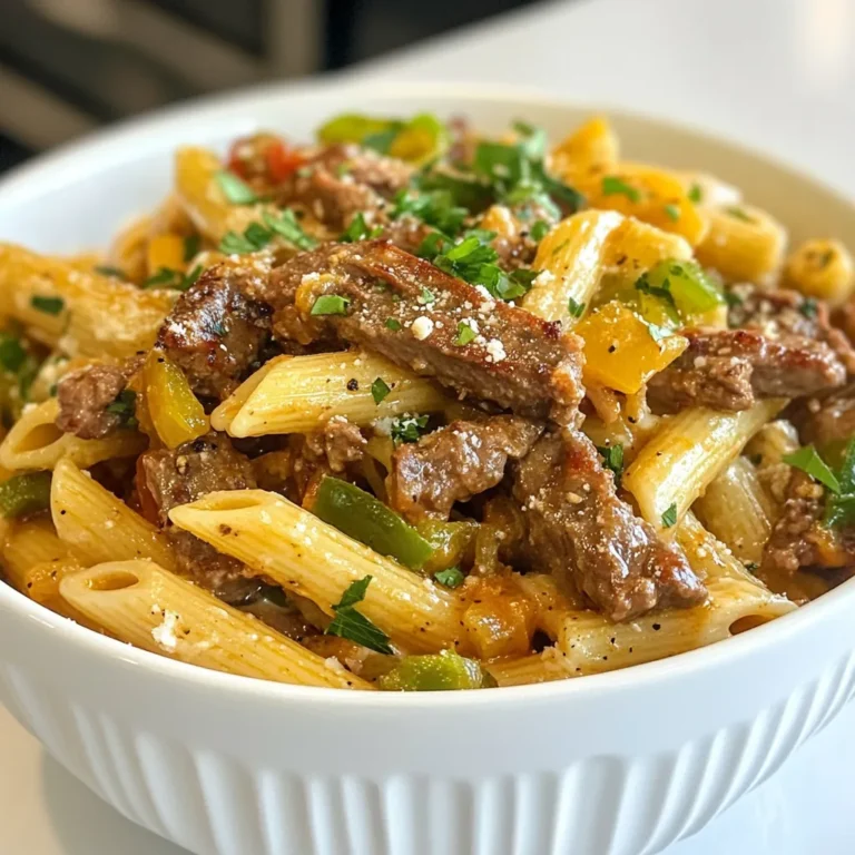 - 8 oz. pasta (penne or fusilli) - 1 lb. sirloin steak, thinly sliced - 1 tablespoon olive oil - 1 green bell pepper, sliced - 1 onion, sliced - 2 cloves garlic, minced - 1 cup beef broth - 1 tablespoon Worcestershire sauce - 8 oz. cream cheese, softened - 1 cup shredded provolone cheese - Salt and pepper to taste - Fresh parsley for garnish To start, gather all your ingredients. This makes cooking smoother and more fun. Use 8 oz. of pasta, like penne or fusilli. These shapes hold sauce well. Next, you need 1 lb. of thinly sliced sirloin steak. It gives great flavor. Add 1 tablespoon of olive oil for cooking. You’ll also need 1 green bell pepper and 1 onion, both sliced. They add crunch and taste. Don't forget 2 cloves of minced garlic for a pop of flavor. Next, grab 1 cup of beef broth and 1 tablespoon of Worcestershire sauce. These will make your dish rich. You’ll add 8 oz. of softened cream cheese to create a creamy sauce. Finally, have 1 cup of shredded provolone cheese ready. It melts beautifully. Season with salt and pepper to taste. Don’t forget fresh parsley for garnish. This adds color and freshness. With these ingredients, you’re set to make a tasty Philly cheesesteak pasta! {{ingredient_image_1}} First, cook your pasta. Use penne or fusilli for the best result. Follow the package directions until the pasta is al dente. This means it should be firm but not hard. After cooking, drain the pasta. Set it aside in a bowl for later. Now, let’s cook the sirloin steak. Heat one tablespoon of olive oil in a large skillet over medium-high heat. Add the thinly sliced sirloin and season with salt and pepper. Cook for about 3 to 4 minutes. You want it browned but not overcooked. When done, remove the steak from the skillet and set it aside. Next, it's time for the veggies. In the same skillet, add the sliced green bell pepper and onion. Sauté them for about 5 minutes until they are tender. Then add the minced garlic and cook for one more minute. This adds great flavor to your dish. Return the cooked steak to the skillet with the vegetables. Pour in one cup of beef broth and one tablespoon of Worcestershire sauce. Let this simmer for about 2 to 3 minutes. This step brings all the flavors together. Lower the heat and add the softened cream cheese. Stir it well until it melts and mixes into a creamy sauce. This sauce will coat the pasta nicely. Now, mix in the cooked pasta and half of the shredded provolone cheese. Toss everything together until combined. Adjust the seasoning with more salt and pepper if needed. Finally, transfer the mixture to a serving dish. Top it with the remaining provolone cheese. This makes it look fancy and appetizing. - Choose penne or fusilli for the best bite. These shapes hold the sauce well. - For the sirloin, slice it thinly against the grain. This makes it tender and easy to chew. - To melt the cream cheese smoothly, cut it into small chunks. This helps it blend better. - Taste the sauce before serving. Adjust with salt and pepper as needed. - Garnish your dish with fresh parsley. This adds a pop of color and freshness. - Serve it hot in a nice bowl. You can also sprinkle crushed red pepper for some heat. Pro Tips Use Thin Slices: For the best texture and flavor, make sure to slice the sirloin steak as thinly as possible. This will help it cook quickly and evenly. Don't Overcook the Vegetables: Sauté the bell pepper and onion just until they're tender. You want them to retain some crunch for added texture in the dish. Customize Your Cheese: While provolone is traditional, feel free to mix in other cheeses like mozzarella or cheddar for a unique flavor profile. Add Spice: For an extra kick, consider adding crushed red pepper flakes or a dash of hot sauce when mixing in the sauce for a bit of heat. {{image_2}} You can switch up the protein in this dish. Instead of sirloin, try chicken or tofu. Both options work well. Chicken gives a lighter taste, while tofu adds a nice texture. Cheese is another area to get creative. Provolone is tasty, but you can use mozzarella or cheddar too. Each cheese brings a different flavor. If you need a gluten-free version, use gluten-free pasta. Many brands offer great options that taste just as good. This swap keeps the dish hearty and satisfying. For a vegan adaptation, replace the cream cheese with a plant-based version. Also, use a meat alternative like jackfruit or tempeh. This keeps the meal flavorful and plant-based. To boost flavor, add spices like paprika or Italian seasoning. Fresh herbs like basil or oregano also work well. These simple additions can elevate your dish. Switching the bell pepper colors can change the look and taste. Red or yellow peppers add a bit of sweetness. Mixing colors can make the dish more vibrant and appealing. To keep your Philly Cheesesteak Pasta fresh, store it in an airtight container. This helps prevent moisture loss and keeps it from absorbing other fridge odors. Let the pasta cool down before sealing it. If you do this, it will stay tasty for about 3 to 5 days in the fridge. When you want to enjoy your leftovers, the best way to reheat pasta is on the stove. Place it in a skillet over low heat. Add a splash of beef broth or water to keep it moist. Stir gently until heated through. This method helps maintain the creamy texture and rich flavor. You can also use a microwave, but be careful not to overheat. Stir every minute to ensure even heating. Enjoy your delicious pasta! You can add crushed red pepper flakes. Just sprinkle a little on top. You can also use spicy sausage instead of sirloin. Another option is to add jalapeños for a fresh kick. Start with a small amount and taste as you go. Yes, you can use shredded cheese. However, it will change the texture. Cream cheese gives a creamy sauce that coats the pasta well. Shredded cheese will melt but may not blend as smoothly. If you choose shredded cheese, mix it with a bit of milk for creaminess. Yes, you can prepare it ahead. Cook the pasta and steak, then store them separately. Combine them with the sauce just before serving. This way, the pasta stays fresh and does not get mushy. You can also freeze it for later meals, but the texture may change. Philly Cheesesteak Pasta pairs well with a simple green salad. You can also serve garlic bread on the side. If you want something warm, try roasted vegetables. For a fun twist, serve it with potato chips for crunch. This blog post covered how to create a delicious Philly Cheesesteak Pasta. We discussed the ingredients, step-by-step instructions, and tips for cooking and storing. You now have ideas for variations to fit your taste, and answers to common questions. Enjoy making this dish, and have fun personalizing it! You’ll impress your family and friends with your cooking skills. Remember, cooking is about joy and creativity. Grab your ingredients and start your culinary adventure today!