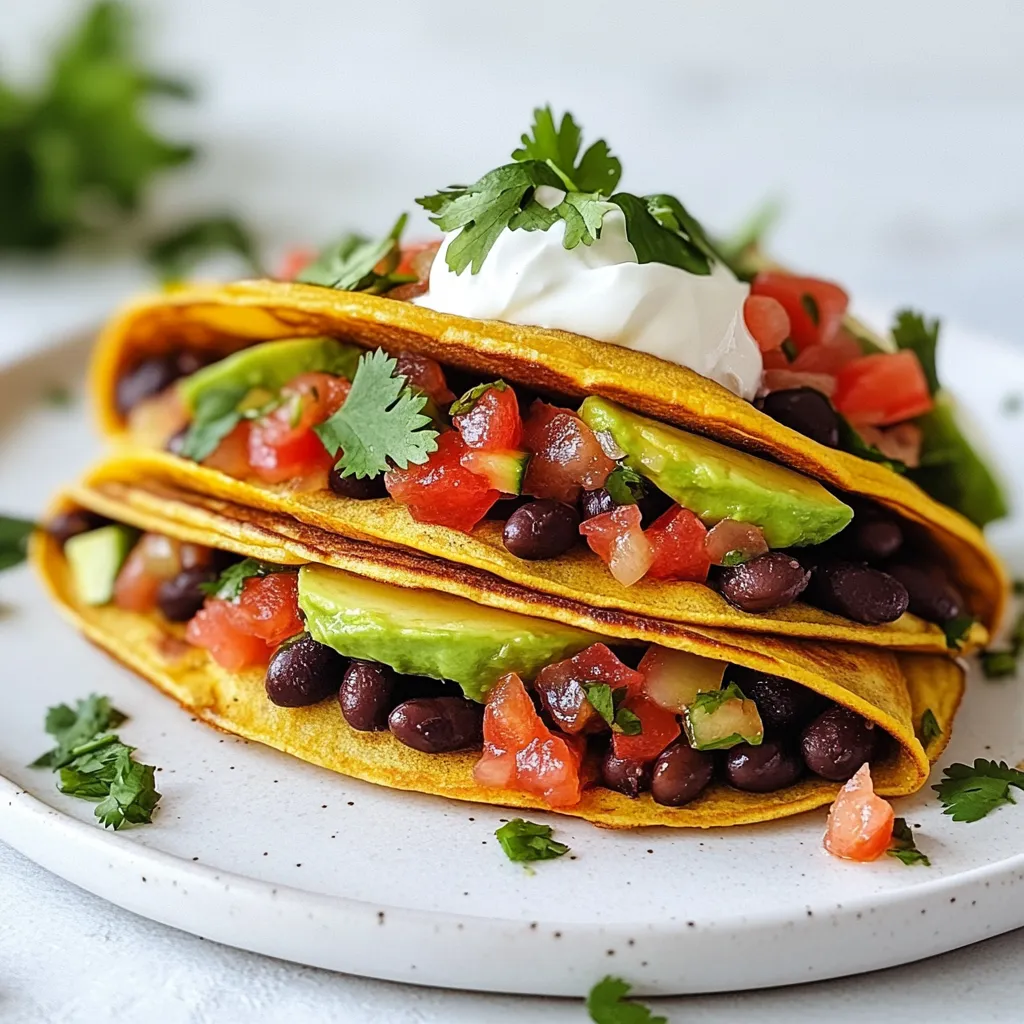 For tasty savory pancake tacos, gather these key items: - 1 cup all-purpose flour - 1 cup buttermilk (or milk with 1 tablespoon vinegar added) - 1 large egg - 1 teaspoon baking powder - 1/2 teaspoon baking soda - 1/2 teaspoon salt - 1/2 cup shredded cheese (cheddar or Mexican blend) - 1 small jalapeño, finely chopped (optional) These main ingredients create a fluffy and flavorful pancake base. The buttermilk adds a nice tang and moisture. The cheese gives your pancakes a cheesy flavor that makes them special. You can add more fun to your savory pancake tacos with these toppings: - 1 avocado, sliced - 1 cup cooked black beans - 1 cup pico de gallo - Fresh cilantro for garnish - Sour cream for topping These toppings bring freshness and creaminess to your tacos. The black beans add protein, while pico de gallo gives a burst of flavor. If you need to swap out ingredients, here are some ideas: - Use whole wheat flour for a healthier option. - Try almond milk if you want a dairy-free version. - Replace cheese with nutritional yeast for a vegan twist. - Skip the jalapeño if you prefer no spice. These substitutions still keep your savory pancake tacos delicious. You can customize them to fit your diet or taste. {{ingredient_image_1}} To begin, gather your ingredients. You will need: - 1 cup all-purpose flour - 1 teaspoon baking powder - 1/2 teaspoon baking soda - 1/2 teaspoon salt - 1 cup buttermilk (or milk with 1 tablespoon vinegar) - 1 large egg - 1/2 cup shredded cheese - 1 small jalapeño, finely chopped (optional) In a large bowl, mix the flour, baking powder, baking soda, and salt. Stir until blended. In another bowl, whisk together the buttermilk and egg. Combine the wet and dry mixes gently. Don’t overmix! Fold in the shredded cheese and jalapeño if you like some heat. Next, heat a non-stick skillet over medium heat. Lightly grease it with cooking oil. Pour a ladleful of batter into the skillet, making a round shape about 6 inches wide. Cook until bubbles form on the surface, which takes around 2 to 3 minutes. Flip the pancake and cook for another 2 minutes until golden brown. Repeat this until you have about 6 to 8 pancakes. Now it's time to bring it all together. Warm your black beans in a small saucepan. To assemble, take one pancake and add a spoonful of black beans, a few slices of avocado, and a good amount of pico de gallo. Fold the pancake like a taco. Repeat this for the rest of the pancakes. Serve warm, topped with fresh cilantro and a dollop of sour cream. Enjoy your tasty savory pancake tacos! To get the best pancake texture, mix your batter gently. Overmixing causes tough pancakes. The batter should look slightly lumpy; it's okay! Let it rest for a few minutes. This helps the pancakes rise better when cooked. Use a non-stick skillet for even cooking. Medium heat is key; too hot will burn the pancakes. You can amp up the flavor of your pancakes easily. Add spices like cumin or smoked paprika to the batter. Fresh herbs, like chopped cilantro or green onions, can also brighten the taste. If you like heat, include more jalapeños or even a pinch of crushed red pepper. Topping with sour cream adds creaminess and balances the flavors. One common mistake is not prepping the skillet right. Make sure it’s hot and lightly greased before pouring the batter. If you flip too soon, the pancake may fall apart. Also, don’t skip the cheese! It adds great flavor and helps hold the taco together. Lastly, avoid stacking hot pancakes without parchment paper; they may stick together. Pro Tips Use Room Temperature Ingredients: Make sure your egg and buttermilk are at room temperature for a smoother batter and fluffier pancakes. Customize Your Fillings: Feel free to add other toppings like grilled chicken, sautéed vegetables, or different cheeses to create your perfect taco pancake. Keep Pancakes Warm: If you're making a large batch, keep the cooked pancakes warm in a low oven (around 200°F) until you're ready to serve. Experiment with Spices: Add spices like cumin or smoked paprika to the pancake batter for an extra layer of flavor that complements the toppings. {{image_2}} You can easily adapt savory pancake tacos for vegetarians and vegans. For vegetarian tacos, use cheese made from plants. For vegans, swap the egg with flaxseed meal. Mix one tablespoon of flaxseed meal with three tablespoons of water. Let it sit for a few minutes until it thickens. Also, use almond or soy milk instead of buttermilk. This way, you keep the flavor while being plant-based. Adjust the spice level to suit your taste. If you like heat, add more jalapeños to the batter. You can also include diced green chilies for extra kick. For a milder option, skip the jalapeños and use sweet bell peppers instead. This helps keep the pancakes flavorful without the heat. Your savory pancake tacos can be as creative as you want! Instead of black beans, try refried beans or lentils. For extra crunch, add some corn or diced bell peppers. You can even use pulled pork or seasoned chicken for a heartier meal. Top with fresh salsa, guacamole, or even a drizzle of hot sauce. Each twist makes a new flavor adventure every time you serve these tacos. To store leftover pancake tacos, let them cool first. Place them in an airtight container. You can keep them in the fridge for up to three days. If you plan to eat them later, keep the toppings separate. This keeps the pancakes fresh and prevents sogginess. To reheat, you can use a skillet or microwave. For the skillet, warm it on medium heat. Add a little oil and heat each taco for about one minute on each side. This makes them crispy again. For the microwave, place the taco on a plate. Heat for about 30 seconds. Check if it’s warm enough. If not, heat in 10-second bursts until hot. You can freeze savory pancakes too! Let them cool completely. Then, stack them with parchment paper in between. Place them in a freezer bag or airtight container. They will last up to three months. When you’re ready to eat, thaw them overnight in the fridge. Reheat as mentioned above. Enjoy your tasty taco anytime! Savory pancake tacos are a fun twist on traditional pancakes. They are made from a savory batter that includes flour, buttermilk, and cheese. You cook these pancakes until they are golden brown and then fill them like tacos. Fillings can include black beans, avocado, and pico de gallo. The result is a tasty meal that combines breakfast and lunch. You can enjoy them for any meal of the day. Yes, you can easily make these pancakes gluten-free. Simply replace all-purpose flour with a gluten-free flour blend. Ensure the blend you use has a good structure to hold the pancake together. You may also need to adjust the liquid slightly. Always check that other ingredients, like baking powder, are gluten-free too. This way, everyone can enjoy savory pancake tacos. You can customize the fillings to match your taste. Start with cooked black beans, which add protein and fiber. Then, add sliced avocado for creaminess. You can also include salsa or pico de gallo for a fresh bite. For extra flavor, try adding cooked chicken, ground beef, or grilled veggies. Don't forget toppings like sour cream or fresh cilantro to enhance the dish. The options are endless! Savory pancake tacos offer a fun twist on a favorite dish. We explored key ingredients and how to prepare them. Remember, you can customize toppings and fillings to your taste. Use my tips to avoid common mistakes and achieve the best texture. Plus, the variations, from vegetarian to spicy, keep things exciting. You can store leftovers and enjoy them later. Dive into this easy recipe, and make it your own! Enjoy your tasty pancake tacos any time.