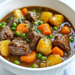 - 2 lbs beef chuck - 4 cups beef broth - 3 medium carrots - 3 medium potatoes - 1 large onion - 3 garlic cloves - 2 tablespoons tomato paste - 1 teaspoon dried thyme - 1 teaspoon dried rosemary - 2 bay leaves - 1 tablespoon Worcestershire sauce - Salt and pepper - 3 tablespoons olive oil - 1 cup frozen peas - Fresh parsley for garnish Gathering the right ingredients is key to making a great beef stew. The beef chuck is your star. It gives the stew its rich flavor. Cut it into 1-inch cubes. This size helps the meat cook evenly. Next, collect your veggies. You will need carrots, potatoes, onion, and garlic. The carrots add sweetness. The potatoes create a hearty base. The onion and garlic build layers of flavor. Don't forget tomato paste! It adds depth and richness. Seasonings are vital. Dried thyme and rosemary work well with beef. They add an earthy taste. Bay leaves enhance the stew's aroma. Worcestershire sauce brings a savory kick. Salt and pepper will elevate everything. You can add frozen peas for color and sweetness. Fresh parsley makes a lovely garnish. It adds a pop of green and freshness. With these ingredients, you're ready to create a comforting and flavorful beef stew. Enjoy the process and the delicious results! {{ingredient_image_1}} To start, heat 3 tablespoons of olive oil in a large pot over medium-high heat. Add the beef cubes in batches. Sear each side until they turn a nice brown. This should take about 5 to 6 minutes for each batch. Once browned, remove the beef from the pot and set it aside. This step locks in the flavor and gives a rich taste. Next, in the same pot, toss in the chopped onion and minced garlic. Sauté them for about 3 minutes. You want the onion to be soft and clear. Then, add 2 tablespoons of tomato paste. This adds a deep flavor. Stir for another minute to mix it well. Now, return the browned beef to the pot. Pour in 4 cups of beef broth. This will help create a rich base. Then, add 3 sliced carrots and 3 cubed potatoes. For seasoning, add 1 teaspoon of dried thyme, 1 teaspoon of dried rosemary, 2 bay leaves, and 1 tablespoon of Worcestershire sauce. Don’t forget salt and pepper to taste! Bring everything to a boil. Once it boils, reduce the heat to low. Cover the pot and let it simmer. This stage takes about 1.5 to 2 hours. Stir it occasionally. The goal is for the beef and veggies to become tender and flavorful. About 10 minutes before serving, stir in 1 cup of frozen peas. This keeps their bright color and crunch. Taste the stew and adjust the seasoning if needed. A little extra salt or pepper can make a big difference! To make your beef stew even better, try adding red wine. It adds depth and richness. You can also mix in additional herbs. Fresh thyme or parsley can brighten the dish. Using homemade beef broth is a great choice. It gives a fuller taste than store-bought. You can easily make beef broth from leftover bones and scraps. When cooking beef stew, the right pot matters. A Dutch oven works best. It holds heat well and cooks evenly. This helps your beef become tender. To avoid tough meat, choose the right cut. Beef chuck is ideal because it becomes soft during cooking. Always brown your beef well before simmering. This step adds flavor. Presentation matters as much as taste. Ladle your stew into deep bowls. This makes it look warm and inviting. Garnish with fresh parsley for color and freshness. It adds a nice touch. Serve your stew with crusty bread on the side. This way, you can dip into the rich sauce. Pro Tips Brown the Meat Properly: Ensure the beef is well-browned to develop rich flavors. Avoid overcrowding the pan to achieve a good sear. Use Fresh Herbs: Fresh thyme and rosemary can elevate the dish. If using dried herbs, reduce the quantity as they are more potent. Let it Rest: After cooking, allow the stew to sit for 10-15 minutes before serving. This helps the flavors meld together. Thicken the Stew: For a heartier stew, mash a few pieces of the potato against the side of the pot and stir them back in. {{image_2}} You can change the cut of beef in this stew. Try using brisket or round. These cuts can give a different texture and flavor. If you want a leaner option, use sirloin. Each cut has its own charm. You can also swap out vegetables based on what you have. Instead of carrots, try parsnips. They add a nice sweetness. You can use sweet potatoes instead of regular potatoes for a twist. Green beans can replace peas if you prefer. If you need gluten-free options, check your beef broth. Some brands add gluten. Use a gluten-free broth to keep the stew safe. Also, avoid Worcestershire sauce, as it can contain gluten. For low-sodium alternatives, choose low-sodium beef broth. You can skip salt until serving. Taste as you go, and add salt later if needed. This way, you control the flavor without too much sodium. You can make this stew in a slow cooker. After browning the beef, add all the ingredients to the slow cooker. Cook on low for 6-8 hours. This method makes the beef very tender and juicy. If you have an Instant Pot, use it for a quicker method. Add all the ingredients to the pot. Seal the lid and cook on high pressure for about 35 minutes. Let the pressure release naturally for best results. These variations can help you enjoy beef stew your way. To store leftovers, let the beef stew cool first. Place it in airtight containers. I recommend using glass containers for easy reheating. You can also use plastic, but make sure they are safe for heat. Label the containers with the date. This helps you remember when you made it. To freeze beef stew, let it cool completely. Transfer it to freezer-safe bags or containers. Remove as much air as possible to prevent freezer burn. When you want to eat it, thaw the stew in the fridge overnight. You can also use the microwave for quick thawing. To reheat, warm it on the stove or in the microwave until it's hot throughout. Beef stew lasts about 3 to 4 days in the fridge. After that, it may spoil. Signs of spoilage include a sour smell or changes in color. If you see any mold, throw it away immediately. For the best taste, enjoy your stew within this time frame. Always trust your senses when it comes to food safety. To thicken your beef stew, you can use cornstarch or flour. Mix one tablespoon of cornstarch with two tablespoons of cold water. Stir this into the stew near the end of cooking. For flour, dust the beef with it before browning. This helps create a thicker stew. Both methods work well and give a nice texture. Yes, making beef stew a day ahead has many benefits. It allows the flavors to meld together. The next day, you will find the stew tastes even better. Just let it cool and store it in the fridge. Reheat gently before serving. You can serve beef stew with many sides. Here are some great options: - Crusty bread for dipping - Mashed potatoes for extra comfort - A fresh green salad for balance - Buttered noodles for a cozy touch These sides complement the stew and make a hearty meal. Yes, adding wine can enhance the flavor of your beef stew. Red wine works best for this dish. Use a dry red wine like Cabernet Sauvignon or Merlot. Add it after browning the beef. Let it cook down for a few minutes before adding broth. This will deepen the taste and make your stew richer. You now have all the tools to create a delicious beef stew. We explored key ingredients like beef chuck, broth, and veggies. I shared tips for better flavor, cooking techniques, and variations if you want something different. Plus, I provided storage advice so you keep leftovers fresh. With this knowledge, you can enjoy a warm, hearty meal anytime. Cooking beef stew isn't just about food; it's about comfort and home. So grab your ingredients and start simmering!