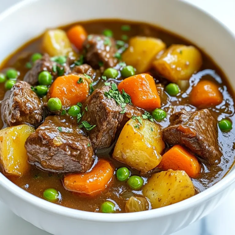 - 2 lbs beef chuck - 4 cups beef broth - 3 medium carrots - 3 medium potatoes - 1 large onion - 3 garlic cloves - 2 tablespoons tomato paste - 1 teaspoon dried thyme - 1 teaspoon dried rosemary - 2 bay leaves - 1 tablespoon Worcestershire sauce - Salt and pepper - 3 tablespoons olive oil - 1 cup frozen peas - Fresh parsley for garnish Gathering the right ingredients is key to making a great beef stew. The beef chuck is your star. It gives the stew its rich flavor. Cut it into 1-inch cubes. This size helps the meat cook evenly. Next, collect your veggies. You will need carrots, potatoes, onion, and garlic. The carrots add sweetness. The potatoes create a hearty base. The onion and garlic build layers of flavor. Don't forget tomato paste! It adds depth and richness. Seasonings are vital. Dried thyme and rosemary work well with beef. They add an earthy taste. Bay leaves enhance the stew's aroma. Worcestershire sauce brings a savory kick. Salt and pepper will elevate everything. You can add frozen peas for color and sweetness. Fresh parsley makes a lovely garnish. It adds a pop of green and freshness. With these ingredients, you're ready to create a comforting and flavorful beef stew. Enjoy the process and the delicious results! {{ingredient_image_1}} To start, heat 3 tablespoons of olive oil in a large pot over medium-high heat. Add the beef cubes in batches. Sear each side until they turn a nice brown. This should take about 5 to 6 minutes for each batch. Once browned, remove the beef from the pot and set it aside. This step locks in the flavor and gives a rich taste. Next, in the same pot, toss in the chopped onion and minced garlic. Sauté them for about 3 minutes. You want the onion to be soft and clear. Then, add 2 tablespoons of tomato paste. This adds a deep flavor. Stir for another minute to mix it well. Now, return the browned beef to the pot. Pour in 4 cups of beef broth. This will help create a rich base. Then, add 3 sliced carrots and 3 cubed potatoes. For seasoning, add 1 teaspoon of dried thyme, 1 teaspoon of dried rosemary, 2 bay leaves, and 1 tablespoon of Worcestershire sauce. Don’t forget salt and pepper to taste! Bring everything to a boil. Once it boils, reduce the heat to low. Cover the pot and let it simmer. This stage takes about 1.5 to 2 hours. Stir it occasionally. The goal is for the beef and veggies to become tender and flavorful. About 10 minutes before serving, stir in 1 cup of frozen peas. This keeps their bright color and crunch. Taste the stew and adjust the seasoning if needed. A little extra salt or pepper can make a big difference! To make your beef stew even better, try adding red wine. It adds depth and richness. You can also mix in additional herbs. Fresh thyme or parsley can brighten the dish. Using homemade beef broth is a great choice. It gives a fuller taste than store-bought. You can easily make beef broth from leftover bones and scraps. When cooking beef stew, the right pot matters. A Dutch oven works best. It holds heat well and cooks evenly. This helps your beef become tender. To avoid tough meat, choose the right cut. Beef chuck is ideal because it becomes soft during cooking. Always brown your beef well before simmering. This step adds flavor. Presentation matters as much as taste. Ladle your stew into deep bowls. This makes it look warm and inviting. Garnish with fresh parsley for color and freshness. It adds a nice touch. Serve your stew with crusty bread on the side. This way, you can dip into the rich sauce. Pro Tips Brown the Meat Properly: Ensure the beef is well-browned to develop rich flavors. Avoid overcrowding the pan to achieve a good sear. Use Fresh Herbs: Fresh thyme and rosemary can elevate the dish. If using dried herbs, reduce the quantity as they are more potent. Let it Rest: After cooking, allow the stew to sit for 10-15 minutes before serving. This helps the flavors meld together. Thicken the Stew: For a heartier stew, mash a few pieces of the potato against the side of the pot and stir them back in. {{image_2}} You can change the cut of beef in this stew. Try using brisket or round. These cuts can give a different texture and flavor. If you want a leaner option, use sirloin. Each cut has its own charm. You can also swap out vegetables based on what you have. Instead of carrots, try parsnips. They add a nice sweetness. You can use sweet potatoes instead of regular potatoes for a twist. Green beans can replace peas if you prefer. If you need gluten-free options, check your beef broth. Some brands add gluten. Use a gluten-free broth to keep the stew safe. Also, avoid Worcestershire sauce, as it can contain gluten. For low-sodium alternatives, choose low-sodium beef broth. You can skip salt until serving. Taste as you go, and add salt later if needed. This way, you control the flavor without too much sodium. You can make this stew in a slow cooker. After browning the beef, add all the ingredients to the slow cooker. Cook on low for 6-8 hours. This method makes the beef very tender and juicy. If you have an Instant Pot, use it for a quicker method. Add all the ingredients to the pot. Seal the lid and cook on high pressure for about 35 minutes. Let the pressure release naturally for best results. These variations can help you enjoy beef stew your way. To store leftovers, let the beef stew cool first. Place it in airtight containers. I recommend using glass containers for easy reheating. You can also use plastic, but make sure they are safe for heat. Label the containers with the date. This helps you remember when you made it. To freeze beef stew, let it cool completely. Transfer it to freezer-safe bags or containers. Remove as much air as possible to prevent freezer burn. When you want to eat it, thaw the stew in the fridge overnight. You can also use the microwave for quick thawing. To reheat, warm it on the stove or in the microwave until it's hot throughout. Beef stew lasts about 3 to 4 days in the fridge. After that, it may spoil. Signs of spoilage include a sour smell or changes in color. If you see any mold, throw it away immediately. For the best taste, enjoy your stew within this time frame. Always trust your senses when it comes to food safety. To thicken your beef stew, you can use cornstarch or flour. Mix one tablespoon of cornstarch with two tablespoons of cold water. Stir this into the stew near the end of cooking. For flour, dust the beef with it before browning. This helps create a thicker stew. Both methods work well and give a nice texture. Yes, making beef stew a day ahead has many benefits. It allows the flavors to meld together. The next day, you will find the stew tastes even better. Just let it cool and store it in the fridge. Reheat gently before serving. You can serve beef stew with many sides. Here are some great options: - Crusty bread for dipping - Mashed potatoes for extra comfort - A fresh green salad for balance - Buttered noodles for a cozy touch These sides complement the stew and make a hearty meal. Yes, adding wine can enhance the flavor of your beef stew. Red wine works best for this dish. Use a dry red wine like Cabernet Sauvignon or Merlot. Add it after browning the beef. Let it cook down for a few minutes before adding broth. This will deepen the taste and make your stew richer. You now have all the tools to create a delicious beef stew. We explored key ingredients like beef chuck, broth, and veggies. I shared tips for better flavor, cooking techniques, and variations if you want something different. Plus, I provided storage advice so you keep leftovers fresh. With this knowledge, you can enjoy a warm, hearty meal anytime. Cooking beef stew isn't just about food; it's about comfort and home. So grab your ingredients and start simmering!