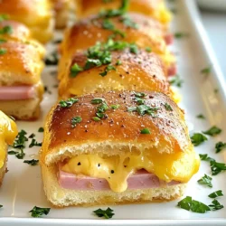 To make delicious ham and cheese sliders, you need the following main ingredients: - 12 slider buns - 12 slices of deli ham - 12 slices of Swiss cheese - 1/4 cup unsalted butter, melted - 1 tablespoon Dijon mustard - 1 tablespoon Worcestershire sauce - 1 teaspoon garlic powder - 1 teaspoon onion powder - Freshly cracked black pepper, to taste - Fresh parsley, chopped (for garnish) These ingredients create a tasty and cheesy dish that everyone will love. The deli ham adds a savory touch, while the Swiss cheese melts beautifully. You can make these sliders even more fun by adding some optional ingredients. Here are a few ideas: - Sliced pickles for a tangy crunch - Sautéed onions for added sweetness - Spinach or arugula for freshness - Different cheeses like cheddar or pepper jack for a kick Feel free to mix and match these add-ins. You can create a new flavor each time you make them! To prepare these sliders, you need a few basic tools: - A 9x13 baking dish - A mixing bowl for the butter mixture - A brush for spreading the butter - Aluminum foil to cover the dish during baking - A sharp knife for slicing the buns Having these tools on hand will help you make the process smooth and easy. Enjoy your cooking! {{ingredient_image_1}} Start by gathering all your ingredients. You need: - 12 slider buns - 12 slices of deli ham - 12 slices of Swiss cheese - 1/4 cup unsalted butter, melted - 1 tablespoon Dijon mustard - 1 tablespoon Worcestershire sauce - 1 teaspoon garlic powder - 1 teaspoon onion powder - Freshly cracked black pepper to taste - Fresh parsley, chopped (for garnish) Next, preheat your oven to 350°F (175°C). This helps the sliders cook evenly. In a small bowl, mix melted butter, Dijon mustard, Worcestershire sauce, garlic powder, onion powder, and black pepper. Set this aside. Slice the slider buns in half, keeping them connected. Place the bottom half in a greased 9x13 baking dish. Layer each slider with a slice of ham, followed by a slice of Swiss cheese. Repeat this for all 12 sliders. Once all layers are complete, place the top half of the buns over the ham and cheese. Drizzle the butter mixture evenly over the top of the buns. Make sure to cover them well for the best taste. Cover the baking dish with aluminum foil. Bake in your preheated oven for 20 minutes. After that, remove the foil and bake for another 10 to 15 minutes. You want the tops to be golden brown and crispy. Once done, take the dish out of the oven. Let it cool for one minute. This helps with cutting the sliders. Slice them into individual pieces. For a nice touch, garnish with freshly chopped parsley before serving. These sliders are great for parties or a quick meal. Enjoy the cheesy goodness with friends and family! To make your sliders tasty, use fresh ingredients. I recommend good quality deli ham and Swiss cheese. These add depth to every bite. The butter mixture is key. Mix melted butter with Dijon mustard and Worcestershire sauce for a rich flavor. Add garlic and onion powder for an extra kick. Don’t forget the freshly cracked black pepper! This small touch makes a big difference. To get that crispy top, follow these steps. First, cover the sliders with foil during the first bake. This keeps them warm and soft. After 20 minutes, remove the foil. Bake for an extra 10 to 15 minutes. The tops will turn golden brown and crispy. Watch closely to avoid burning. You want that perfect crunch! Feel free to customize your sliders! Try different cheeses like cheddar or pepper jack for a twist. You can also swap the ham for turkey, chicken, or even roast beef. For a vegetarian option, use grilled vegetables or a hearty portobello mushroom. Add a slice of tomato or some pickles for extra flavor. Get creative and make it your own! Pro Tips Use Fresh Ingredients: Fresh deli ham and quality Swiss cheese will elevate the flavor of your sliders. Customize Your Toppings: Feel free to add sautéed onions or pickles for an extra layer of flavor. Make Ahead: Assemble the sliders and refrigerate them overnight before baking to save time. Serve with Dipping Sauce: Consider serving with a honey mustard or ranch dip for added taste. {{image_2}} You can swap Swiss cheese for other types. Try using cheddar for a sharp taste. Provolone adds a mild, creamy flavor. Pepper jack brings a bit of heat, which is great for spice lovers. Mozzarella melts well and gives a stringy texture. You can mix and match cheeses for fun flavors. Not a fan of ham? You can use turkey or roast beef instead. Chicken works nicely as well. For a twist, try bacon for a smoky crunch. You can even use deli meats like salami. If you want more protein, consider adding a slice of grilled chicken or a veggie patty. For veggie lovers, replace the meat with grilled veggies. Peppers, zucchini, and mushrooms work great. You can also use hummus for a tasty spread. If you want a vegan option, use vegan cheese. There are great brands that melt well. Check for plant-based meats too, like seitan or tempeh, for a hearty bite. To keep your leftover ham and cheese sliders fresh, place them in an airtight container. If you have a lot, wrap them tightly in plastic wrap. Store them in the fridge for up to three days. This helps keep the buns soft and the cheese melty. If you want to keep them longer, freezing is a great option. You can freeze these sliders for up to three months. First, let them cool completely. Then, wrap each slider in plastic wrap. After that, place the wrapped sliders in a freezer bag. Make sure to squeeze out as much air as you can. Label the bag with the date. This way, you know when you made them. To reheat frozen sliders, take them out of the freezer. Let them thaw in the fridge overnight or for a few hours at room temperature. Preheat your oven to 350°F (175°C). Wrap the sliders in foil to keep them moist. Bake for about 15-20 minutes. Check to make sure they are heated through. If you want a crispy top, uncover them for the last five minutes. Enjoy your warm, cheesy sliders! You can prepare the sliders a few hours in advance. Follow the recipe steps, but do not bake them yet. Assemble the sliders in the baking dish and cover with foil. Store them in the fridge until you’re ready to bake. When it’s time, just pop them in the oven. This saves time and keeps them fresh! Yes, you can use many types of buns. Try Hawaiian rolls for a sweet taste. You can also choose whole wheat buns for a healthier option. Just make sure the buns are soft and can hold the filling well. Some great sides include: - Crispy potato chips - Fresh veggie sticks with dip - Sweet potato fries - A simple green salad These sides add balance and fun to your meal. You can use other proteins or veggies. Turkey or roast beef works well. For a veggie option, try grilled mushrooms or roasted peppers. Just layer them like you would with ham. Don’t forget the cheese! Ham and cheese sliders are easy to make and fun to eat. We covered the key ingredients, helpful tools, and detailed steps for perfect sliders. You learned tips for flavor and crispiness, plus how to customize with different meats or cheeses. We also discussed storage and reheating for leftovers. In the end, enjoy experimenting! These sliders will impress your family and friends every time.