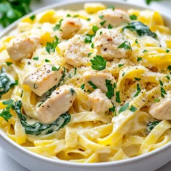 - 2 boneless, skinless chicken breasts, diced - 8 oz fettuccine pasta - 4 cloves garlic, minced - 1 cup heavy cream - 1 cup grated Parmesan cheese - 2 tablespoons olive oil - 1 cup spinach leaves - Salt and pepper to taste - 1 teaspoon crushed red pepper flakes (optional) - Fresh parsley, chopped (for garnish) This creamy garlic Parmesan chicken pasta recipe makes four servings. Each serving has enough chicken and pasta to satisfy your hunger. If you want more, simply double the ingredients. You can swap some ingredients if needed. Use whole wheat pasta for a healthier option. For a lighter sauce, try using half-and-half instead of heavy cream. If you’re out of Parmesan, you can use Pecorino Romano. For a vegetarian twist, omit the chicken and add more spinach or other veggies. These swaps keep the dish tasty and fun! {{ingredient_image_1}} To start, grab a large pot. Fill it with water and add salt. Bring the water to a boil on high heat. Once boiling, add 8 oz of fettuccine pasta. Cook it according to the package instructions until it is al dente. This usually takes about 8-10 minutes. When done, drain the pasta and set it aside. Next, heat 2 tablespoons of olive oil in a large skillet over medium heat. Add 2 diced chicken breasts to the skillet. Season the chicken with salt and pepper. Cook it for about 5-6 minutes. You want the chicken to turn golden brown and cook all the way through. After the chicken is done, lower the heat. Add 4 minced garlic cloves to the skillet. Sauté the garlic for about 1 minute until it smells great. Next, pour in 1 cup of heavy cream. Stir the mixture well and let it simmer for 2-3 minutes. This will help the sauce thicken a bit. Gradually whisk in 1 cup of grated Parmesan cheese. Keep stirring until the cheese melts and the sauce becomes creamy. If you like a bit of spice, now is the time to add 1 teaspoon of crushed red pepper flakes. Now it's time to bring everything together. Add the cooked fettuccine and 1 cup of spinach leaves to the skillet. Toss all the ingredients together until the pasta is covered in the creamy sauce. Cook for another 1-2 minutes. This will wilt the spinach and heat everything through. To serve, dish the creamy garlic Parmesan chicken pasta into bowls. For a lovely touch, sprinkle some fresh parsley on top. You can also add a bit more grated Parmesan for extra flavor. Enjoy this delicious meal! To cook chicken well, start with even pieces. Cut the chicken breasts into small, even cubes. This helps them cook at the same rate. Heat olive oil in your skillet over medium heat. Add the chicken and let it sit for a minute before stirring. This gives it a nice golden color. Cook until the chicken reaches 165°F. Use a meat thermometer for accuracy. For a creamy sauce, use heavy cream. Pour it into the pan after cooking the chicken. Let it simmer for 2-3 minutes. This thickens the sauce nicely. Add the grated Parmesan cheese gradually. Whisk it in until it melts. If the sauce is too thick, add a splash of pasta water to loosen it. Seasoning is key to flavor. Start with salt and black pepper on the chicken. After adding garlic, let it cook for one minute. This brings out its flavor. For a kick, sprinkle in crushed red pepper flakes. You can also add fresh herbs like basil or thyme for more depth. Taste the sauce before serving. Adjust the seasoning as needed. Pro Tips Use Fresh Ingredients: Fresh garlic and high-quality Parmesan cheese will elevate the flavor of your sauce significantly. Don’t Overcook the Pasta: Cooking the fettuccine al dente ensures that it retains its texture and doesn’t become mushy when mixed with the sauce. Customize Your Greens: Feel free to substitute spinach with other greens like kale or arugula for a different flavor profile and added nutrition. Save Some Pasta Water: Adding a splash of reserved pasta water can help loosen the sauce and improve its creaminess if it becomes too thick. {{image_2}} You can make this dish vegetarian by swapping chicken for mushrooms or tofu. Use about 2 cups of sliced mushrooms or 1 block of firm tofu. Sauté them in olive oil until golden. The creamy sauce stays the same. Adding veggies boosts flavor and nutrition. Consider using spinach, broccoli, or bell peppers. Add these when you cook the chicken. Sauté them for a few minutes before adding garlic. This keeps them crisp and vibrant. To lighten this dish, use half-and-half instead of heavy cream. You can also reduce the cheese to ¾ cup. Swap pasta for whole-wheat or zucchini noodles. This keeps the dish tasty and lower in calories, too! To store your creamy garlic Parmesan chicken pasta, first let it cool. Place the pasta in an airtight container. Make sure to cover it well. You can keep it in the fridge for up to three days. If you want to keep it longer, consider freezing it. Reheating is easy! You can use a microwave or a skillet. For the microwave, place the pasta in a bowl. Add a splash of water or cream to keep it moist. Heat it in short bursts, stirring in between. If you use a skillet, warm it over low heat. Stir often until it's hot. Freezing this dish is simple. Use a freezer-safe container to store the pasta. Make sure it is sealed tightly. Label the container with the date. You can freeze it for up to three months. To enjoy it later, thaw it overnight in the fridge before reheating. To make this dish gluten-free, you can swap the fettuccine for gluten-free pasta. Many brands offer options made from rice, corn, or lentils. Just cook the gluten-free pasta according to package directions. This way, you can still enjoy the creamy garlic Parmesan flavors without gluten. Yes, you can use other types of pasta! Penne, spaghetti, or even macaroni work well. Choose any shape you like. Keep in mind that cooking times may vary. Always check the package for the best results. If you want a lighter option, use half-and-half or whole milk mixed with butter. This will give you a creamy texture, but it won't be as rich. For a dairy-free choice, try coconut cream or cashew cream. These options add a nice flavor while keeping it creamy. To check if the chicken is cooked, use a meat thermometer. The internal temperature should reach 165°F (75°C). If you don't have a thermometer, cut the chicken open. It should be white and juices should run clear, not pink. Cooking the chicken until golden brown also helps ensure it's done. This guide covered everything you need to know about making this delicious dish. You learned about the key ingredients, portion sizes, and helpful substitutes. We walked through the step-by-step process, from boiling pasta to making the creamy sauce. I shared tips for perfect chicken and sauce consistency while exploring variations like vegetarian options. Lastly, we discussed storage and reheating to keep your leftovers tasty. With these insights, you can create a meal that's both satisfying and easy to make. Enjoy cooking with confidence!