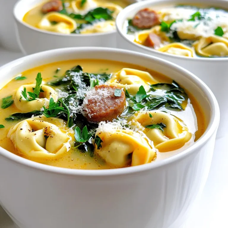 - 1 pound Italian sausage (spicy or mild) - 1 medium onion, diced - 3 cloves garlic, minced - 2 cups fresh spinach (or kale) - 4 cups chicken broth - 1 can (14.5 oz) diced tomatoes, undrained - 2 cups tortellini (fresh or frozen) - 1 cup heavy cream (or half-and-half for a lighter option) The base of this soup starts with Italian sausage. You can choose spicy sausage for heat or mild for a gentler taste. I love adding diced onion and minced garlic for a nice aroma. Fresh spinach adds color and nutrients. Next, we need a rich broth. I use chicken broth for a comforting flavor. Diced tomatoes add sweetness and acidity, making the soup lively. For the tortellini and cream, you can pick fresh or frozen tortellini. They both work well and cook nicely in the soup. Heavy cream makes it rich, while half-and-half gives it a lighter touch. Make sure you have all these ingredients ready. The combination makes a delightful, creamy soup that warms the soul. - Cooking the sausage First, heat a skillet over medium heat. Add 1 pound of Italian sausage. Cook the sausage until it is browned, breaking it apart with a wooden spoon. This step adds great flavor. Once done, transfer the sausage to the slow cooker. - Adding vegetables and broth Next, add a diced onion and 3 cloves of minced garlic to the slow cooker. Pour in 4 cups of chicken broth. Then, add a can of diced tomatoes with juice. Sprinkle in 1 teaspoon of dried oregano and 1 teaspoon of dried basil. Season with salt and pepper to taste. Stir everything well. - Cooking times and settings Cover the slow cooker and set it to low. Cook for 4 to 5 hours, or on high for 2 to 3 hours. This time allows the flavors to meld together and create a rich taste. - Adding tortellini and cream About 30 minutes before you are ready to eat, add 2 cups of tortellini to the slow cooker. If you're using frozen tortellini, they will need about 20 minutes to cook through. Once the tortellini is tender, stir in 1 cup of heavy cream and 2 cups of fresh spinach. Let it heat for 10 more minutes, covered. - Adjusting seasoning Before serving, taste the soup. Adjust the seasoning by adding more salt and pepper if needed. This step ensures the flavors are just right. - Serving suggestions Serve the soup hot. Top each bowl with grated Parmesan cheese and chopped fresh parsley for a lovely touch. Enjoy this creamy delight with a piece of crusty bread! To make this soup shine, start with the right sausage. I love using Italian sausage because it adds depth. You can choose spicy or mild, based on your taste. For seasoning adjustment, taste as you go. Adding salt or pepper can enhance the flavor. You can also boost the herbs. A bit more oregano or basil can make a big difference. Want to make it heartier? Add more vegetables! Carrots, zucchini, or bell peppers work great. They add color and nutrition. You can also think about alternative dairy options. Instead of heavy cream, try half-and-half for a lighter touch. Coconut milk can give it a unique twist, too. When serving, think about toppings. Grated Parmesan cheese adds flavor and creaminess. Fresh parsley gives a pop of color. You can also add crushed red pepper for heat. For sides, consider crusty bread or a fresh salad. They pair well and make the meal complete. {{image_2}} You can change the protein in this soup. Chicken and turkey work well too. They both add a nice touch. If you want a vegan option, use plant-based sausage. It will keep the flavors rich and delicious. To make this soup even better, think about spices. Adding red pepper flakes gives it a kick. Fresh herbs like thyme or rosemary can also boost the taste. You might want to try using vegetable broth instead of chicken broth. This change can add a different layer of flavor. When it comes to tortellini, you have options. You can make your own for a fresh taste. But store-bought is quick and easy. If you need gluten-free options, look for gluten-free tortellini in stores. It cooks well and still tastes great in this soup. To keep Creamy Sausage Tortellini Soup fresh, store it in an airtight container. Let the soup cool down first. This helps prevent condensation and keeps it tasty. When stored well, the soup lasts about 3 to 4 days. For reheating, use a pot on the stove or a microwave. Heat it slowly to avoid burning. Stir often while reheating. This ensures even warmth and keeps the flavors intact. You can freeze this soup for longer storage. First, let it cool completely. Then, pour it into a freezer-safe container. Leave some space at the top, as soup expands when frozen. It stays good in the freezer for 2 to 3 months. To thaw, place it in the fridge overnight. For quick thawing, use the microwave. Reheat it on the stove, stirring frequently to keep it smooth and creamy. The soup has a short shelf life in the fridge. It lasts 3 to 4 days when stored properly. In the freezer, it can stay good for 2 to 3 months. Always check for any off smells or changes in texture before eating. This helps ensure you enjoy your soup safely and deliciously. To add spice to the soup, use spicy Italian sausage. You can also add red pepper flakes. Start with a pinch, then taste and add more if you like it hotter. Fresh jalapeños or a dash of hot sauce are great options too. These changes bring a nice kick without overpowering the other flavors. Yes, you can swap out the tortellini for other pasta types. Small shapes, like shells or elbows, work well. Just adjust the cooking time slightly. If you use fresh pasta, it may need less time to cook. Make sure to check the package for exact cooking times. If you want a lighter soup, use half-and-half instead of heavy cream. You can also try coconut milk for a dairy-free option. For a healthier choice, blended silken tofu adds creaminess without the fat. Each option gives a unique taste and texture to the soup. You can store leftover soup in the fridge for up to three days. Make sure to keep it in an airtight container. If you want to keep it longer, freeze it. The soup can last up to three months in the freezer. Just thaw it in the fridge before reheating. Yes, you can prepare this soup ahead of time. You can cook it the day before and store it in the fridge. Reheat it slowly on the stove. If you add tortellini right before serving, it keeps its texture better. Enjoy the rich flavors that develop overnight! This blog post covered tasty options for making a delicious tortellini soup. We explored key ingredients like Italian sausage, fresh veggies, chicken broth, and tortellini. The step-by-step instructions made cooking simple, and tips gave you ways to enhance flavor. Remember, you can customize this soup with various proteins and veggies. Whether you store it in the fridge or freeze it, you can savor leftovers later. Enjoy creating your own version of this comforting dish!