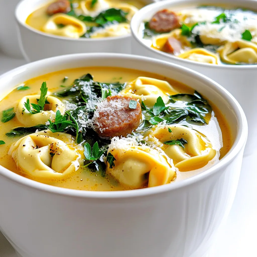 - 1 pound Italian sausage (spicy or mild) - 1 medium onion, diced - 3 cloves garlic, minced - 2 cups fresh spinach (or kale) - 4 cups chicken broth - 1 can (14.5 oz) diced tomatoes, undrained - 2 cups tortellini (fresh or frozen) - 1 cup heavy cream (or half-and-half for a lighter option) The base of this soup starts with Italian sausage. You can choose spicy sausage for heat or mild for a gentler taste. I love adding diced onion and minced garlic for a nice aroma. Fresh spinach adds color and nutrients. Next, we need a rich broth. I use chicken broth for a comforting flavor. Diced tomatoes add sweetness and acidity, making the soup lively. For the tortellini and cream, you can pick fresh or frozen tortellini. They both work well and cook nicely in the soup. Heavy cream makes it rich, while half-and-half gives it a lighter touch. Make sure you have all these ingredients ready. The combination makes a delightful, creamy soup that warms the soul. - Cooking the sausage First, heat a skillet over medium heat. Add 1 pound of Italian sausage. Cook the sausage until it is browned, breaking it apart with a wooden spoon. This step adds great flavor. Once done, transfer the sausage to the slow cooker. - Adding vegetables and broth Next, add a diced onion and 3 cloves of minced garlic to the slow cooker. Pour in 4 cups of chicken broth. Then, add a can of diced tomatoes with juice. Sprinkle in 1 teaspoon of dried oregano and 1 teaspoon of dried basil. Season with salt and pepper to taste. Stir everything well. - Cooking times and settings Cover the slow cooker and set it to low. Cook for 4 to 5 hours, or on high for 2 to 3 hours. This time allows the flavors to meld together and create a rich taste. - Adding tortellini and cream About 30 minutes before you are ready to eat, add 2 cups of tortellini to the slow cooker. If you're using frozen tortellini, they will need about 20 minutes to cook through. Once the tortellini is tender, stir in 1 cup of heavy cream and 2 cups of fresh spinach. Let it heat for 10 more minutes, covered. - Adjusting seasoning Before serving, taste the soup. Adjust the seasoning by adding more salt and pepper if needed. This step ensures the flavors are just right. - Serving suggestions Serve the soup hot. Top each bowl with grated Parmesan cheese and chopped fresh parsley for a lovely touch. Enjoy this creamy delight with a piece of crusty bread! To make this soup shine, start with the right sausage. I love using Italian sausage because it adds depth. You can choose spicy or mild, based on your taste. For seasoning adjustment, taste as you go. Adding salt or pepper can enhance the flavor. You can also boost the herbs. A bit more oregano or basil can make a big difference. Want to make it heartier? Add more vegetables! Carrots, zucchini, or bell peppers work great. They add color and nutrition. You can also think about alternative dairy options. Instead of heavy cream, try half-and-half for a lighter touch. Coconut milk can give it a unique twist, too. When serving, think about toppings. Grated Parmesan cheese adds flavor and creaminess. Fresh parsley gives a pop of color. You can also add crushed red pepper for heat. For sides, consider crusty bread or a fresh salad. They pair well and make the meal complete. {{image_2}} You can change the protein in this soup. Chicken and turkey work well too. They both add a nice touch. If you want a vegan option, use plant-based sausage. It will keep the flavors rich and delicious. To make this soup even better, think about spices. Adding red pepper flakes gives it a kick. Fresh herbs like thyme or rosemary can also boost the taste. You might want to try using vegetable broth instead of chicken broth. This change can add a different layer of flavor. When it comes to tortellini, you have options. You can make your own for a fresh taste. But store-bought is quick and easy. If you need gluten-free options, look for gluten-free tortellini in stores. It cooks well and still tastes great in this soup. To keep Creamy Sausage Tortellini Soup fresh, store it in an airtight container. Let the soup cool down first. This helps prevent condensation and keeps it tasty. When stored well, the soup lasts about 3 to 4 days. For reheating, use a pot on the stove or a microwave. Heat it slowly to avoid burning. Stir often while reheating. This ensures even warmth and keeps the flavors intact. You can freeze this soup for longer storage. First, let it cool completely. Then, pour it into a freezer-safe container. Leave some space at the top, as soup expands when frozen. It stays good in the freezer for 2 to 3 months. To thaw, place it in the fridge overnight. For quick thawing, use the microwave. Reheat it on the stove, stirring frequently to keep it smooth and creamy. The soup has a short shelf life in the fridge. It lasts 3 to 4 days when stored properly. In the freezer, it can stay good for 2 to 3 months. Always check for any off smells or changes in texture before eating. This helps ensure you enjoy your soup safely and deliciously. To add spice to the soup, use spicy Italian sausage. You can also add red pepper flakes. Start with a pinch, then taste and add more if you like it hotter. Fresh jalapeños or a dash of hot sauce are great options too. These changes bring a nice kick without overpowering the other flavors. Yes, you can swap out the tortellini for other pasta types. Small shapes, like shells or elbows, work well. Just adjust the cooking time slightly. If you use fresh pasta, it may need less time to cook. Make sure to check the package for exact cooking times. If you want a lighter soup, use half-and-half instead of heavy cream. You can also try coconut milk for a dairy-free option. For a healthier choice, blended silken tofu adds creaminess without the fat. Each option gives a unique taste and texture to the soup. You can store leftover soup in the fridge for up to three days. Make sure to keep it in an airtight container. If you want to keep it longer, freeze it. The soup can last up to three months in the freezer. Just thaw it in the fridge before reheating. Yes, you can prepare this soup ahead of time. You can cook it the day before and store it in the fridge. Reheat it slowly on the stove. If you add tortellini right before serving, it keeps its texture better. Enjoy the rich flavors that develop overnight! This blog post covered tasty options for making a delicious tortellini soup. We explored key ingredients like Italian sausage, fresh veggies, chicken broth, and tortellini. The step-by-step instructions made cooking simple, and tips gave you ways to enhance flavor. Remember, you can customize this soup with various proteins and veggies. Whether you store it in the fridge or freeze it, you can savor leftovers later. Enjoy creating your own version of this comforting dish!