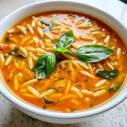 - 1 cup orzo pasta - 2 tablespoons olive oil - 1 medium onion, chopped - 2 cloves garlic, minced - 1 can (28 oz) crushed tomatoes - 4 cups vegetable broth - 1 teaspoon dried basil - 1 teaspoon dried oregano - 1 teaspoon sugar - Salt and pepper to taste - 1 cup baby spinach - 1 tablespoon fresh lemon juice - Fresh basil leaves for garnish I recommend using Barilla or De Cecco for orzo pasta. Their pasta cooks evenly and has great flavor. For olive oil, look for brands like Colavita or Bertolli. They offer good quality without breaking the bank. When choosing crushed tomatoes, San Marzano is the gold standard. Their rich taste enhances your soup. For vegetable broth, Swanson or Pacific Foods provide great options that are flavorful and easy to find. To make your soup even better, consider adding a pinch of red pepper flakes. This will give your dish a nice kick. You can also mix in some chopped carrots or celery for added texture. A sprinkle of grated Parmesan cheese on top adds a nice salty touch. For a fresh twist, try adding a handful of chopped parsley or a squeeze of lime instead of lemon. {{ingredient_image_1}} 1. Heat the oil: Start by heating 2 tablespoons of olive oil in a large pot over medium heat. This helps bring out the flavor. 2. Cook the onion: Add 1 medium onion, chopped. Sauté it until it becomes soft and clear, about 5 minutes. This adds a nice base. 3. Add garlic: Next, mix in 2 cloves of minced garlic. Sauté for 1-2 minutes until you smell that lovely aroma. 4. Combine ingredients: Now, stir in 1 can of crushed tomatoes, 4 cups of vegetable broth, 1 teaspoon of dried basil, 1 teaspoon of dried oregano, and 1 teaspoon of sugar. The sugar helps with the tomato's acidity. 5. Bring to simmer: Let this mixture simmer. This usually takes a few minutes to start bubbling. 6. Cook the orzo: Once it’s simmering, add 1 cup of orzo pasta. Stir occasionally and let it cook for about 8-10 minutes. You want the orzo to be al dente. 7. Add spinach: Stir in 1 cup of baby spinach. It will wilt quickly, usually in about 2 minutes. 8. Finish with lemon: Add 1 tablespoon of fresh lemon juice and season with salt and pepper to taste. This brightens the soup. 9. Serve: Ladle the soup into bowls and garnish with fresh basil leaves. Enjoy your warm, hearty soup! - Prep first: Chop the onion and garlic before you start cooking. This saves time while you cook. - Simultaneous tasks: While the soup simmers, you can prepare your bowls and utensils. - Use a timer: Set a timer for the orzo. This will help you avoid overcooking it. - Heat the oil: A photo of the pot with oil heating. - Onion sautéing: An image showing the translucent onion. - Garlic added: A close-up of the garlic sizzling. - Simmering mix: A video of the bubbling mixture before adding orzo. - Final bowl: A picture of the finished soup garnished with fresh basil. These visuals help you follow along and ensure each step is done right. To boost the flavor of your Tomato Orzo Soup, use fresh herbs. Fresh basil gives a bright taste. You can add a pinch of red pepper flakes for a hint of heat. A splash of balsamic vinegar can add a sweet tang that balances the tomatoes. If you like a creamier soup, stir in some heavy cream or a dollop of sour cream just before serving. One common mistake is overcooking the orzo. It can become mushy if cooked too long. Stir it in only when the soup simmers. Another mistake is forgetting to season as you go. Taste the soup at each step. This way, you can adjust flavors. Lastly, don’t skip the sugar. It helps balance the acidity of the tomatoes. When sautéing vegetables, always heat the oil first. Add chopped onion and let it cook until it’s soft. This step builds a strong flavor base. For garlic, add it later to prevent burning. When cooking orzo, stir it occasionally. This helps it cook evenly and not stick together. Keep an eye on the timer, and check for that perfect al dente texture. Pro Tips Perfect Orzo Texture: To ensure the orzo doesn't become mushy, cook it al dente according to package instructions before adding it to the soup. Enhance Flavor: For a deeper flavor, try roasting the garlic before adding it to the soup, or add a splash of balsamic vinegar for a tangy twist. Spinach Substitute: If you don't have spinach on hand, feel free to use kale or Swiss chard for a similar texture and added nutrients. Garnish with Style: Fresh basil not only adds flavor but also makes for a beautiful presentation. Tear the leaves instead of chopping for a rustic look. {{image_2}} You can add protein to your Tomato Orzo Soup for a heartier meal. Try cooked chicken, turkey, or even sausage. Just chop or crumble it into the soup. For a plant-based option, add chickpeas or lentils. These options boost nutrition and flavor. If you want a vegan version, use vegetable broth and skip any meat. You can substitute orzo with gluten-free pasta. Quinoa is a great choice too. It makes the soup gluten-free and adds more protein. Always check labels to ensure your ingredients meet your dietary needs. Use seasonal vegetables to change the soup’s taste. In spring, add fresh peas or asparagus. In fall, try butternut squash or pumpkin. You can also mix in fresh herbs like thyme or dill for new flavors. This keeps the soup exciting and fresh throughout the year. Store leftover Tomato Orzo Soup in an airtight container. Let the soup cool to room temperature first. This helps keep the flavors fresh. Keep it in the fridge for up to three days. If you want to save it longer, freezing is a great option. When reheating, place the soup in a pot over low heat. Stir gently to avoid sticking. Add a splash of broth or water to keep it smooth. Heat until warm, but don’t boil. This keeps the orzo tender and the soup flavorful. To freeze, first cool the soup completely. Then, use freezer-safe containers or bags. Leave some space at the top for expansion. The soup can last up to three months in the freezer. To enjoy, thaw it overnight in the fridge before reheating. To add spice, use red pepper flakes. Start with a small amount. You can also add chopped jalapeños or a dash of hot sauce. Taste as you go. This way, you can find the right heat level for you. Yes, you can make Tomato Orzo Soup in a slow cooker. Start by sautéing the onion and garlic in a pan. Then, add all the ingredients to the slow cooker. Cook on low for 4-6 hours. Add orzo in the last 30 minutes to keep it firm. Tomato Orzo Soup lasts about 3-4 days in the fridge. Store it in an airtight container. Make sure to let it cool before sealing. This helps keep it fresh and tasty. Tomato Orzo Soup pairs well with crusty bread or a green salad. You can also serve it with a grilled cheese sandwich. These sides add texture and flavor, making your meal more satisfying. In this post, we explored the key ingredients and cooking steps for Tomato Orzo Soup. I shared tips to enhance flavors and avoid common mistakes. We also looked at creative variations and storage methods to keep your soup fresh. Whether you want it vegan or with added protein, you have many options. Remember, the best soup is one that fits your taste and lifestyle. Enjoy making your Tomato Orzo Soup with these insights for a delicious result!