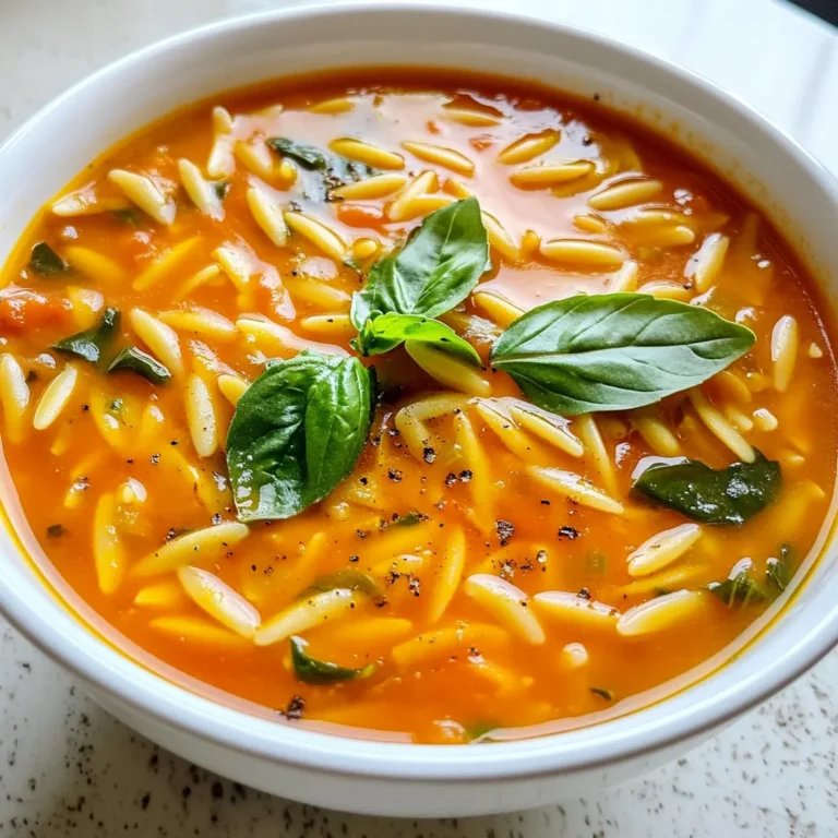 - 1 cup orzo pasta - 2 tablespoons olive oil - 1 medium onion, chopped - 2 cloves garlic, minced - 1 can (28 oz) crushed tomatoes - 4 cups vegetable broth - 1 teaspoon dried basil - 1 teaspoon dried oregano - 1 teaspoon sugar - Salt and pepper to taste - 1 cup baby spinach - 1 tablespoon fresh lemon juice - Fresh basil leaves for garnish I recommend using Barilla or De Cecco for orzo pasta. Their pasta cooks evenly and has great flavor. For olive oil, look for brands like Colavita or Bertolli. They offer good quality without breaking the bank. When choosing crushed tomatoes, San Marzano is the gold standard. Their rich taste enhances your soup. For vegetable broth, Swanson or Pacific Foods provide great options that are flavorful and easy to find. To make your soup even better, consider adding a pinch of red pepper flakes. This will give your dish a nice kick. You can also mix in some chopped carrots or celery for added texture. A sprinkle of grated Parmesan cheese on top adds a nice salty touch. For a fresh twist, try adding a handful of chopped parsley or a squeeze of lime instead of lemon. {{ingredient_image_1}} 1. Heat the oil: Start by heating 2 tablespoons of olive oil in a large pot over medium heat. This helps bring out the flavor. 2. Cook the onion: Add 1 medium onion, chopped. Sauté it until it becomes soft and clear, about 5 minutes. This adds a nice base. 3. Add garlic: Next, mix in 2 cloves of minced garlic. Sauté for 1-2 minutes until you smell that lovely aroma. 4. Combine ingredients: Now, stir in 1 can of crushed tomatoes, 4 cups of vegetable broth, 1 teaspoon of dried basil, 1 teaspoon of dried oregano, and 1 teaspoon of sugar. The sugar helps with the tomato's acidity. 5. Bring to simmer: Let this mixture simmer. This usually takes a few minutes to start bubbling. 6. Cook the orzo: Once it’s simmering, add 1 cup of orzo pasta. Stir occasionally and let it cook for about 8-10 minutes. You want the orzo to be al dente. 7. Add spinach: Stir in 1 cup of baby spinach. It will wilt quickly, usually in about 2 minutes. 8. Finish with lemon: Add 1 tablespoon of fresh lemon juice and season with salt and pepper to taste. This brightens the soup. 9. Serve: Ladle the soup into bowls and garnish with fresh basil leaves. Enjoy your warm, hearty soup! - Prep first: Chop the onion and garlic before you start cooking. This saves time while you cook. - Simultaneous tasks: While the soup simmers, you can prepare your bowls and utensils. - Use a timer: Set a timer for the orzo. This will help you avoid overcooking it. - Heat the oil: A photo of the pot with oil heating. - Onion sautéing: An image showing the translucent onion. - Garlic added: A close-up of the garlic sizzling. - Simmering mix: A video of the bubbling mixture before adding orzo. - Final bowl: A picture of the finished soup garnished with fresh basil. These visuals help you follow along and ensure each step is done right. To boost the flavor of your Tomato Orzo Soup, use fresh herbs. Fresh basil gives a bright taste. You can add a pinch of red pepper flakes for a hint of heat. A splash of balsamic vinegar can add a sweet tang that balances the tomatoes. If you like a creamier soup, stir in some heavy cream or a dollop of sour cream just before serving. One common mistake is overcooking the orzo. It can become mushy if cooked too long. Stir it in only when the soup simmers. Another mistake is forgetting to season as you go. Taste the soup at each step. This way, you can adjust flavors. Lastly, don’t skip the sugar. It helps balance the acidity of the tomatoes. When sautéing vegetables, always heat the oil first. Add chopped onion and let it cook until it’s soft. This step builds a strong flavor base. For garlic, add it later to prevent burning. When cooking orzo, stir it occasionally. This helps it cook evenly and not stick together. Keep an eye on the timer, and check for that perfect al dente texture. Pro Tips Perfect Orzo Texture: To ensure the orzo doesn't become mushy, cook it al dente according to package instructions before adding it to the soup. Enhance Flavor: For a deeper flavor, try roasting the garlic before adding it to the soup, or add a splash of balsamic vinegar for a tangy twist. Spinach Substitute: If you don't have spinach on hand, feel free to use kale or Swiss chard for a similar texture and added nutrients. Garnish with Style: Fresh basil not only adds flavor but also makes for a beautiful presentation. Tear the leaves instead of chopping for a rustic look. {{image_2}} You can add protein to your Tomato Orzo Soup for a heartier meal. Try cooked chicken, turkey, or even sausage. Just chop or crumble it into the soup. For a plant-based option, add chickpeas or lentils. These options boost nutrition and flavor. If you want a vegan version, use vegetable broth and skip any meat. You can substitute orzo with gluten-free pasta. Quinoa is a great choice too. It makes the soup gluten-free and adds more protein. Always check labels to ensure your ingredients meet your dietary needs. Use seasonal vegetables to change the soup’s taste. In spring, add fresh peas or asparagus. In fall, try butternut squash or pumpkin. You can also mix in fresh herbs like thyme or dill for new flavors. This keeps the soup exciting and fresh throughout the year. Store leftover Tomato Orzo Soup in an airtight container. Let the soup cool to room temperature first. This helps keep the flavors fresh. Keep it in the fridge for up to three days. If you want to save it longer, freezing is a great option. When reheating, place the soup in a pot over low heat. Stir gently to avoid sticking. Add a splash of broth or water to keep it smooth. Heat until warm, but don’t boil. This keeps the orzo tender and the soup flavorful. To freeze, first cool the soup completely. Then, use freezer-safe containers or bags. Leave some space at the top for expansion. The soup can last up to three months in the freezer. To enjoy, thaw it overnight in the fridge before reheating. To add spice, use red pepper flakes. Start with a small amount. You can also add chopped jalapeños or a dash of hot sauce. Taste as you go. This way, you can find the right heat level for you. Yes, you can make Tomato Orzo Soup in a slow cooker. Start by sautéing the onion and garlic in a pan. Then, add all the ingredients to the slow cooker. Cook on low for 4-6 hours. Add orzo in the last 30 minutes to keep it firm. Tomato Orzo Soup lasts about 3-4 days in the fridge. Store it in an airtight container. Make sure to let it cool before sealing. This helps keep it fresh and tasty. Tomato Orzo Soup pairs well with crusty bread or a green salad. You can also serve it with a grilled cheese sandwich. These sides add texture and flavor, making your meal more satisfying. In this post, we explored the key ingredients and cooking steps for Tomato Orzo Soup. I shared tips to enhance flavors and avoid common mistakes. We also looked at creative variations and storage methods to keep your soup fresh. Whether you want it vegan or with added protein, you have many options. Remember, the best soup is one that fits your taste and lifestyle. Enjoy making your Tomato Orzo Soup with these insights for a delicious result!