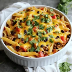 To make One-Pot Taco Pasta, you need a mix of tasty ingredients. Here’s what you’ll need: - Pasta: 12 oz penne or rotini - Protein: 1 lb ground turkey or beef - Vegetables: 1 medium onion (diced), 2 cloves garlic (minced), 1 bell pepper (diced) - Canned Goods: 1 can (15 oz) black beans (drained and rinsed), 1 can (10 oz) diced tomatoes with green chilies - Liquids: 2 cups chicken or vegetable broth - Seasonings: 2 tablespoons taco seasoning, salt, and pepper to taste - Extras: 1 cup corn (frozen or canned), 1 cup shredded cheese (cheddar or Mexican blend), fresh cilantro (for garnish), optional toppings like sour cream and sliced jalapeños - Necessary Equipment: Large pot and cooking utensils These ingredients come together to create a warm and filling meal. You can mix and match based on what you like. If you prefer a different protein or want to add more veggies, feel free! The dish is flexible, so you can make it your own. {{ingredient_image_1}} 1. Cooking vegetables and aromatics Start by heating a drizzle of olive oil in a large pot over medium-high heat. Add the diced onion and bell pepper. Cook them until they soften, which takes about five minutes. Next, add the minced garlic. Stir and cook for one to two minutes, letting the garlic release its scent. 2. Browning the ground meat Add the ground turkey or beef to the pot. Break the meat apart with a spoon as it cooks. Brown the meat for about six to eight minutes. Make sure to season it with salt and pepper for good flavor. 3. Incorporating seasonings Once the meat is browned, sprinkle in the taco seasoning. Stir everything well to coat the meat and veggies with the spice mix. This step is key for a tasty base. 1. Combining all ingredients in the pot Now, it’s time to add the pasta, black beans, diced tomatoes with their juices, corn, and broth into the pot. Mix everything together until well combined. 2. Adjusting heat and simmering Bring the mixture to a boil. Once it boils, reduce the heat to a gentle simmer. Cover the pot and let it cook for 12 to 15 minutes. Stir occasionally to stop the pasta from sticking. The pasta should be al dente, and most of the liquid will be absorbed. 1. Stirring in cheese After cooking, take the pot off the heat. Stir in the shredded cheese until it melts into a creamy sauce. This adds a rich flavor and texture to the dish. 2. Adjusting seasonings Taste your One-Pot Taco Pasta. If needed, adjust the seasonings with more salt or pepper. A little tweak can make a big difference in taste. - Choosing the right pasta: I like to use penne or rotini. They hold sauce well. Choose pasta that cooks in about 12 minutes for best results. - Ensuring even cooking: Stir the pasta often while it cooks. This keeps it from clumping. It also helps all ingredients blend well. - Adding more spice or customization options: Want extra heat? Add fresh jalapeños or more taco seasoning. You can also mix in some chili powder for a kick. - Alternative cheese suggestions: Cheddar cheese is great, but try pepper jack or queso fresco for different flavors. They add creaminess and a unique taste. - Strategies to prevent sticking: Stir the pasta frequently while it simmers. It helps keep it from sticking to the pot. If you notice it sticking, add a bit more broth. - Using leftover ingredients: Have extra veggies? Toss them in! Zucchini, spinach, or even mushrooms work well. They add nutrition and flavor to your dish. Pro Tips Use Whole Grain Pasta: Opt for whole grain pasta for added fiber and nutrients, making the dish healthier without compromising flavor. Customize Your Toppings: Feel free to personalize your toppings with avocado, diced tomatoes, or your favorite hot sauce for an extra kick! Make It Vegetarian: Substitute ground turkey or beef with extra beans or lentils for a delicious vegetarian version of this dish. Leftover Storage: Store any leftovers in an airtight container in the fridge for up to 3 days. Reheat gently on the stovetop with a splash of broth. {{image_2}} You can switch up the protein in this dish easily. Ground turkey or beef works great, but you can also try chicken. If you prefer, you can use vegetarian or plant-based meat options. Choices like lentils or chickpeas can add texture and protein. For spice lovers, you can choose your taco seasoning. Mild seasoning gives a nice flavor without too much heat. If you want more spice, pick a hot seasoning. Adding fresh jalapeños or a splash of hot sauce can kick it up a notch. To make it healthier, consider using whole grain pasta. This adds fiber and nutrients. You can also lower the sodium by using low-sodium broth and skipping extra salt. These changes make the dish both tasty and nutritious. To store your One-Pot Taco Pasta, let it cool down first. Use an airtight container for best results. Place the container in the fridge. It keeps well for about 3 to 4 days. Make sure to label the container with the date. This way, you don't forget when you made it. If you want to freeze your pasta, follow these steps. Allow the dish to cool completely. Portion it into freezer-safe containers or bags. Remove as much air as possible to prevent freezer burn. You can freeze it for up to 3 months. When you're ready to eat, just thaw it in the fridge overnight. For reheating, use a pot or microwave. If using a pot, add a splash of water or broth. This keeps it moist while heating. Heat over low to medium heat, stirring often. If using a microwave, place it in a bowl and cover it. Heat in short bursts, stirring in between. This helps keep the texture and flavor just right. Yes, you can make One-Pot Taco Pasta in advance. Here’s how: - Prep: Cook the pasta and meat mixture as directed. - Store: Let it cool, then place it in an airtight container. - Refrigerate: Keep it in the fridge for up to 3 days. - Reheat: When ready to eat, warm it on the stove or in the microwave. Add a splash of broth to keep it moist. Absolutely! You can make a tasty vegetarian version. Here are some ideas: - Protein: Use black beans or lentils instead of meat. - Broth: Stick with vegetable broth for flavor. - Extras: Add more veggies like zucchini or mushrooms for texture. Want more heat? Here are some easy tips: - Seasoning: Use spicy taco seasoning instead of mild. - Jalapeños: Add fresh jalapeños or diced green chiles. - Hot Sauce: Drizzle your favorite hot sauce before serving. - Peppers: Try adding diced serrano or habanero peppers to the mix. One-Pot Taco Pasta is simple and fun to make. We covered key ingredients: pasta, protein, veggies, and spices. I shared step-by-step instructions to help you cook easily. Tips and tricks enhance flavor and ensure perfect pasta. You can adapt the recipe with various proteins and spice levels. Finally, I provided storage tips for any leftovers. With these insights, you can create a hearty meal that suits your taste. Enjoy your cooking journey and make this dish your own!