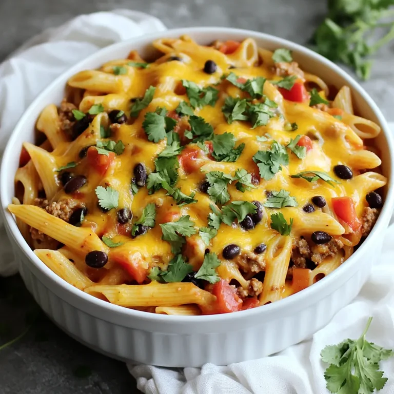 To make One-Pot Taco Pasta, you need a mix of tasty ingredients. Here’s what you’ll need: - Pasta: 12 oz penne or rotini - Protein: 1 lb ground turkey or beef - Vegetables: 1 medium onion (diced), 2 cloves garlic (minced), 1 bell pepper (diced) - Canned Goods: 1 can (15 oz) black beans (drained and rinsed), 1 can (10 oz) diced tomatoes with green chilies - Liquids: 2 cups chicken or vegetable broth - Seasonings: 2 tablespoons taco seasoning, salt, and pepper to taste - Extras: 1 cup corn (frozen or canned), 1 cup shredded cheese (cheddar or Mexican blend), fresh cilantro (for garnish), optional toppings like sour cream and sliced jalapeños - Necessary Equipment: Large pot and cooking utensils These ingredients come together to create a warm and filling meal. You can mix and match based on what you like. If you prefer a different protein or want to add more veggies, feel free! The dish is flexible, so you can make it your own. {{ingredient_image_1}} 1. Cooking vegetables and aromatics Start by heating a drizzle of olive oil in a large pot over medium-high heat. Add the diced onion and bell pepper. Cook them until they soften, which takes about five minutes. Next, add the minced garlic. Stir and cook for one to two minutes, letting the garlic release its scent. 2. Browning the ground meat Add the ground turkey or beef to the pot. Break the meat apart with a spoon as it cooks. Brown the meat for about six to eight minutes. Make sure to season it with salt and pepper for good flavor. 3. Incorporating seasonings Once the meat is browned, sprinkle in the taco seasoning. Stir everything well to coat the meat and veggies with the spice mix. This step is key for a tasty base. 1. Combining all ingredients in the pot Now, it’s time to add the pasta, black beans, diced tomatoes with their juices, corn, and broth into the pot. Mix everything together until well combined. 2. Adjusting heat and simmering Bring the mixture to a boil. Once it boils, reduce the heat to a gentle simmer. Cover the pot and let it cook for 12 to 15 minutes. Stir occasionally to stop the pasta from sticking. The pasta should be al dente, and most of the liquid will be absorbed. 1. Stirring in cheese After cooking, take the pot off the heat. Stir in the shredded cheese until it melts into a creamy sauce. This adds a rich flavor and texture to the dish. 2. Adjusting seasonings Taste your One-Pot Taco Pasta. If needed, adjust the seasonings with more salt or pepper. A little tweak can make a big difference in taste. - Choosing the right pasta: I like to use penne or rotini. They hold sauce well. Choose pasta that cooks in about 12 minutes for best results. - Ensuring even cooking: Stir the pasta often while it cooks. This keeps it from clumping. It also helps all ingredients blend well. - Adding more spice or customization options: Want extra heat? Add fresh jalapeños or more taco seasoning. You can also mix in some chili powder for a kick. - Alternative cheese suggestions: Cheddar cheese is great, but try pepper jack or queso fresco for different flavors. They add creaminess and a unique taste. - Strategies to prevent sticking: Stir the pasta frequently while it simmers. It helps keep it from sticking to the pot. If you notice it sticking, add a bit more broth. - Using leftover ingredients: Have extra veggies? Toss them in! Zucchini, spinach, or even mushrooms work well. They add nutrition and flavor to your dish. Pro Tips Use Whole Grain Pasta: Opt for whole grain pasta for added fiber and nutrients, making the dish healthier without compromising flavor. Customize Your Toppings: Feel free to personalize your toppings with avocado, diced tomatoes, or your favorite hot sauce for an extra kick! Make It Vegetarian: Substitute ground turkey or beef with extra beans or lentils for a delicious vegetarian version of this dish. Leftover Storage: Store any leftovers in an airtight container in the fridge for up to 3 days. Reheat gently on the stovetop with a splash of broth. {{image_2}} You can switch up the protein in this dish easily. Ground turkey or beef works great, but you can also try chicken. If you prefer, you can use vegetarian or plant-based meat options. Choices like lentils or chickpeas can add texture and protein. For spice lovers, you can choose your taco seasoning. Mild seasoning gives a nice flavor without too much heat. If you want more spice, pick a hot seasoning. Adding fresh jalapeños or a splash of hot sauce can kick it up a notch. To make it healthier, consider using whole grain pasta. This adds fiber and nutrients. You can also lower the sodium by using low-sodium broth and skipping extra salt. These changes make the dish both tasty and nutritious. To store your One-Pot Taco Pasta, let it cool down first. Use an airtight container for best results. Place the container in the fridge. It keeps well for about 3 to 4 days. Make sure to label the container with the date. This way, you don't forget when you made it. If you want to freeze your pasta, follow these steps. Allow the dish to cool completely. Portion it into freezer-safe containers or bags. Remove as much air as possible to prevent freezer burn. You can freeze it for up to 3 months. When you're ready to eat, just thaw it in the fridge overnight. For reheating, use a pot or microwave. If using a pot, add a splash of water or broth. This keeps it moist while heating. Heat over low to medium heat, stirring often. If using a microwave, place it in a bowl and cover it. Heat in short bursts, stirring in between. This helps keep the texture and flavor just right. Yes, you can make One-Pot Taco Pasta in advance. Here’s how: - Prep: Cook the pasta and meat mixture as directed. - Store: Let it cool, then place it in an airtight container. - Refrigerate: Keep it in the fridge for up to 3 days. - Reheat: When ready to eat, warm it on the stove or in the microwave. Add a splash of broth to keep it moist. Absolutely! You can make a tasty vegetarian version. Here are some ideas: - Protein: Use black beans or lentils instead of meat. - Broth: Stick with vegetable broth for flavor. - Extras: Add more veggies like zucchini or mushrooms for texture. Want more heat? Here are some easy tips: - Seasoning: Use spicy taco seasoning instead of mild. - Jalapeños: Add fresh jalapeños or diced green chiles. - Hot Sauce: Drizzle your favorite hot sauce before serving. - Peppers: Try adding diced serrano or habanero peppers to the mix. One-Pot Taco Pasta is simple and fun to make. We covered key ingredients: pasta, protein, veggies, and spices. I shared step-by-step instructions to help you cook easily. Tips and tricks enhance flavor and ensure perfect pasta. You can adapt the recipe with various proteins and spice levels. Finally, I provided storage tips for any leftovers. With these insights, you can create a hearty meal that suits your taste. Enjoy your cooking journey and make this dish your own!