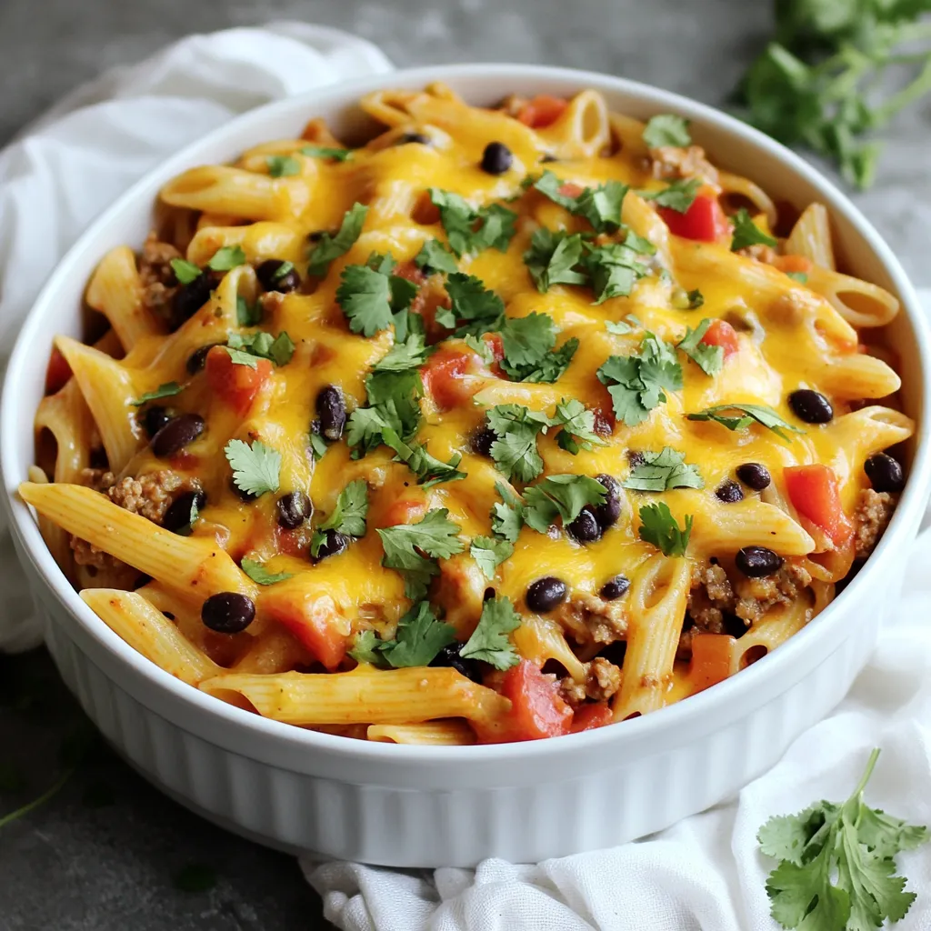 To make One-Pot Taco Pasta, you need a mix of tasty ingredients. Here’s what you’ll need: - Pasta: 12 oz penne or rotini - Protein: 1 lb ground turkey or beef - Vegetables: 1 medium onion (diced), 2 cloves garlic (minced), 1 bell pepper (diced) - Canned Goods: 1 can (15 oz) black beans (drained and rinsed), 1 can (10 oz) diced tomatoes with green chilies - Liquids: 2 cups chicken or vegetable broth - Seasonings: 2 tablespoons taco seasoning, salt, and pepper to taste - Extras: 1 cup corn (frozen or canned), 1 cup shredded cheese (cheddar or Mexican blend), fresh cilantro (for garnish), optional toppings like sour cream and sliced jalapeños - Necessary Equipment: Large pot and cooking utensils These ingredients come together to create a warm and filling meal. You can mix and match based on what you like. If you prefer a different protein or want to add more veggies, feel free! The dish is flexible, so you can make it your own. {{ingredient_image_1}} 1. Cooking vegetables and aromatics Start by heating a drizzle of olive oil in a large pot over medium-high heat. Add the diced onion and bell pepper. Cook them until they soften, which takes about five minutes. Next, add the minced garlic. Stir and cook for one to two minutes, letting the garlic release its scent. 2. Browning the ground meat Add the ground turkey or beef to the pot. Break the meat apart with a spoon as it cooks. Brown the meat for about six to eight minutes. Make sure to season it with salt and pepper for good flavor. 3. Incorporating seasonings Once the meat is browned, sprinkle in the taco seasoning. Stir everything well to coat the meat and veggies with the spice mix. This step is key for a tasty base. 1. Combining all ingredients in the pot Now, it’s time to add the pasta, black beans, diced tomatoes with their juices, corn, and broth into the pot. Mix everything together until well combined. 2. Adjusting heat and simmering Bring the mixture to a boil. Once it boils, reduce the heat to a gentle simmer. Cover the pot and let it cook for 12 to 15 minutes. Stir occasionally to stop the pasta from sticking. The pasta should be al dente, and most of the liquid will be absorbed. 1. Stirring in cheese After cooking, take the pot off the heat. Stir in the shredded cheese until it melts into a creamy sauce. This adds a rich flavor and texture to the dish. 2. Adjusting seasonings Taste your One-Pot Taco Pasta. If needed, adjust the seasonings with more salt or pepper. A little tweak can make a big difference in taste. - Choosing the right pasta: I like to use penne or rotini. They hold sauce well. Choose pasta that cooks in about 12 minutes for best results. - Ensuring even cooking: Stir the pasta often while it cooks. This keeps it from clumping. It also helps all ingredients blend well. - Adding more spice or customization options: Want extra heat? Add fresh jalapeños or more taco seasoning. You can also mix in some chili powder for a kick. - Alternative cheese suggestions: Cheddar cheese is great, but try pepper jack or queso fresco for different flavors. They add creaminess and a unique taste. - Strategies to prevent sticking: Stir the pasta frequently while it simmers. It helps keep it from sticking to the pot. If you notice it sticking, add a bit more broth. - Using leftover ingredients: Have extra veggies? Toss them in! Zucchini, spinach, or even mushrooms work well. They add nutrition and flavor to your dish. Pro Tips Use Whole Grain Pasta: Opt for whole grain pasta for added fiber and nutrients, making the dish healthier without compromising flavor. Customize Your Toppings: Feel free to personalize your toppings with avocado, diced tomatoes, or your favorite hot sauce for an extra kick! Make It Vegetarian: Substitute ground turkey or beef with extra beans or lentils for a delicious vegetarian version of this dish. Leftover Storage: Store any leftovers in an airtight container in the fridge for up to 3 days. Reheat gently on the stovetop with a splash of broth. {{image_2}} You can switch up the protein in this dish easily. Ground turkey or beef works great, but you can also try chicken. If you prefer, you can use vegetarian or plant-based meat options. Choices like lentils or chickpeas can add texture and protein. For spice lovers, you can choose your taco seasoning. Mild seasoning gives a nice flavor without too much heat. If you want more spice, pick a hot seasoning. Adding fresh jalapeños or a splash of hot sauce can kick it up a notch. To make it healthier, consider using whole grain pasta. This adds fiber and nutrients. You can also lower the sodium by using low-sodium broth and skipping extra salt. These changes make the dish both tasty and nutritious. To store your One-Pot Taco Pasta, let it cool down first. Use an airtight container for best results. Place the container in the fridge. It keeps well for about 3 to 4 days. Make sure to label the container with the date. This way, you don't forget when you made it. If you want to freeze your pasta, follow these steps. Allow the dish to cool completely. Portion it into freezer-safe containers or bags. Remove as much air as possible to prevent freezer burn. You can freeze it for up to 3 months. When you're ready to eat, just thaw it in the fridge overnight. For reheating, use a pot or microwave. If using a pot, add a splash of water or broth. This keeps it moist while heating. Heat over low to medium heat, stirring often. If using a microwave, place it in a bowl and cover it. Heat in short bursts, stirring in between. This helps keep the texture and flavor just right. Yes, you can make One-Pot Taco Pasta in advance. Here’s how: - Prep: Cook the pasta and meat mixture as directed. - Store: Let it cool, then place it in an airtight container. - Refrigerate: Keep it in the fridge for up to 3 days. - Reheat: When ready to eat, warm it on the stove or in the microwave. Add a splash of broth to keep it moist. Absolutely! You can make a tasty vegetarian version. Here are some ideas: - Protein: Use black beans or lentils instead of meat. - Broth: Stick with vegetable broth for flavor. - Extras: Add more veggies like zucchini or mushrooms for texture. Want more heat? Here are some easy tips: - Seasoning: Use spicy taco seasoning instead of mild. - Jalapeños: Add fresh jalapeños or diced green chiles. - Hot Sauce: Drizzle your favorite hot sauce before serving. - Peppers: Try adding diced serrano or habanero peppers to the mix. One-Pot Taco Pasta is simple and fun to make. We covered key ingredients: pasta, protein, veggies, and spices. I shared step-by-step instructions to help you cook easily. Tips and tricks enhance flavor and ensure perfect pasta. You can adapt the recipe with various proteins and spice levels. Finally, I provided storage tips for any leftovers. With these insights, you can create a hearty meal that suits your taste. Enjoy your cooking journey and make this dish your own!