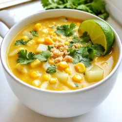 - 4 cups fresh corn kernels - 1 medium onion, chopped - 2 cloves garlic, minced - 2 medium potatoes, peeled and diced - 1 jalapeño, seeded and chopped (optional) - Fresh cilantro, chopped, for garnish - Lime wedges, for serving - 4 cups vegetable broth - 1 can (14 oz) coconut milk - 1 teaspoon smoked paprika - 1 teaspoon ground cumin - Salt and pepper to taste - Crumbled cojita cheese or feta for garnish - A splash of olive oil for sautéing In this soup, fresh corn shines as the star ingredient. You can use frozen corn if fresh isn’t available. The onion and garlic bring depth, while potatoes add heartiness. The jalapeño gives a nice kick if you like heat. Don't forget the cilantro and lime—it elevates the dish. Coconut milk adds creaminess without dairy, and the spices—smoked paprika and cumin—bring warmth. These pantry staples make this dish rich and flavorful. For a special touch, consider adding cojita cheese or feta on top. It adds saltiness and creaminess, making each bite delightful. To make Mexican street corn soup, start with the right tools and ingredients. Gather your fresh corn, onion, garlic, and potatoes. You can use frozen corn if needed. Having everything ready helps the cooking go smoothly. - Cooking Techniques: We will sauté, simmer, and blend. Sautéing onion and garlic adds flavor. Simmering cooks the potatoes and corn until tender. Blending gives the soup a creamy texture. - Importance of Ingredient Preparation: Chop the onion and garlic finely. Dice the potatoes into small pieces. This ensures even cooking. Fresh, quality ingredients make the soup taste better. For cooking, use a large pot. Heat a splash of olive oil over medium heat. Add the chopped onion and sauté for about 5 minutes. Stir in minced garlic for another minute. This builds a strong base flavor. - Pot Preparation and Heat Levels: After the onion and garlic, add diced potatoes and corn. If you want heat, toss in chopped jalapeño. Pour in vegetable broth and bring the mixture to a boil. Then, reduce the heat to low. Let it simmer for about 15 minutes, or until the potatoes are soft. - Blending Techniques for Desired Texture: Use an immersion blender to blend the soup. Blend until it's smooth and creamy. If you like some chunks, blend just half the soup. Mix the blended part with the unblended corn and potato chunks. This gives a nice texture to enjoy. After blending, stir in coconut milk, smoked paprika, ground cumin, and lime juice. Season with salt and pepper. Heat gently for 5 more minutes. This lets all the flavors blend together nicely. To get the right texture in your Mexican street corn soup, blend wisely. Use an immersion blender for a creamy base. If you like some bits, blend just half. Leave the rest of the corn and potato chunks for a heartier dish. This adds both creaminess and a fun bite. Add depth to your soup with extra spices. Try a pinch of chili powder for heat. You can also mix in fresh herbs like cilantro or parsley. A splash of cream can make it richer. For a zestier kick, squeeze in lime juice right before serving. Always taste and adjust the salt and pepper to your liking. Do not rush the sautéing process. Cooking the onion and garlic until soft brings out their flavors. Avoid over-blending the soup; a few chunks make it more enjoyable. Lastly, don’t skip the garnishes. Fresh cilantro and cojita cheese elevate this dish, making it beautiful and tasty. {{image_2}} You can easily make Mexican Street Corn Soup vegetarian or vegan. Use vegetable broth and coconut milk as your base. This gives a rich and creamy texture. For a vegan twist, skip the cojita cheese. Instead, try a sprinkle of nutritional yeast for a cheesy taste. Fresh herbs can also enhance the flavor. They add freshness and a pop of color. You can adjust the spice level to fit your taste. If you love heat, add more jalapeños. You can roast them for extra flavor. To keep it mild, skip the jalapeños or use only a small amount. You can also add a pinch of cayenne pepper for warmth without the heat. Garnishes can change the soup's look and taste. Fresh cilantro is a must for a bright touch. Crumbled cojita cheese adds creaminess. You can also use feta cheese if you like. For a crunchy texture, try crushed tortilla chips or diced avocado. Lime wedges are perfect for a tangy finish. They brighten the flavors and make each bite exciting. You can store leftover Mexican street corn soup in your fridge. Keep it in an airtight container. Make sure it cools down first. It can last for 3 to 4 days. Before you store it, taste it again. This way, you can adjust the seasoning if needed. To freeze the soup, use freezer-safe containers. Leave some space at the top for expansion. The soup stays good in the freezer for up to 3 months. When you’re ready to enjoy it, thaw it in the fridge overnight. This keeps the texture nice. Reheat the soup on the stove for the best flavor. Use medium heat and stir often. If it looks thick, add a splash of vegetable broth. You can also microwave it in a bowl. Cover the bowl to keep moisture in. Heat in 1-minute intervals, stirring in between. Enjoy your warm and creamy soup! Mexican Street Corn Soup is a creamy, hearty dish that brings street food to your kitchen. It combines fresh corn, potatoes, and spices for a rich flavor. The soup is often garnished with cilantro and crumbled cheese, making it a colorful delight. Yes, you can use frozen corn. It saves time and still tastes great. Just add it directly to the pot when the recipe calls for corn. The soup will still be sweet and creamy. To add heat, include more jalapeños or a pinch of cayenne pepper. You can also stir in hot sauce before serving. Adjust the spice to match your taste buds. If you want a substitute for coconut milk, use heavy cream or cashew cream. You can also try almond milk for a lighter option. Each will change the flavor slightly but still create a tasty soup. Leftovers can last in the fridge for about three days. Store the soup in an airtight container. If you want to keep it longer, freeze it for up to three months. Just remember to stir well when reheating. In this post, we explored key ingredients for making Mexican Street Corn Soup, from fresh and pantry staples to optional flavors. I shared step-by-step instructions, cooking techniques, and tips for achieving the perfect texture. We also discussed variations for different diets and storage methods to keep your soup fresh. Remember, cooking is about experimenting and enjoying flavors. Use these insights to craft a soup that excites your taste buds. Dive in and let your culinary creativity shine!
