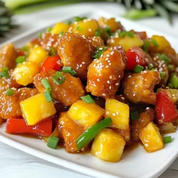 For this tasty dish, you will need: - 1 lb chicken breast, cut into bite-sized pieces - 1/2 cup bell peppers (red and green), chopped - 1/2 cup pineapple chunks (fresh or canned) - 1/2 cup onion, diced - 1/4 cup sugar - 1/4 cup apple cider vinegar - 3 tablespoons ketchup - 1 tablespoon soy sauce - 1 tablespoon cornstarch - 2 tablespoons vegetable oil - Salt and pepper to taste These ingredients blend well to create a delightful flavor. The chicken gives protein. The bell peppers add crunch and color. Pineapple brings sweetness and tang. The sauce ties it all together with a perfect balance. For extra flair, consider adding: - Sesame seeds - Chopped green onions These garnishes enhance the look and taste of your dish. They add a nice crunch and a fresh note. To make this dish, gather: - A large skillet - A mixing bowl - A small bowl for the sauce - A spatula or wooden spoon - Measuring cups and spoons Having the right tools makes cooking easier and more fun. With these items, you can whip up Sweet and Sour Chicken in no time. {{ingredient_image_1}} First, cut the chicken breast into bite-sized pieces. In a bowl, mix the chicken with a pinch of salt, pepper, and cornstarch. This helps the chicken stay tender. Let it marinate for about 15 minutes. This step adds flavor and keeps the chicken moist. In a small bowl, combine the sugar, apple cider vinegar, ketchup, and soy sauce. Stir well until the sugar dissolves. This sauce is the heart of the dish, giving it that sweet and tangy flavor. Set it aside for later. Heat 2 tablespoons of vegetable oil in a large skillet over medium-high heat. Once hot, add the marinated chicken. Cook the chicken for about 5-7 minutes. It should turn golden brown on all sides. This step locks in the juices and flavor. In the same skillet, add the chopped onion, bell peppers, and pineapple chunks. Sauté for about 3-4 minutes. You want the veggies to be tender but still crisp. This adds great texture and color to your dish. Return the cooked chicken to the skillet with the sautéed vegetables. Pour the sweet and sour sauce over the mixture. Stir well to coat everything evenly. Let it simmer for about 5 minutes. This helps the flavors blend together nicely. If you want a thicker sauce, mix 1 teaspoon of cornstarch with a tablespoon of water. Add this mixture to the skillet while stirring continuously. This will thicken the sauce to your liking. It makes the dish richer and more satisfying. Remove the skillet from heat. Garnish your sweet and sour chicken with sesame seeds and chopped green onions. This adds a lovely finish and a pop of color. - Cooking Time Details: - Prep Time: 15 minutes - Total Time: 35 minutes - Servings: 4 You can swap chicken for shrimp or tofu. Both options work great! For a different flavor, try using mango instead of pineapple. You can also use rice vinegar instead of apple cider vinegar. If you want less sugar, honey or agave syrup are good choices. Use fresh ingredients for the best taste. Fresh bell peppers and pineapple add a bright flavor. Marinate the chicken for at least 15 minutes. This step helps the flavors to soak in. When cooking, make sure your skillet is hot. This will brown the chicken nicely. Don't rush the simmering stage. Letting the sauce bubble will deepen the flavor. One common mistake is overcooking the chicken. It should be golden but not dry. Another error is not cutting veggies evenly. Uneven pieces cook at different rates. Also, be careful with the sauce. Adding too much cornstarch can make it too thick. Lastly, don’t skip garnishing. Sesame seeds and green onions make it look nice and add flavor. Pro Tips Marinate for Flavor: Allowing the chicken to marinate for at least 15 minutes helps to infuse it with flavor and tenderizes the meat. Fresh Ingredients: For the best taste, use fresh bell peppers and pineapple. Fresh produce enhances the overall flavor of the dish. Adjust Sweetness: Feel free to adjust the amount of sugar in the sauce based on your preference for sweetness. Taste as you go! Thickening Tips: If you want a thicker sauce, always mix cornstarch with a bit of water before adding it to your dish to avoid clumping. {{image_2}} You can easily add a twist to this recipe. Try using different fruits like mango or orange. These fruits give a fresh taste and a burst of color. You can also switch the bell peppers for snap peas or zucchini. This change gives the dish a crunchy texture. Adding cashews or almonds can give an extra crunch. You can even add a splash of orange juice to the sauce for more depth. These small changes can make your dish unique and exciting. If you want a vegetarian option, use tofu or tempeh instead of chicken. Cube the tofu and press it to remove excess water. Then, marinate it just as you would the chicken. Cook it until golden brown, just like the chicken. You can also use seitan for a meat-like texture. For a seafood option, shrimp works well too. Just adjust the cooking time, as shrimp cooks fast. These alternatives keep the sweet and sour flavor while fitting different diets. To serve this dish, you can keep it simple. Serve over fluffy white rice or quinoa for a hearty meal. You can also use brown rice for a healthier option. For a fun twist, try serving it in lettuce cups. This makes a great appetizer or light meal. Pair it with a side of steamed broccoli or snap peas for extra veggies. For a festive touch, sprinkle sesame seeds and green onions on top. This adds flavor and a pop of color to your plate. To keep your sweet and sour chicken fresh, follow these steps: - Let the dish cool to room temperature. - Place it in an airtight container. - Store it in the fridge for up to 3 days. Proper storage prevents spoilage and keeps the flavors intact. You can freeze sweet and sour chicken for later use: - Allow the dish to cool completely. - Transfer it to a freezer-safe container. - Seal tightly and label with the date. - Freeze for up to 3 months. This way, you can enjoy this tasty meal anytime! Reheating sweet and sour chicken is easy: - For best results, thaw it overnight in the fridge. - Heat it in a skillet over medium heat. - Stir occasionally until heated through. You can also microwave it. Use a microwave-safe dish and cover it. Heat in short bursts, stirring in between. Enjoy your meal just like it was fresh! Yes, you can use other proteins in this dish. Chicken is popular, but shrimp, pork, or tofu work well too. Just adjust the cooking time to ensure the protein cooks through. For shrimp, cook until they turn pink. For pork, ensure it reaches the right temperature for safety. To add heat to your Sweet and Sour Chicken, use red pepper flakes or chili paste. Start with a small amount. You can also add sliced jalapeños or hot sauce for more spice. Mix these into the sauce or sauté with the veggies for an extra kick. Sweet and Sour Chicken pairs well with steamed rice or fried rice. You can also serve it with noodles for a fun twist. Try adding a side of stir-fried vegetables for extra color and nutrition. A simple green salad can also balance the meal. This recipe is better than takeout for several reasons. First, you control the ingredients and can use fresh produce. Second, it's quick and easy to make at home. You’ll enjoy the flavors without the extra oil and sodium found in many takeout dishes. Lastly, it’s fun to cook and share with family and friends. This blog taught you how to make sweet and sour chicken from scratch. You learned about key ingredients, easy steps, and helpful tips for success. I shared fun variations and storage tips too. Now, you have everything you need to impress at dinner. Enjoy your cooking and make it your own. Creating this dish can be fun and rewarding.