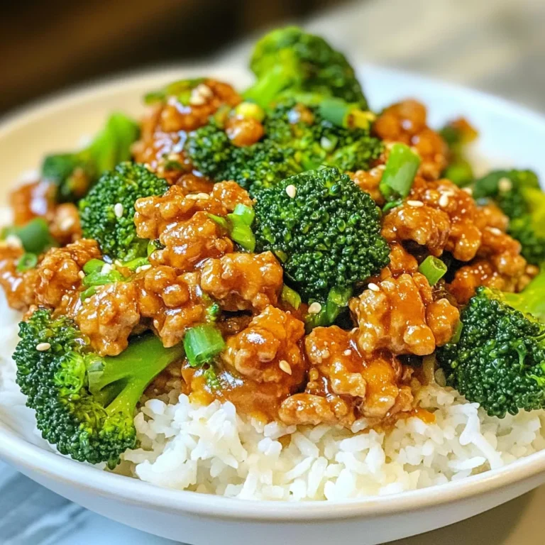 For this dish, you will need 1 pound ground chicken. Ground chicken is lean and cooks quickly. It’s a great source of protein. You can find it in most grocery stores. Look for packages with a bright color and no strange odors. You will also need 2 cups broccoli florets. Fresh broccoli adds color and crunch. It packs a lot of vitamins. Make sure to wash it well before cooking. You can chop the florets into smaller pieces if you like. In addition, gather 3 cloves garlic, minced and 1 tablespoon fresh ginger, grated. These add a lovely flavor. Fresh ginger gives a nice kick, while garlic brings warmth to the dish. For the sauces, you will need the following: - 4 tablespoons honey - 2 tablespoons Sriracha sauce - 2 tablespoons soy sauce - 1 tablespoon rice vinegar - 1 teaspoon sesame oil These ingredients create a perfect balance of sweet and spicy. Honey gives the dish its sweetness. Sriracha adds heat, while soy sauce brings umami. Rice vinegar adds a nice tang, and sesame oil gives a rich flavor. Finally, season with salt and pepper to taste. These simple seasonings can enhance all the flavors. If you want to serve this over rice, prepare cooked jasmine rice or quinoa for a healthy base. {{ingredient_image_1}} To make the sauce, grab a mixing bowl. Add 4 tablespoons of honey, 2 tablespoons of Sriracha sauce, 2 tablespoons of soy sauce, 1 tablespoon of rice vinegar, and 1 teaspoon of sesame oil. Whisk all the ingredients together until they are well mixed. Set the bowl aside. This sauce brings a sweet and spicy flavor to the dish. Next, heat 1 tablespoon of olive oil in a large skillet over medium heat. Once the oil is hot, add 3 cloves of minced garlic and 1 tablespoon of fresh grated ginger. Sauté these for about 1 minute until they smell great. Now, add 1 pound of ground chicken to the skillet. Use a wooden spoon to break up the chicken. Cook it until it is browned and fully cooked, which takes about 5 to 7 minutes. After the chicken is cooked, toss in 2 cups of broccoli florets. Stir-fry everything for another 4 to 5 minutes until the broccoli is tender but still crisp. Now, pour the honey-Sriracha sauce over the chicken and broccoli mixture. Stir well to coat every piece evenly. Cook for an additional 2 minutes, letting the sauce thicken a bit. Season with salt and pepper to taste. Serve this hot over a bed of cooked jasmine rice or quinoa for a delicious meal. To add more heat, increase the Sriracha. You can also add red pepper flakes. If you want a bold kick, try a dash of chili oil. These options boost the spice without changing the dish's core flavor. Start small. You can always add more later. Use a large skillet or wok for even cooking. Make sure the pan is hot before adding oil. This helps the garlic and ginger cook well. Stir-frying keeps the chicken juicy and the broccoli crisp. Always break up the chicken with a wooden spoon. This helps it brown evenly. Add the broccoli florets after the chicken cooks. Stir-fry for about 4-5 minutes. You want it bright green and tender but still crisp. This timing keeps the veggies fresh and vibrant. Overcooking will make them mushy, so watch closely! Pro Tips Use Fresh Ingredients: Always opt for fresh broccoli and ginger to enhance the flavor of your dish. Adjust Spice Level: Modify the amount of Sriracha based on your heat preference; add less for a milder dish. Cook Broccoli Perfectly: Blanch the broccoli for a minute before adding to the skillet to ensure it's tender-crisp. Serving Suggestions: Pair with toasted sesame seeds or chopped green onions for added texture and flavor. {{image_2}} You can swap the ground chicken for other proteins. Ground turkey works well too. It has a similar texture and taste, making it a great substitute. If you want to try red meat, use ground beef or pork. Just remember, cooking times may vary. For a vegetarian twist, use crumbled tofu or tempeh. Both are rich in protein and will soak up the honey-Sriracha sauce. Press the tofu first to remove excess moisture. This helps it crisp up better. You can also use seitan, which has a great texture similar to meat. Feel free to mix in other vegetables. Bell peppers, snap peas, or carrots add color and crunch. Zucchini or mushrooms can also work well. Just cut them into bite-sized pieces. Stir-fry them until they are tender but still firm. This keeps the dish vibrant and healthy. After making Honey Sriracha Ground Chicken & Broccoli, let it cool. Transfer it to an airtight container. This dish stays fresh in the fridge for about 3-4 days. Make sure to store it within two hours of cooking to keep it safe. If you want to save some for later, freeze the dish. Place it in a freezer-safe container. It will last about 2-3 months in the freezer. For best results, freeze it without the rice or quinoa. This way, the texture remains nice when you reheat it. To reheat, you have a few options. You can use the microwave or a skillet. If using a microwave, cover the dish and heat for 2-3 minutes. Stir halfway for even heating. In a skillet, add a splash of water and heat over medium heat for about 5-7 minutes. This keeps the chicken moist and the broccoli crisp. Always check that it's heated through before serving. Yes, you can use frozen broccoli. Just add it to the skillet right from the freezer. Cook it for a few extra minutes. This helps keep the dish quick and easy. You can make it healthier by using lean ground turkey instead of chicken. You can also reduce the honey and Sriracha for less sugar and spice. Adding more vegetables, like bell peppers or snap peas, boosts nutrients too. I suggest serving this dish over cooked jasmine rice or quinoa. Both options soak up the sauce well. You can also pair it with a simple side salad for added crunch and freshness. This blog post covered how to make a great Honey Sriracha Ground Chicken and Broccoli dish. You learned about the best ingredients, cooking steps, and helpful tips for success. I shared fun variations and storage advice for leftovers. In closing, cooking is fun and simple. Use these ideas to make meals exciting. Enjoy experimenting and sharing your tasty creations!