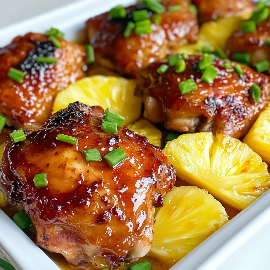 - 4 chicken thighs (bone-in, skin-on) - 1/4 cup soy sauce - 1/4 cup brown sugar - 2 tablespoons apple cider vinegar - 2 tablespoons fresh ginger, grated - 3 cloves garlic, minced - 1 tablespoon sesame oil - 1 teaspoon ground black pepper - 1/2 teaspoon red pepper flakes (optional, for heat) - 1/4 cup pineapple juice - 2 green onions, chopped (for garnish) - 1 pineapple, sliced (for grilling and serving) These ingredients bring the flavors of Huli Huli Chicken to life. The chicken thighs are juicy and perfect for grilling. The skin keeps the meat moist while adding crunch. Soy sauce adds saltiness. Brown sugar gives a touch of sweetness. Apple cider vinegar balances the flavors. Fresh ginger and garlic add zest. Sesame oil brings nutty notes. Black pepper adds warmth. Red pepper flakes are for those who like heat. Pineapple juice adds a sweet twist. For serving, I like to garnish with green onions. They add a fresh touch. Grilled pineapple slices taste great alongside the chicken. This mix of ingredients creates a savory, sweet, and smoky flavor that you will love. {{ingredient_image_1}} To start, gather your ingredients. In a large mixing bowl, add: - 1/4 cup soy sauce - 1/4 cup brown sugar - 2 tablespoons apple cider vinegar - 2 tablespoons fresh ginger, grated - 3 cloves garlic, minced - 1 tablespoon sesame oil - 1 teaspoon ground black pepper - 1/2 teaspoon red pepper flakes (optional) - 1/4 cup pineapple juice Whisk these together until the sugar dissolves. The mix should smell sweet and tangy. Now it's time to marinate the chicken. Add the chicken thighs to the marinade, ensuring they get well coated. Cover the bowl and refrigerate. I recommend letting it sit for at least two hours, or even better, overnight. This wait allows all those flavors to soak in. First, preheat your grill to medium-high heat. This step is key for great results. Once the grill is hot, take the chicken out of the marinade. Let any extra marinade drip off. Keep the marinade for basting later. Now place the chicken thighs on the grill, skin side down. Grill them for about 6 to 7 minutes. You want the skin crispy and golden brown. After that, flip the chicken over. Brush the top with the reserved marinade. Grill for another 6 to 8 minutes. Check the internal temperature; it should reach 165°F (75°C) for safe eating. While the chicken grills, slice the pineapple. Place the slices on the grill too. Grill them for about 2 to 3 minutes on each side. This will give them a lovely caramelized look and sweet taste. When the chicken is done, take it off the grill and let it rest for a few minutes. This helps keep it juicy. Serve the chicken with the grilled pineapple on the side. Don't forget to garnish with chopped green onions for a fresh touch. Enjoy your flavorful meal! Marinating chicken is key for great taste. I suggest marinating for at least two hours. For the best flavor, let it sit overnight. The longer it soaks up those flavors, the better it gets. Basting adds another layer of flavor. Use the reserved marinade while grilling. Brush it on during the last few minutes of cooking. This helps keep the chicken juicy and enhances the taste. The right grill temperature matters. Preheat your grill to medium-high heat. This helps the chicken cook evenly and get a nice sear. Checking the doneness is simple. Use a meat thermometer. The chicken should reach 165°F (75°C) inside. This ensures it’s safe to eat and still juicy. Pro Tips Marinate Longer for Flavor: Allow the chicken to marinate overnight for the most flavorful results. This helps the chicken absorb all the delicious flavors from the marinade. Use a Meat Thermometer: To ensure perfectly cooked chicken, use a meat thermometer to check that the internal temperature reaches 165°F (75°C). Grill with Indirect Heat: If your grill has hot spots, consider using indirect heat by placing the chicken on the cooler side of the grill after searing to finish cooking without burning. Fresh Pineapple for Sweetness: For the best flavor, use fresh pineapple instead of canned. Grilling fresh pineapple enhances its sweetness and adds a delicious caramelized flavor. {{image_2}} You can customize Huli Huli chicken in many fun ways. First, try different marinades. Teriyaki gives a sweet twist, while citrus adds a bright zing. You can mix and match flavors to find your perfect taste. If you want to switch proteins, use pork or tofu instead of chicken. Each option brings its own unique flavor. You can also cook Huli Huli chicken in different ways. For oven-baked chicken, preheat your oven to 400°F (200°C). Place the marinated chicken on a baking sheet. Bake for about 30-35 minutes until the chicken is golden and reaches 165°F (75°C) inside. If you prefer a slow cooker, this method works too! Place the marinated chicken in the slow cooker. Cook on low for 6-8 hours or on high for 3-4 hours. The chicken will be tender and full of flavor. Both methods are simple and give tasty results. To keep your Huli Huli Chicken fresh, follow these steps: - Cool the chicken completely. Let it sit at room temperature for 30 minutes. - Use an airtight container. Place the chicken in a sturdy container. - Refrigerate. Store in the fridge for up to 3 days. If you want to save it longer: - Freeze the chicken. Wrap it tightly in plastic wrap or foil. - Use freezer bags. Place the wrapped chicken in a freezer bag to prevent freezer burn. - Label and date. Write the date on the bag. You can freeze it for up to 3 months. When you're ready to enjoy your leftovers, here are the best ways to reheat: - Oven method. Preheat to 350°F (175°C). Place chicken on a baking sheet. Heat for about 15-20 minutes. - Grill method. Preheat the grill. Warm the chicken for 5-10 minutes, turning it gently. - Microwave method. Place chicken on a microwave-safe plate. Heat in short bursts of 30 seconds. Check often to avoid drying out. These methods help keep your chicken juicy and tasty! What is Huli Huli Chicken? Huli Huli Chicken is a Hawaiian dish. It features grilled chicken marinated in a tasty blend. The marinade includes soy sauce, brown sugar, ginger, and garlic. This mix gives the chicken a sweet and savory flavor. The name "Huli" means "turn" in Hawaiian, and it refers to grilling the chicken by flipping it. How can I make Huli Huli Chicken spicier? To add spice, include more red pepper flakes in the marinade. You can also use spicy sauce or fresh chili peppers. Adjust the amount based on your heat preference. Start with a little and add more if needed. This way, you can find the perfect balance for your taste. What to serve with Huli Huli Chicken? Huli Huli Chicken pairs well with many sides. Consider serving it with rice or quinoa. Grilled vegetables also make a great choice. You can add a fresh salad for a light touch. Don’t forget to grill pineapple slices! They add sweetness and color to your plate. Can Huli Huli Chicken be made ahead of time? Yes, you can prepare Huli Huli Chicken ahead of time. Marinate the chicken the night before for the best flavor. Cook it fresh just before serving. If you have leftovers, store them in the fridge. Reheat them gently to keep the chicken juicy and tasty. In this article, we explored the recipe for Huli Huli Chicken. We discussed the key ingredients, the steps for marinating and grilling, and offered useful tips for flavor and grilling. I shared variations to suit your taste and explained how to store leftovers effectively. Enjoy this flavorful dish, whether for a quick dinner or a special occasion. With the right techniques, you can create a crowd-pleaser that everyone loves. Dive in and try making it your own!