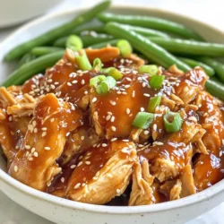 - Chicken Thighs - 4 boneless, skinless chicken thighs - Sauce Ingredients - 1/2 cup honey - 1/4 cup soy sauce (or tamari for gluten-free) - 4 cloves garlic, minced - 1 tablespoon fresh ginger, grated - 1 teaspoon sesame oil - 1/2 teaspoon red pepper flakes (adjust for spice level) - 1/2 cup chicken broth - Vegetables and Garnishes - 1 cup green beans, trimmed - 1 tablespoon cornstarch mixed with 1 tablespoon cold water (for thickening) - Sesame seeds and sliced green onions for garnish In this recipe, chicken thighs are the star. They stay juicy and tender during cooking. Honey adds a nice sweetness. Soy sauce gives it a savory touch. Garlic and ginger bring a punch of flavor. The sesame oil adds a subtle nutty taste. Red pepper flakes can spice things up. Chicken broth keeps everything moist. For veggies, green beans are a great choice. They add color and crunch. The cornstarch thickens the sauce, making it rich and sticky. Lastly, sesame seeds and green onions brighten up your dish for serving. {{ingredient_image_1}} Preparing the Chicken Start with four boneless, skinless chicken thighs. Place these thighs in the bottom of your slow cooker. Make sure they fit snugly. This helps them cook evenly. Mixing the Sauce In a bowl, mix together half a cup of honey, a quarter cup of soy sauce, four minced garlic cloves, one tablespoon of grated ginger, one teaspoon of sesame oil, and half a teaspoon of red pepper flakes. Stir this mixture well. The sauce will be sweet and savory. Combining Ingredients in the Slow Cooker Pour the honey garlic sauce over the chicken thighs. Then, add half a cup of chicken broth to the slow cooker. Make sure the chicken is fully coated in the sauce. This will keep it juicy and flavorful. Cooking Times and Temperatures Cover the slow cooker. Cook the chicken on low for six to seven hours. If you're short on time, you can cook it on high for three to four hours. The chicken will be ready when it's tender and easy to shred. Adding Vegetables In the last thirty minutes of cooking, add one cup of trimmed green beans to the slow cooker. Stir the beans into the sauce. They will cook quickly and add a nice crunch. Thicken the Sauce Once the cooking time is up, take out the chicken thighs and set them aside. Stir one tablespoon of cornstarch mixed with one tablespoon of cold water into the sauce. Turn the heat to high. Let it thicken for about ten to fifteen minutes. Stir occasionally to avoid lumps. Shredding the Chicken While the sauce thickens, shred the chicken with two forks. It should pull apart easily. This will help it soak up more sauce. Plating the Dish Serve the honey garlic chicken warm over a bed of rice or quinoa. Place the shredded chicken on top, and make sure to drizzle some thickened sauce over it. Garnishing Ideas Finish your dish with a sprinkle of sesame seeds and sliced green onions. This adds a nice touch and a pop of color. Enjoy your tasty meal! - Ensuring Chicken Tenderness: Use boneless, skinless chicken thighs. They stay moist and tender. Cook on low for 6-7 hours for best results. This slow cooking method helps the chicken soak up all that tasty sauce. - Adjusting Spice Levels: If you want more heat, add extra red pepper flakes. Start small and taste as you go. You can always add more, but it's hard to take it out! - Best Sides to Serve: Steamed rice or quinoa pairs perfectly with this dish. They soak up the sauce well. You can also serve with a fresh salad for some crunch. - Presentation Hacks: For a pretty plate, use shallow bowls. Place the chicken on top of the rice, then arrange green beans beside it. Drizzle sauce over the top and sprinkle with sesame seeds and green onions for color. - Using Different Types of Slow Cookers: Most slow cookers work well for this recipe. If you have a newer model, check the manual for cooking times. They may cook a bit faster. - Alternative Cooking Times: If you are short on time, cook on high for 3-4 hours. The chicken will still be tender but check it early to avoid overcooking. Pro Tips Use Fresh Ingredients: Fresh garlic and ginger can significantly enhance the flavor profile of your dish, making it more aromatic and delicious. Adjust the Spice Level: Feel free to modify the amount of red pepper flakes according to your spice tolerance. For a milder dish, reduce the flakes or omit them entirely. Thicken to Taste: If you prefer a thicker sauce, add more cornstarch mixed with water as needed. Just remember to let it simmer a bit longer for the best results. Meal Prep Friendly: This dish is great for meal prep! Store leftovers in airtight containers for up to 4 days in the refrigerator, or freeze for longer storage. {{image_2}} Using Different Cuts of Chicken You can use chicken breasts instead of thighs. Breasts cook faster, so check them after 3 hours on high. You can also try chicken drumsticks for a juicy option. They add more flavor but may need longer cooking time. Gluten-Free Options To make this dish gluten-free, use tamari instead of soy sauce. This swap keeps the same great taste. Always check labels on honey and broth for hidden gluten. Adding Vegetables You can easily add more veggies for fun. Try bell peppers, carrots, or snap peas. Add them in the last hour of cooking to keep them crisp. They boost nutrition and color for a beautiful plate. Using Different Sauces Mix it up with different sauces! Try using teriyaki sauce for a sweet twist. You could also add a splash of orange juice for a citrus kick. Experimenting with flavors keeps the dish fresh and exciting. Instant Pot Version If you own an Instant Pot, this recipe can be done in just 30 minutes. Use the sauté function for the sauce, then add the chicken and broth. Seal the lid and cook on high pressure for 10 minutes. Quick and tasty! Stovetop Adaptation You can also make this on the stovetop. Start by browning the chicken in a pan. Add the sauce and broth, then cover and simmer for about 30 minutes. This method gives you a nice sear and rich flavor. After you enjoy your slow cooker honey garlic chicken, you can store the leftovers. Place the chicken in a container and cover it well. Refrigerate the chicken within two hours of cooking. This keeps it fresh and safe. For the best results, use airtight containers. Glass or plastic containers work great. They help keep the chicken moist and tasty. If you want to save the honey garlic chicken for later, freezing is a good option. Allow the chicken to cool completely before freezing. This helps prevent ice crystals from forming. Use freezer-safe bags or containers to store the chicken. Remove as much air as possible to avoid freezer burn. The chicken can last in the freezer for up to three months. When it's time to enjoy your leftover chicken, reheating it properly is key. You can use the microwave, stovetop, or oven. For the microwave, place the chicken in a bowl and cover it. Heat it in short bursts, stirring in between. This helps heat it evenly. If you use the stovetop, put the chicken in a pan over low heat. Add a splash of chicken broth to keep it moist. Stir it often until warmed through. For the oven, preheat it to 350°F (175°C). Place the chicken in an oven-safe dish, cover it with foil, and heat for about 20 minutes. To keep the chicken moist, adding a bit of broth or sauce while reheating helps. This prevents the chicken from drying out. Enjoy your meal again! Can I use chicken breasts instead of thighs? Yes, you can use chicken breasts. They will cook faster. Keep an eye on the time. Breasts may dry out if cooked too long. How do I make this recipe spicier? To add heat, increase the red pepper flakes. You can also add sliced fresh chili peppers. This will boost the flavor and heat. What is the best way to thicken the sauce? Mix cornstarch with cold water. Add this to the sauce and cook on high. Stir until the sauce thickens to your liking. Calories and Macronutrients This dish has about 350 calories per serving. It contains protein, carbs, and healthy fats. Chicken provides lean protein while honey adds natural sugars. Dietary Considerations This recipe is great for many diets. Use tamari for gluten-free. Adjust honey for lower sugar options if needed. How many servings does this recipe make? This recipe makes four servings. It’s perfect for family meals or meal prep. Can I scale the recipe up or down? Yes, you can adjust the amounts. Just keep the same ratios for the sauce. This way, the flavors stay balanced. This article covers everything you need for a delicious slow-cooker dish. We discussed key ingredients, step-by-step cooking instructions, and helpful tips for great results. You can adjust spices and try new flavor combos, too. Storing leftovers properly ensures you enjoy every bite later. With these ideas, you can create a tasty meal for any occasion. Keep experimenting with variations to find your favorite. Cooking should be fun and rewarding, so enjoy the process and share your success!