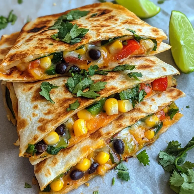 To make loaded veggie quesadillas, gather these key items: - 4 large flour tortillas - 1 cup black beans, drained and rinsed - 1 cup corn kernels (fresh, frozen, or canned) - 1 bell pepper, diced (any color) - 1 medium zucchini, diced - 1 cup spinach leaves, roughly chopped - 1 teaspoon ground cumin - 1 teaspoon smoked paprika - 1 cup shredded cheese (cheddar, Monterey Jack, or a blend) - 2 tablespoons olive oil - Salt and pepper to taste These ingredients create a tasty mix of flavors and textures. The black beans add protein, while the veggies bring color and crunch. Feel free to add your favorite extras to make these quesadillas your own. Here are some fun options: - Avocado slices - Jalapeños for heat - Fresh herbs like parsley or basil - Different cheese types like feta or goat cheese - Sliced olives Mix and match to find your perfect combo. This flexibility makes the recipe fun and personal. To elevate your loaded veggie quesadillas, consider these garnishes: - Fresh cilantro for a burst of flavor - Lime wedges to squeeze on top - Sour cream or Greek yogurt for creaminess - Salsa or pico de gallo for a fresh kick These garnishes add freshness and depth. They also make your dish look more appealing for sharing. Enjoy! {{ingredient_image_1}} To make the veggie filling, first, heat 1 tablespoon of olive oil in a large skillet. Add the diced bell pepper and zucchini. Cook them over medium heat for about 5 minutes. You want them soft but not mushy. Next, stir in the black beans and corn. Add the chopped spinach, ground cumin, smoked paprika, salt, and pepper. Cook this mixture for another 3-4 minutes. You will see the spinach wilt. Once done, remove the skillet from heat and let it cool a bit. Now, let’s assemble the quesadilla. Heat the remaining tablespoon of olive oil in a non-stick skillet over medium heat. Place one tortilla in the skillet. On one half of the tortilla, add ¼ cup of shredded cheese. Next, scoop a generous amount of the veggie mixture on top of the cheese. Then, add another ¼ cup of cheese over the veggies. Fold the tortilla in half, covering the filling. For crispy quesadillas, cook them for 3-4 minutes on one side. You want it to turn golden brown. Then, carefully flip the quesadilla and cook the other side for another 3-4 minutes. If you like them extra crispy, you can cook them a bit longer. Repeat this with the remaining tortillas and filling. When they are done, cut them into wedges. Serve them warm with fresh cilantro and lime wedges on the side for added flavor. When picking tortillas, go for large flour tortillas. They are soft and easy to fold. Corn tortillas also work well for a gluten-free option. Make sure they are fresh for the best taste. Look for those without added preservatives to keep it healthy. To change the spice level, you can add or cut out spices. If you like it spicy, add diced jalapeños or a pinch of cayenne pepper. For milder quesadillas, stick with just the cumin and smoked paprika. Taste the filling before you assemble. This lets you adjust to your liking. Choosing cheese can make or break your quesadilla. I love using a mix of cheddar and Monterey Jack. This mix melts well and adds rich flavor. You can also try pepper jack for a kick. If you want a different taste, consider crumbled queso fresco or mozzarella. The choice is yours! Pro Tips Use Fresh Ingredients: Fresh vegetables not only enhance the flavor but also provide a vibrant texture and color to your quesadillas. Experiment with Cheese: Try different types of cheese like pepper jack for a spicy kick or goat cheese for a creamy twist. Don’t Overfill: While it’s tempting to load up your quesadilla, overfilling can make them difficult to flip and can lead to spills. Keep the Heat Moderate: Cooking at medium heat ensures that the tortillas become crisp without burning while allowing the cheese to melt perfectly. {{image_2}} To make vegan loaded veggie quesadillas, skip the cheese. Use nutritional yeast for a cheesy taste. It adds flavor and is dairy-free. You can also replace the cheese with vegan cheese options available in stores. They melt well and taste great. If you need a gluten-free option, use gluten-free tortillas. Many brands offer tasty choices. Make sure to check the labels to avoid any hidden gluten. This small change lets everyone enjoy these quesadillas without worry. You can add proteins to these quesadillas for an extra boost. Cooked chicken, turkey, or tofu work well. Simply mix them with the veggie filling. For more vegetables, try adding mushrooms, carrots, or kale. This makes your quesadillas even more colorful and tasty. Get creative and adjust to your taste! You can store leftover quesadillas in the fridge. Place them in an airtight container. They stay fresh for 3 to 4 days. Make sure they cool down before sealing. I recommend placing parchment paper between layers to avoid sticking. To freeze your quesadillas, wrap each one in plastic wrap. Then place them in a freezer bag or container. They last for up to 2 months in the freezer. Label the bag with the date. This way, you’ll know exactly when you made them. To reheat, use a skillet over medium heat. Cook each side for about 3 to 4 minutes. This keeps them crispy. You can also microwave them for 1 to 2 minutes if you’re in a hurry. However, this may make them a bit soft. Enjoy your quesadillas warm! To make loaded veggie quesadillas in the oven, preheat your oven to 400°F. Line a baking sheet with parchment paper. Prepare your filling as described in the recipe. Place your tortillas flat on the sheet. Add cheese and the veggie mix to one half of each tortilla. Fold them over. Brush the tops with olive oil. Bake for 15-20 minutes until golden and crispy. Yes, you can use other vegetables. Try mushrooms, onions, or broccoli. You can even add kale or sweet potatoes for different flavors. Feel free to mix and match until you find your favorite combo. Some great sides are salsa, guacamole, or sour cream. You can also serve with a fresh salad or Mexican rice. These pairs add more flavor and make the meal complete. Cooked quesadillas last in the fridge for about 3-4 days. Store them in an airtight container. Reheat them in a skillet or microwave before eating. This keeps them tasty and warm. In this post, we covered how to make loaded veggie quesadillas, from choosing ingredients to cooking tips. I shared ideas for customizing flavors and suggested options for different diets. You learned how to store and reheat these tasty treats. Now, you can enjoy delicious quesadillas any time. Be creative with your fillings and spices. Cooking should be fun, so experiment and make them your own!
