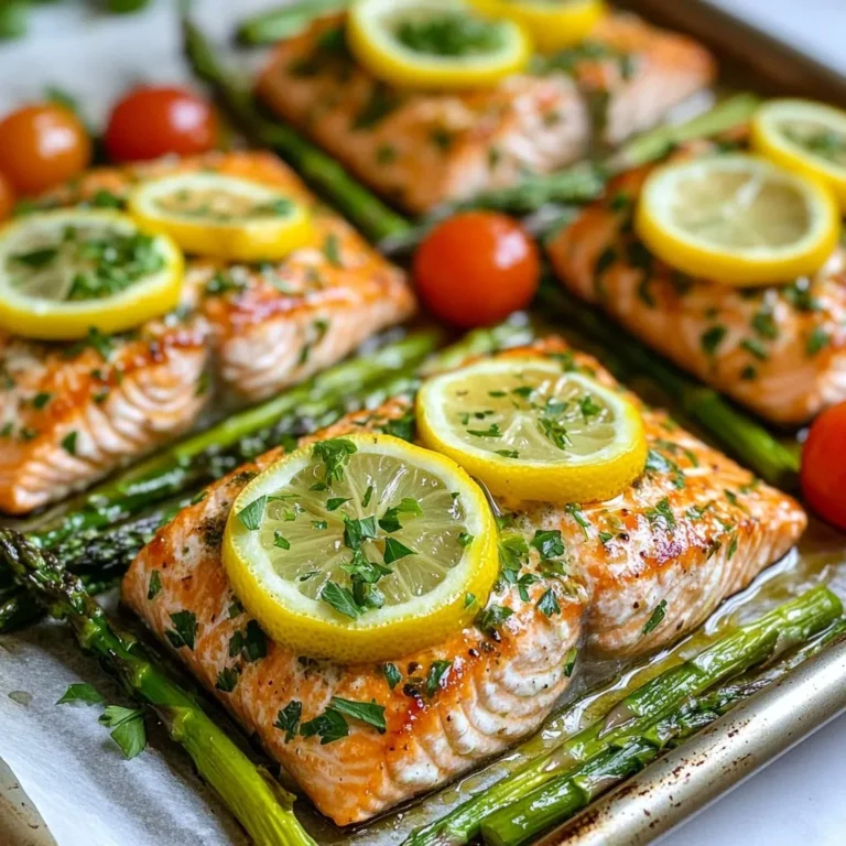 - 4 salmon fillets - 2 tablespoons olive oil - 2 lemons (1 sliced into rounds, 1 juiced) - 3 cloves garlic, minced - 1 teaspoon dried oregano - 1 teaspoon dried thyme - Salt and pepper to taste - 1 cup cherry tomatoes, halved - 1 cup asparagus, trimmed - Fresh parsley, for garnish The ingredients for this dish are simple yet full of flavor. The salmon fillets form the base of the meal. Fresh lemons add a bright and zesty taste. I love using two lemons—one for juice and one for slices. The garlic gives a nice kick that pairs well with the herbs. For seasoning, I opt for dried oregano and thyme. They add depth without overwhelming the dish. Salt and pepper are key to enhancing all the flavors. For the veggies, I choose cherry tomatoes and asparagus. They roast well and balance the meal. Plus, their colors make the dish look beautiful. Finally, fresh parsley adds a pop of green. It makes each plate look fresh and inviting. These ingredients come together to create a meal that is both easy and delicious. {{ingredient_image_1}} 1. First, preheat your oven to 400°F (200°C). This heat makes the salmon cook just right. 2. Line a baking sheet with parchment paper. This helps with easy cleanup later. 3. In a small bowl, whisk together the olive oil, lemon juice, minced garlic, dried oregano, dried thyme, salt, and pepper. Mix until combined. This will be your tasty marinade. 1. Place the salmon fillets on the prepared baking sheet, skin side down. This helps keep the fish moist. 2. Brush the salmon fillets with the lemon herb mixture. Make sure to cover them well. 3. Arrange lemon slices on top of the salmon. They add flavor and look nice. 4. In another area on the baking sheet, add the halved cherry tomatoes and trimmed asparagus. Drizzle them with a bit more olive oil and season with salt and pepper, just like the salmon. 1. Bake everything in the preheated oven for about 12 to 15 minutes. You want the salmon to flake easily with a fork. The veggies should be tender. 2. Once done, take the baking sheet out of the oven and let it rest for a minute. This helps the flavors settle. 3. Garnish the dish with fresh parsley before serving. It adds a burst of color and flavor. To ensure your salmon stays moist, I recommend brushing it with the lemon herb mixture. This adds flavor and keeps the fish juicy. Don't skip the lemon slices on top. They not only taste great but also add moisture as the salmon bakes. For herbs, I love using oregano and thyme. These herbs bring a nice earthy flavor to the dish. You can also try dill or rosemary if you want to mix it up. Just remember to chop them fresh for the best taste. Timing is key for perfectly roasted asparagus and tomatoes. Asparagus cooks fast, so add it to the baking sheet five minutes after the salmon goes in. The tomatoes can roast for the same time as the salmon, so place them all on the sheet from the start. If you don’t have asparagus or cherry tomatoes, try broccoli or bell peppers instead. Both roast well and add a lovely color to the dish. For side dishes, a light salad pairs nicely with the salmon. A simple green salad with lemon vinaigrette works great. You can also serve it with rice or quinoa for a filling meal. When plating your salmon, place the fillet in the center of the plate. Arrange the roasted veggies around it. A sprinkle of fresh parsley on top adds a pop of color and freshness. Serve with lemon wedges for an extra zing! Pro Tips Use Fresh Herbs: Fresh herbs enhance the flavor of your salmon. If you have access to fresh oregano and thyme, consider using them instead of dried for a more vibrant taste. Perfect Salmon Cooking Time: Keep an eye on the salmon while it bakes. Depending on the thickness of the fillets, cooking time may vary slightly, so check for doneness at the 10-minute mark. Customize Your Veggies: Feel free to swap in your favorite vegetables. Zucchini, bell peppers, or even broccoli work beautifully in this dish and can be seasoned similarly. Rest Your Salmon: Letting the salmon rest for a minute after baking allows the juices to redistribute, resulting in a moister and more flavorful fillet. {{image_2}} You can swap salmon for other proteins. Chicken works well here. Tofu is a great choice for plant-based diets. When using chicken, cut it into thin pieces. This helps it cook quickly. For chicken, bake for 20-25 minutes. Tofu needs about 15-20 minutes to cook. You can change the flavors to keep it exciting. Try using fresh herbs instead of dried ones. Basil or dill adds fresh tastes. You can also mix in spices like paprika or cumin. For a citrus twist, use lime or orange juice instead of lemon. This gives a new flavor profile that surprises your taste buds. You don’t have to bake this dish; grilling is another option. Grilling gives a smoky flavor that’s delicious. If you need a faster method, try a skillet. Heat some oil in a pan. Cook the salmon and veggies for about 10 minutes. This method is quick and easy for busy nights. To keep your sheet pan lemon herb salmon fresh, store it in the fridge. Place the salmon and veggies in an airtight container. They will stay good for up to three days. Make sure to let the dish cool before sealing. If you want to save it for later, freezing is an option. Wrap each salmon fillet in plastic wrap, then place in a freezer-safe bag. It can last for up to three months in the freezer. When it’s time to eat your leftovers, you can choose to microwave or use the oven. For the microwave, place the salmon on a plate and cover it with a damp paper towel. Heat in 30-second bursts until warm. For the oven, preheat to 350°F. Place the salmon on a baking sheet and cover it with foil. Heat for about 10 minutes. This helps keep the salmon moist. Always check that it’s warm all the way through. If you have a busy week ahead, meal prep is a great choice. You can make this dish ahead of time. Cook the salmon and veggies, then divide them into single servings. Store each serving in a container. This way, you can grab a healthy meal on the go. If you want more variety, prepare extra veggies or add a side salad. This makes meals fun and easy! How long to bake salmon at 400°F? You should bake salmon for about 12-15 minutes at 400°F. It will be done when it flakes easily with a fork. Keep an eye on it, so it doesn't dry out. Can I use frozen salmon for this recipe? Yes, you can use frozen salmon! Just make sure to thaw it first. You can thaw it overnight in the fridge or quickly in cold water. This helps the salmon cook evenly. Gluten-free options available? This recipe is naturally gluten-free. All the ingredients are safe for those with gluten issues. You can enjoy this dish without worry! Dairy considerations for the recipe This recipe does not use any dairy. It's perfect if you're lactose intolerant or just want a dairy-free meal. Feel free to enjoy it guilt-free! What is the best way to tell if salmon is done? The best way is to check for flakiness. Use a fork to gently pull apart the salmon. If it flakes easily, it's done. You can also check the color; it should be opaque. How to make the dish spicier or more flavorful? To add spice, try adding a pinch of red pepper flakes to the marinade. You can also add some hot sauce or chili powder. For extra flavor, mix in fresh herbs or citrus zest! This blog post covered a simple and tasty salmon recipe. We explored the main ingredients, steps for baking, and helpful tips for perfecting your dish. You saw how to vary the recipe and store leftovers for later. Remember, cooking is about creativity and enjoying the process. Try different proteins and flavors to find what you love. Embrace your cooking journey. Each meal is a chance to learn and share with others. I hope you enjoy making this delicious dish as much as I do!