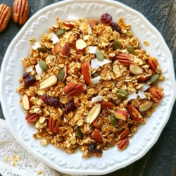 Making Maple Pecan Granola is easy. Here are the key ingredients you will need: - 3 cups rolled oats - 1 cup pecans, roughly chopped - 1/2 cup almonds, sliced - 1/2 cup pumpkin seeds - 1/2 cup shredded coconut (unsweetened) - 1/2 teaspoon salt - 1 teaspoon cinnamon - 1/2 cup maple syrup - 1/4 cup coconut oil, melted - 1 teaspoon vanilla extract Each ingredient plays a role in the taste and crunch of the granola. The oats serve as the base. Nuts give it a nice crunch and healthy fats. Coconut adds a touch of sweetness. Maple syrup binds everything together and adds a rich flavor. You can customize your granola with optional ingredients. Here are some fun ideas: - 1/2 cup dried cranberries - 1/4 cup chocolate chips - 1/4 cup sunflower seeds - 1/2 teaspoon nutmeg Adding dried cranberries brings a tart bite. Chocolate chips can make it a sweet treat. Sunflower seeds add more crunch and nutrition. Feel free to mix and match! This granola is not just tasty; it is also packed with nutrients. Here’s a quick look at its benefits: - Oats: High in fiber and great for digestion. - Pecans and almonds: Full of healthy fats and protein. - Pumpkin seeds: High in magnesium and zinc. - Coconut: Provides healthy fats and adds flavor. - Maple syrup: A natural sweetener with antioxidants. This granola is a great snack or breakfast option. It fuels your body and keeps you full. So, enjoy every crunchy bite! {{ingredient_image_1}} First, you need to preheat your oven to 350°F (175°C). This step warms the oven and helps the granola cook evenly. Next, grab a large baking sheet and line it with parchment paper. The paper keeps the granola from sticking and makes cleanup easier. In a large mixing bowl, combine the rolled oats, chopped pecans, sliced almonds, pumpkin seeds, shredded coconut, salt, and cinnamon. Stir these dry ingredients well. You want to ensure that the oats and nuts are mixed evenly, so every bite has a great taste. In a separate bowl, whisk together the maple syrup, melted coconut oil, and vanilla extract. Mix until everything is fully combined. This step adds sweetness and moisture to the granola, making it chewy and delicious. Pour the wet mixture over the dry ingredients. Stir well to coat everything evenly. Spread the granola mixture on your prepared baking sheet. Press it down slightly with a spatula. This helps form clusters. Bake it in the oven for 25-30 minutes. Be sure to stir halfway through for even browning. Once it turns golden brown and smells great, take it out. Let it cool completely on the baking sheet. After it cools, add dried cranberries if you want. Store the granola in an airtight container at room temperature for up to two weeks. To make your granola clump together, use these tips. First, mix your dry and wet ingredients well. Make sure every piece of oat gets coated. Second, press down the mixture on the baking sheet. This helps form clusters during baking. Lastly, avoid stirring too much while it cooks. Let it bake without too much fuss. You’ll get nice crunchy chunks that you can enjoy. Adjust the sweetness to fit your taste. If you like it sweeter, add more maple syrup. You can also try honey or agave syrup for a different flavor. For a more nutty taste, increase the pecans or almonds. If you want a hint of spice, add more cinnamon or nutmeg. These small changes can make a big difference in the final taste of your granola. Baking granola takes care and attention. Start by preheating your oven. This helps the granola cook evenly. Use parchment paper for easy cleanup. Spread the mixture evenly on the baking sheet. Bake at 350°F for about 25 to 30 minutes. Stir halfway through to ensure even browning. Watch it closely near the end. It can go from golden to burnt quickly. Once it’s done, let it cool fully. This makes it crunchy and ready for snacking. Pro Tips Use Fresh Ingredients: Always opt for fresh nuts and seeds to enhance the flavor and nutritional value of your granola. Customize the Sweetness: Adjust the amount of maple syrup according to your taste preferences or substitute with honey for a different flavor. Experiment with Spices: Feel free to add other spices like nutmeg or ginger for an extra kick of flavor in your granola. Store Properly: Ensure your granola is completely cooled before storing to maintain its crunchiness. {{image_2}} You can change the nuts and seeds in your granola. Try using walnuts or hazelnuts instead of pecans. These nuts add a different taste and texture. You can also use sunflower seeds or chia seeds for extra crunch and nutrition. Mixing different nuts and seeds keeps it exciting. Adjusting flavors is easy. If you want a sweeter granola, add more maple syrup. A pinch of nutmeg can add warmth. You can also add cocoa powder for a chocolatey twist. If you love spices, try adding cardamom or ginger for a unique flavor. These small changes can make your granola truly your own. Making your granola gluten-free is simple. Use certified gluten-free oats to ensure safety. This way, everyone can enjoy your snack. You can also use gluten-free grains like quinoa or puffed rice. They add a fun crunch and keep your granola light. With these swaps, everyone can share in the tasty goodness. To keep your maple pecan granola fresh, store it in an airtight container. This helps keep moisture out. A glass jar or a plastic container with a good seal works well. Make sure the granola is completely cool before sealing it. If it’s still warm, it can trap steam and make the granola soft. Your homemade granola will stay fresh for about two weeks at room temperature. After that, it may start to lose its crunch. Check for any signs of spoilage, like off smells or mold. If it looks or smells strange, it’s best to toss it out. Freezing granola is a great option if you want to save it for longer. To freeze, place the granola in a freezer-safe bag or container. Make sure to remove as much air as possible. When you are ready to eat it, let it thaw at room temperature. This method helps keep the granola crunchy and tasty for up to three months. Yes, you can. If you want to skip oats, try using puffed rice or quinoa. These options give a nice crunch. They also absorb flavors well. You can mix in nuts and seeds for more texture. Experiment with different grains to find your favorite blend. You can serve granola in many ways. It’s great with yogurt and fresh fruit. You can also add it to smoothie bowls for crunch. For a quick snack, enjoy it straight from the jar. You can even sprinkle it on ice cream for a sweet treat. The options are endless! Homemade granola stays fresh for about two weeks. Keep it in an airtight container at room temperature. If you want to store it longer, consider freezing it. Granola can last up to three months in the freezer. Just remember to let it cool before storing. Enjoy your crunchy snack anytime! To sum up, this blog post covered how to make Maple Pecan Granola. We talked about key ingredients, optional add-ins, and the nutritional benefits. I shared clear steps on how to mix, bake, and cool your granola. You also learned tips for making clusters and adjusting flavor. We explored variations for taste and dietary needs, plus storage tips. Granola is fun to make and versatile. You can enjoy it in many ways. Start your own batch, and enjoy a tasty snack!