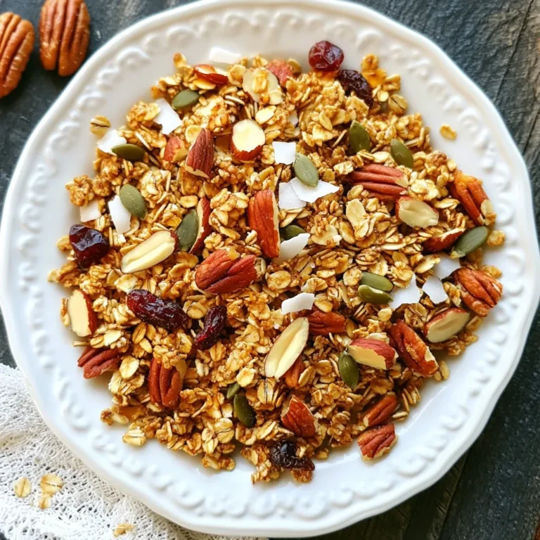 Making Maple Pecan Granola is easy. Here are the key ingredients you will need: - 3 cups rolled oats - 1 cup pecans, roughly chopped - 1/2 cup almonds, sliced - 1/2 cup pumpkin seeds - 1/2 cup shredded coconut (unsweetened) - 1/2 teaspoon salt - 1 teaspoon cinnamon - 1/2 cup maple syrup - 1/4 cup coconut oil, melted - 1 teaspoon vanilla extract Each ingredient plays a role in the taste and crunch of the granola. The oats serve as the base. Nuts give it a nice crunch and healthy fats. Coconut adds a touch of sweetness. Maple syrup binds everything together and adds a rich flavor. You can customize your granola with optional ingredients. Here are some fun ideas: - 1/2 cup dried cranberries - 1/4 cup chocolate chips - 1/4 cup sunflower seeds - 1/2 teaspoon nutmeg Adding dried cranberries brings a tart bite. Chocolate chips can make it a sweet treat. Sunflower seeds add more crunch and nutrition. Feel free to mix and match! This granola is not just tasty; it is also packed with nutrients. Here’s a quick look at its benefits: - Oats: High in fiber and great for digestion. - Pecans and almonds: Full of healthy fats and protein. - Pumpkin seeds: High in magnesium and zinc. - Coconut: Provides healthy fats and adds flavor. - Maple syrup: A natural sweetener with antioxidants. This granola is a great snack or breakfast option. It fuels your body and keeps you full. So, enjoy every crunchy bite! {{ingredient_image_1}} First, you need to preheat your oven to 350°F (175°C). This step warms the oven and helps the granola cook evenly. Next, grab a large baking sheet and line it with parchment paper. The paper keeps the granola from sticking and makes cleanup easier. In a large mixing bowl, combine the rolled oats, chopped pecans, sliced almonds, pumpkin seeds, shredded coconut, salt, and cinnamon. Stir these dry ingredients well. You want to ensure that the oats and nuts are mixed evenly, so every bite has a great taste. In a separate bowl, whisk together the maple syrup, melted coconut oil, and vanilla extract. Mix until everything is fully combined. This step adds sweetness and moisture to the granola, making it chewy and delicious. Pour the wet mixture over the dry ingredients. Stir well to coat everything evenly. Spread the granola mixture on your prepared baking sheet. Press it down slightly with a spatula. This helps form clusters. Bake it in the oven for 25-30 minutes. Be sure to stir halfway through for even browning. Once it turns golden brown and smells great, take it out. Let it cool completely on the baking sheet. After it cools, add dried cranberries if you want. Store the granola in an airtight container at room temperature for up to two weeks. To make your granola clump together, use these tips. First, mix your dry and wet ingredients well. Make sure every piece of oat gets coated. Second, press down the mixture on the baking sheet. This helps form clusters during baking. Lastly, avoid stirring too much while it cooks. Let it bake without too much fuss. You’ll get nice crunchy chunks that you can enjoy. Adjust the sweetness to fit your taste. If you like it sweeter, add more maple syrup. You can also try honey or agave syrup for a different flavor. For a more nutty taste, increase the pecans or almonds. If you want a hint of spice, add more cinnamon or nutmeg. These small changes can make a big difference in the final taste of your granola. Baking granola takes care and attention. Start by preheating your oven. This helps the granola cook evenly. Use parchment paper for easy cleanup. Spread the mixture evenly on the baking sheet. Bake at 350°F for about 25 to 30 minutes. Stir halfway through to ensure even browning. Watch it closely near the end. It can go from golden to burnt quickly. Once it’s done, let it cool fully. This makes it crunchy and ready for snacking. Pro Tips Use Fresh Ingredients: Always opt for fresh nuts and seeds to enhance the flavor and nutritional value of your granola. Customize the Sweetness: Adjust the amount of maple syrup according to your taste preferences or substitute with honey for a different flavor. Experiment with Spices: Feel free to add other spices like nutmeg or ginger for an extra kick of flavor in your granola. Store Properly: Ensure your granola is completely cooled before storing to maintain its crunchiness. {{image_2}} You can change the nuts and seeds in your granola. Try using walnuts or hazelnuts instead of pecans. These nuts add a different taste and texture. You can also use sunflower seeds or chia seeds for extra crunch and nutrition. Mixing different nuts and seeds keeps it exciting. Adjusting flavors is easy. If you want a sweeter granola, add more maple syrup. A pinch of nutmeg can add warmth. You can also add cocoa powder for a chocolatey twist. If you love spices, try adding cardamom or ginger for a unique flavor. These small changes can make your granola truly your own. Making your granola gluten-free is simple. Use certified gluten-free oats to ensure safety. This way, everyone can enjoy your snack. You can also use gluten-free grains like quinoa or puffed rice. They add a fun crunch and keep your granola light. With these swaps, everyone can share in the tasty goodness. To keep your maple pecan granola fresh, store it in an airtight container. This helps keep moisture out. A glass jar or a plastic container with a good seal works well. Make sure the granola is completely cool before sealing it. If it’s still warm, it can trap steam and make the granola soft. Your homemade granola will stay fresh for about two weeks at room temperature. After that, it may start to lose its crunch. Check for any signs of spoilage, like off smells or mold. If it looks or smells strange, it’s best to toss it out. Freezing granola is a great option if you want to save it for longer. To freeze, place the granola in a freezer-safe bag or container. Make sure to remove as much air as possible. When you are ready to eat it, let it thaw at room temperature. This method helps keep the granola crunchy and tasty for up to three months. Yes, you can. If you want to skip oats, try using puffed rice or quinoa. These options give a nice crunch. They also absorb flavors well. You can mix in nuts and seeds for more texture. Experiment with different grains to find your favorite blend. You can serve granola in many ways. It’s great with yogurt and fresh fruit. You can also add it to smoothie bowls for crunch. For a quick snack, enjoy it straight from the jar. You can even sprinkle it on ice cream for a sweet treat. The options are endless! Homemade granola stays fresh for about two weeks. Keep it in an airtight container at room temperature. If you want to store it longer, consider freezing it. Granola can last up to three months in the freezer. Just remember to let it cool before storing. Enjoy your crunchy snack anytime! To sum up, this blog post covered how to make Maple Pecan Granola. We talked about key ingredients, optional add-ins, and the nutritional benefits. I shared clear steps on how to mix, bake, and cool your granola. You also learned tips for making clusters and adjusting flavor. We explored variations for taste and dietary needs, plus storage tips. Granola is fun to make and versatile. You can enjoy it in many ways. Start your own batch, and enjoy a tasty snack!