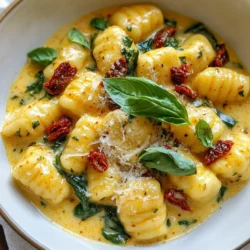 - 500g potato gnocchi - 1 cup sun-dried tomatoes, chopped - 1 cup heavy cream - 1 cup fresh spinach, roughly chopped - 1 tablespoon olive oil - 2 cloves garlic, minced - 1 teaspoon dried oregano - 1/2 cup parmesan cheese, grated - Salt and pepper to taste - Fresh basil leaves for garnish - Large pot - Skillet - Cooking utensils When I make Creamy Sun Dried Tomato Gnocchi, I focus on fresh and simple ingredients. The potato gnocchi is the star. It has a soft and fluffy texture that pairs perfectly with the sauce. Sun-dried tomatoes add a sweet and tangy flavor that enhances every bite. Heavy cream creates a rich and smooth sauce that brings everything together. I love adding fresh spinach for color and nutrition. It wilts down beautifully and adds a nice green touch. Olive oil is my go-to for sautéing garlic and sun-dried tomatoes. It keeps the flavors bright and lively. For seasoning, I use minced garlic, dried oregano, salt, and pepper. These ingredients give depth to the dish. I finish with grated parmesan cheese, which melts into the sauce and adds a savory note. Fresh basil leaves on top make the dish look beautiful and fragrant. You only need a large pot to cook the gnocchi and a skillet for the sauce. Having the right tools helps everything flow smoothly. With these ingredients and equipment, you’re set for a delightful dinner. {{ingredient_image_1}} 1. Boil the gnocchi in salted water. Fill a large pot with water and add a generous amount of salt. Bring the water to a rolling boil. Carefully add the potato gnocchi to the pot. Cook them according to the package instructions. You’ll know they are done when they float to the surface, usually in about 2-3 minutes. 2. Drain and set aside. Once cooked, drain the gnocchi in a colander. Let them sit for a moment to remove excess water. Set them aside while you prepare the sauce. 1. Sauté garlic in olive oil. In a large skillet, heat 1 tablespoon of olive oil over medium heat. Add 2 cloves of minced garlic. Sauté for about 1 minute until the garlic is fragrant. Be careful not to burn it. 2. Add sun-dried tomatoes and cook further. Next, add 1 cup of chopped sun-dried tomatoes to the skillet. Cook them for an additional 2-3 minutes. This will enhance their flavor and soften them a bit. 3. Pour in heavy cream and let simmer. Now, pour in 1 cup of heavy cream. Stir well to combine everything. Let the mixture simmer for about 5 minutes. This will help the sauce thicken and develop rich flavors. 1. Mix in seasonings, spinach, and gnocchi. Add 1 teaspoon of dried oregano, salt, and pepper to taste. Then, gently mix in 1 cup of roughly chopped fresh spinach and the drained gnocchi. Stir carefully to coat the gnocchi with the creamy sauce. 2. Add parmesan cheese and adjust sauce consistency. Finally, sprinkle 1/2 cup of grated parmesan cheese over the top. Stir until the cheese melts into the sauce. If the sauce is too thick, add a splash of pasta water to reach your desired consistency. Enjoy the creamy goodness! To avoid mushy gnocchi, use fresh, high-quality ingredients. Cook the gnocchi in boiling salted water until they float, which usually takes about 2-3 minutes. This indicates they are ready. Drain them and avoid overcooking. If you let them sit too long, they can become soggy. To boost flavor, consider adding fresh herbs like basil or parsley. A touch of red pepper flakes can add warmth without overpowering the dish. Balancing flavors is key. The creaminess of the sauce pairs well with the tang of sun-dried tomatoes. Taste as you go and adjust the salt and pepper to your liking. Serve the gnocchi in shallow bowls. This makes it easier to enjoy the creamy sauce. Garnish with fresh basil leaves and a sprinkle of parmesan cheese. This adds color and makes your dish visually appealing. A drizzle of olive oil can also enhance the final look. Pro Tips Fresh Ingredients: Use fresh spinach and high-quality sun-dried tomatoes for the best flavor. Adjusting Creaminess: If the sauce becomes too thick, add a splash of pasta water to achieve your desired consistency. Cheese Melting: For a creamier texture, add the parmesan cheese gradually while stirring. Serving Suggestions: Garnish with fresh basil leaves and an extra sprinkle of parmesan for a beautiful presentation. {{image_2}} You can easily make this dish vegetarian. Start by adding more veggies. Zucchini and bell peppers work great. Just chop them up and toss them in when you add the sun-dried tomatoes. This adds color and taste. If you want to skip dairy, try coconut cream or cashew cream instead of heavy cream. For the cheese, use nutritional yeast or a dairy-free cheese. These changes keep the dish creamy and rich. Want to make it heartier? Add protein! Chicken or shrimp pairs well with the flavors. For chicken, cook bite-sized pieces in the skillet before adding garlic. For shrimp, toss them in after the garlic. Cook until they turn pink. Adding protein turns this dish into a full meal. You can serve it with a side salad for balance. Feel free to change the sauce up! Pesto is a fresh option. Use it instead of cream for a herby twist. Alfredo sauce also works well and adds a rich flavor. Experiment with different cheeses, too. Goat cheese gives a tangy taste, while feta adds creaminess. Mixing cheeses can create a fun and unique flavor profile. After cooking, store any leftover creamy sun-dried tomato gnocchi in an airtight container. Glass or plastic containers work well. This dish lasts for up to three days in the fridge. Be sure to let it cool before sealing the container. To reheat, use a skillet over low heat. This keeps the gnocchi nice and tender. Stir gently to avoid sticking. If it becomes too thick, add a splash of cream or pasta water. This keeps the sauce creamy and smooth. You can freeze this dish for longer storage. Place it in a freezer-safe container, leaving some space for expansion. It can stay frozen for up to three months. Thaw it overnight in the fridge before reheating. Use the skillet method again to warm it up, adding cream if needed. Yes, you can use store-bought gnocchi. It saves you time and effort. Store-bought gnocchi cooks fast and tastes great. You can find it in many grocery stores. Look for fresh or frozen options. Fresh gnocchi has a soft texture, while frozen is easy to keep. Both options work well in this dish. If you want a lighter option, consider using half-and-half. It adds creaminess but with less fat. You can also use coconut cream for a dairy-free choice. It gives a nice flavor. Another option is using cashew cream. Blend soaked cashews with water until smooth. Each of these alternatives changes the flavor slightly, so choose what you like best. To spice things up, add red pepper flakes. Just a pinch will add heat. You can also include diced jalapeños for a fresh kick. Another idea is to mix in hot sauce while cooking. If you like smoky flavors, try adding some smoked paprika. Adjust the spice level to match your taste. This recipe for creamy potato gnocchi combines simple ingredients for a delightful meal. You start with gnocchi, sun-dried tomatoes, and spinach, creating a rich sauce. Remember to keep your cooking times short to prevent mushy gnocchi. Feel free to explore variations by adding protein or trying different sauces. Store leftovers correctly to maintain freshness. I hope you find joy in making and sharing this dish. Your kitchen adventures with this recipe can lead to delicious results!