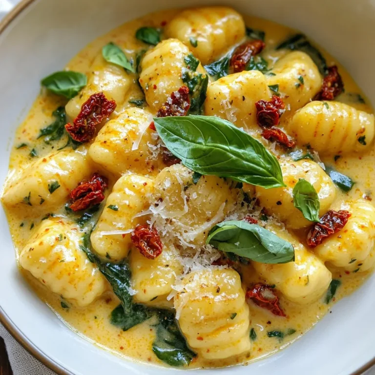 - 500g potato gnocchi - 1 cup sun-dried tomatoes, chopped - 1 cup heavy cream - 1 cup fresh spinach, roughly chopped - 1 tablespoon olive oil - 2 cloves garlic, minced - 1 teaspoon dried oregano - 1/2 cup parmesan cheese, grated - Salt and pepper to taste - Fresh basil leaves for garnish - Large pot - Skillet - Cooking utensils When I make Creamy Sun Dried Tomato Gnocchi, I focus on fresh and simple ingredients. The potato gnocchi is the star. It has a soft and fluffy texture that pairs perfectly with the sauce. Sun-dried tomatoes add a sweet and tangy flavor that enhances every bite. Heavy cream creates a rich and smooth sauce that brings everything together. I love adding fresh spinach for color and nutrition. It wilts down beautifully and adds a nice green touch. Olive oil is my go-to for sautéing garlic and sun-dried tomatoes. It keeps the flavors bright and lively. For seasoning, I use minced garlic, dried oregano, salt, and pepper. These ingredients give depth to the dish. I finish with grated parmesan cheese, which melts into the sauce and adds a savory note. Fresh basil leaves on top make the dish look beautiful and fragrant. You only need a large pot to cook the gnocchi and a skillet for the sauce. Having the right tools helps everything flow smoothly. With these ingredients and equipment, you’re set for a delightful dinner. {{ingredient_image_1}} 1. Boil the gnocchi in salted water. Fill a large pot with water and add a generous amount of salt. Bring the water to a rolling boil. Carefully add the potato gnocchi to the pot. Cook them according to the package instructions. You’ll know they are done when they float to the surface, usually in about 2-3 minutes. 2. Drain and set aside. Once cooked, drain the gnocchi in a colander. Let them sit for a moment to remove excess water. Set them aside while you prepare the sauce. 1. Sauté garlic in olive oil. In a large skillet, heat 1 tablespoon of olive oil over medium heat. Add 2 cloves of minced garlic. Sauté for about 1 minute until the garlic is fragrant. Be careful not to burn it. 2. Add sun-dried tomatoes and cook further. Next, add 1 cup of chopped sun-dried tomatoes to the skillet. Cook them for an additional 2-3 minutes. This will enhance their flavor and soften them a bit. 3. Pour in heavy cream and let simmer. Now, pour in 1 cup of heavy cream. Stir well to combine everything. Let the mixture simmer for about 5 minutes. This will help the sauce thicken and develop rich flavors. 1. Mix in seasonings, spinach, and gnocchi. Add 1 teaspoon of dried oregano, salt, and pepper to taste. Then, gently mix in 1 cup of roughly chopped fresh spinach and the drained gnocchi. Stir carefully to coat the gnocchi with the creamy sauce. 2. Add parmesan cheese and adjust sauce consistency. Finally, sprinkle 1/2 cup of grated parmesan cheese over the top. Stir until the cheese melts into the sauce. If the sauce is too thick, add a splash of pasta water to reach your desired consistency. Enjoy the creamy goodness! To avoid mushy gnocchi, use fresh, high-quality ingredients. Cook the gnocchi in boiling salted water until they float, which usually takes about 2-3 minutes. This indicates they are ready. Drain them and avoid overcooking. If you let them sit too long, they can become soggy. To boost flavor, consider adding fresh herbs like basil or parsley. A touch of red pepper flakes can add warmth without overpowering the dish. Balancing flavors is key. The creaminess of the sauce pairs well with the tang of sun-dried tomatoes. Taste as you go and adjust the salt and pepper to your liking. Serve the gnocchi in shallow bowls. This makes it easier to enjoy the creamy sauce. Garnish with fresh basil leaves and a sprinkle of parmesan cheese. This adds color and makes your dish visually appealing. A drizzle of olive oil can also enhance the final look. Pro Tips Fresh Ingredients: Use fresh spinach and high-quality sun-dried tomatoes for the best flavor. Adjusting Creaminess: If the sauce becomes too thick, add a splash of pasta water to achieve your desired consistency. Cheese Melting: For a creamier texture, add the parmesan cheese gradually while stirring. Serving Suggestions: Garnish with fresh basil leaves and an extra sprinkle of parmesan for a beautiful presentation. {{image_2}} You can easily make this dish vegetarian. Start by adding more veggies. Zucchini and bell peppers work great. Just chop them up and toss them in when you add the sun-dried tomatoes. This adds color and taste. If you want to skip dairy, try coconut cream or cashew cream instead of heavy cream. For the cheese, use nutritional yeast or a dairy-free cheese. These changes keep the dish creamy and rich. Want to make it heartier? Add protein! Chicken or shrimp pairs well with the flavors. For chicken, cook bite-sized pieces in the skillet before adding garlic. For shrimp, toss them in after the garlic. Cook until they turn pink. Adding protein turns this dish into a full meal. You can serve it with a side salad for balance. Feel free to change the sauce up! Pesto is a fresh option. Use it instead of cream for a herby twist. Alfredo sauce also works well and adds a rich flavor. Experiment with different cheeses, too. Goat cheese gives a tangy taste, while feta adds creaminess. Mixing cheeses can create a fun and unique flavor profile. After cooking, store any leftover creamy sun-dried tomato gnocchi in an airtight container. Glass or plastic containers work well. This dish lasts for up to three days in the fridge. Be sure to let it cool before sealing the container. To reheat, use a skillet over low heat. This keeps the gnocchi nice and tender. Stir gently to avoid sticking. If it becomes too thick, add a splash of cream or pasta water. This keeps the sauce creamy and smooth. You can freeze this dish for longer storage. Place it in a freezer-safe container, leaving some space for expansion. It can stay frozen for up to three months. Thaw it overnight in the fridge before reheating. Use the skillet method again to warm it up, adding cream if needed. Yes, you can use store-bought gnocchi. It saves you time and effort. Store-bought gnocchi cooks fast and tastes great. You can find it in many grocery stores. Look for fresh or frozen options. Fresh gnocchi has a soft texture, while frozen is easy to keep. Both options work well in this dish. If you want a lighter option, consider using half-and-half. It adds creaminess but with less fat. You can also use coconut cream for a dairy-free choice. It gives a nice flavor. Another option is using cashew cream. Blend soaked cashews with water until smooth. Each of these alternatives changes the flavor slightly, so choose what you like best. To spice things up, add red pepper flakes. Just a pinch will add heat. You can also include diced jalapeños for a fresh kick. Another idea is to mix in hot sauce while cooking. If you like smoky flavors, try adding some smoked paprika. Adjust the spice level to match your taste. This recipe for creamy potato gnocchi combines simple ingredients for a delightful meal. You start with gnocchi, sun-dried tomatoes, and spinach, creating a rich sauce. Remember to keep your cooking times short to prevent mushy gnocchi. Feel free to explore variations by adding protein or trying different sauces. Store leftovers correctly to maintain freshness. I hope you find joy in making and sharing this dish. Your kitchen adventures with this recipe can lead to delicious results!