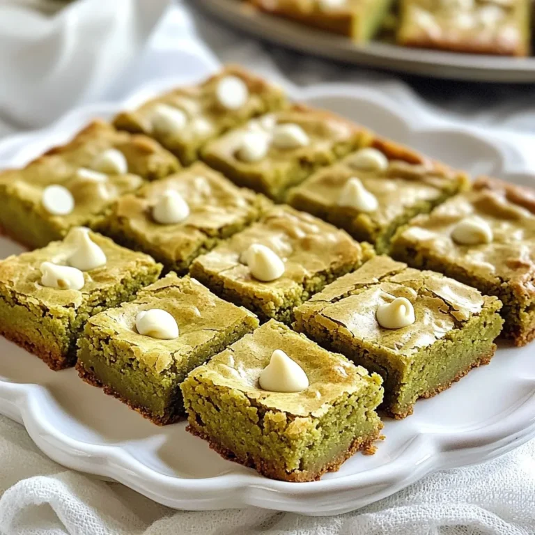 To make Matcha White Chocolate Blondies, you need these simple ingredients: - 1 ½ cups all-purpose flour - 1 teaspoon baking powder - ½ teaspoon salt - ½ cup unsalted butter, melted - 1 cup brown sugar, packed - ¼ cup granulated sugar - 2 large eggs - 1 teaspoon vanilla extract - 2 tablespoons matcha powder - 1 cup white chocolate chips Each item plays a key role in the final taste and texture. All-purpose flour gives the blondies structure. You want this to be light and fluffy. Baking powder helps them rise for a soft bite. A little salt balances the sweetness and brings out the flavors. Unsalted butter adds richness. It makes the blondies moist and flavorful. Brown sugar gives a deep caramel taste, while granulated sugar adds sweetness. Together, they create a nice balance. The eggs give the blondies their rich texture and help bind everything. The vanilla extract adds depth to the flavor. The star of the show is the matcha powder, which gives a stunning green color and earthy taste. Lastly, white chocolate chips melt into gooey pockets of sweetness. Gather these ingredients before you start. With these elements, you’re on your way to creating a delicious batch of Matcha White Chocolate Blondies! {{ingredient_image_1}} 1. Preheat your oven to 350°F (175°C). Line an 8x8 inch baking dish with parchment paper. Leave some overhang for easy removal later. 2. In a medium bowl, whisk together the following dry ingredients: - 1 ½ cups all-purpose flour - 1 teaspoon baking powder - ½ teaspoon salt - 2 tablespoons matcha powder Make sure they blend well. Set this bowl aside. 3. In a large mixing bowl, combine these wet ingredients: - ½ cup unsalted butter, melted - 1 cup brown sugar, packed - ¼ cup granulated sugar Whisk them together until smooth and creamy. 4. Add in 2 large eggs, one at a time. Mix well after each egg. Then, add 1 teaspoon of vanilla extract. Keep whisking until the mixture looks glossy. 1. Gradually fold the dry mixture into the wet mixture. Use a spatula or wooden spoon. Mix until just combined. Be careful not to overmix. 2. Gently fold in 1 cup of white chocolate chips. Make sure they spread evenly in the batter. 3. Pour the batter into the prepared baking dish. Smooth the top with a spatula. 4. Bake in the oven for 25-30 minutes. Check for doneness by inserting a toothpick. It should come out clean or with a few moist crumbs, not wet batter. 5. Let the blondies cool in the pan for about 10 minutes. Lift them out using the parchment overhang. Transfer them to a wire rack to cool completely. 6. Once cooled, cut into squares and enjoy your matcha white chocolate blondies! To get the right texture in your Matcha White Chocolate Blondies, avoid overmixing. When you mix the dry and wet ingredients, do it gently. Stir until you see no dry flour. If you mix too much, your blondies may turn out dense and tough. When folding in the ingredients, use a spatula. This helps keep the batter light and airy. Start from the bottom and fold upwards. Do this until the white chocolate chips are evenly mixed. You can add fun flavors to your blondies. Consider mixing in nuts like walnuts or pecans for a crunchy twist. Dried fruit, such as cranberries, can also add a sweet bite. For serving, these blondies pair well with a scoop of vanilla ice cream. You can also serve them with fresh berries for a fruity touch. A light drizzle of chocolate sauce adds extra sweetness, too! Pro Tips Use Quality Matcha: Choose high-grade matcha for a vibrant color and richer flavor in your blondies. Don't Overmix: Mix the batter until just combined to ensure your blondies are soft and chewy, not dense. Check for Doneness: A toothpick should come out with a few moist crumbs for perfectly baked blondies. Let Cool Completely: Allowing the blondies to cool fully before cutting helps achieve cleaner edges and better texture. {{image_2}} You can switch up the chocolate in these blondies. Instead of white chocolate chips, try dark or milk chocolate. Each type brings its own taste. Dark chocolate adds a rich flavor, while milk chocolate makes it sweeter. If you need gluten-free options, use almond flour or coconut flour. These flours work well but change the taste a bit. Almond flour gives a nutty flavor, while coconut flour adds a hint of sweetness. Remember to adjust the amount of liquid in your recipe, as these flours absorb more moisture. Feel free to add nuts or fruits for extra flavor. Chopped walnuts or pecans can add a nice crunch. You can also use dried fruits like cranberries or cherries for a fruity twist. They pair well with matcha and add texture. If you want to try different sweeteners, replace granulated sugar with maple syrup or honey. These natural sweeteners can change the taste. Maple syrup adds a warm flavor, while honey gives a floral note. Adjust the amount of liquid in the recipe if you use these. Explore these variations to make matcha white chocolate blondies even more exciting! To keep your matcha white chocolate blondies fresh, use an airtight container. This helps prevent them from drying out. You can also wrap them in plastic wrap before placing them in the container. Store them at room temperature for up to three days. If you want them to last longer, keep them in the fridge for up to a week. Just remember, they may lose some of their soft texture in the fridge. If you want to save some blondies for later, freezing is a great option. Start by cutting the blondies into squares. Then, wrap each piece in plastic wrap tightly. Place the wrapped blondies in a freezer-safe bag or container. They can stay in the freezer for up to three months. When you're ready to enjoy them, remove a blondie from the freezer. Let it thaw in the fridge overnight for the best results. If you're in a hurry, you can also let it sit at room temperature for about an hour. Enjoy your sweet treat! Can I use different types of matcha? Yes, you can use various matcha types. Higher quality matcha gives a richer flavor. Ceremonial matcha works well, but culinary matcha is a good choice too. Both will give your blondies a nice color and taste. How do I know when the blondies are done baking? Check your blondies at 25 minutes. Insert a toothpick into the center. If it comes out clean or with a few moist crumbs, they are done! If it has wet batter, bake for a few more minutes. The edges should look set and slightly golden. What’s the best way to cut blondies? Wait until the blondies cool completely. Use a sharp knife for clean cuts. You can run the knife under hot water for easier slicing. Cut them into squares or rectangles based on your preference. Enjoy the perfect treats! You learned how to make tasty Matcha White Chocolate Blondies. First, gather all the ingredients and mix them well. Remember to fold gently and watch the baking time. Tips like adding nuts can boost flavor. Store or freeze your blondies to enjoy later. Keep these ideas in mind next time you bake. It's a fun treat that can fit your taste! Happy baking!