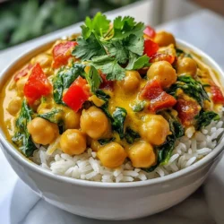 For this delicious stew, you will need: - 2 tablespoons coconut oil - 1 medium onion, diced - 3 cloves garlic, minced - 1-inch piece of ginger, grated - 2 tablespoons red curry paste - 1 can (14 oz) coconut milk - 1 cup vegetable broth - 2 cans (15 oz each) chickpeas, drained and rinsed - 1 red bell pepper, chopped - 1 cup spinach, chopped - 1 tablespoon soy sauce - 1 tablespoon lime juice - Salt and pepper to taste - Fresh cilantro, for garnish - Cooked jasmine rice, for serving These ingredients come together to create a rich and creamy dish. The coconut milk adds a smooth texture, while the red curry paste gives it a warm kick. The chickpeas are packed with protein, making this stew filling and satisfying. You can elevate your stew with these tasty options: - Fresh lime wedges for extra zing - Sliced green onions for crunch - Toasted nuts, like cashews, for added texture - Naan bread or pita on the side These garnishes add flavor and color. They can also add a fresh contrast to the creamy stew. This stew is not just tasty; it's also good for you. Here’s a quick look: - Calories: About 350 per serving - Protein: 12 grams from chickpeas - Fiber: 10 grams for digestion - Healthy fats from coconut oil and milk This dish provides balanced nutrition. It’s a great way to get your veggies and protein in one bowl. Enjoy the rich flavors without guilt! {{ingredient_image_1}} Start by heating 2 tablespoons of coconut oil in a large pot over medium heat. Once the oil melts, add 1 medium diced onion. Sauté the onion until it turns translucent, which takes about 5 minutes. Next, mix in 3 minced garlic cloves and 1-inch grated ginger. Cook these for 2 minutes until they smell great. This step builds the stew's base flavor. Now it’s time to add the spices. Stir in 2 tablespoons of red curry paste and cook for 1 minute. This helps the spices release their full flavor. Slowly pour in 1 can of coconut milk and 1 cup of vegetable broth. Stir well to combine everything. Then, add 2 cans of drained and rinsed chickpeas and 1 chopped red bell pepper. Bring the mix to a gentle simmer. Let it cook for about 15 minutes. This allows the flavors to meld together nicely. After the 15 minutes, stir in 1 cup of chopped spinach, 1 tablespoon of soy sauce, and 1 tablespoon of lime juice. Cook this for another 5 minutes. The spinach will wilt and become tender. Taste the stew and season with salt and pepper as needed. This is your final chance to adjust the flavor. Serve the stew over cooked jasmine rice and garnish with fresh cilantro for a vibrant finish. Enjoy the explosion of flavors! To get the best flavor, use fresh ingredients. Fresh garlic and ginger add a zing. Don't skip the red curry paste; it brings heat and depth. Taste the stew as it cooks. Adjust the salt, pepper, and lime juice to your liking. If you want more heat, add sliced chili peppers or a dash of hot sauce. For a touch of sweetness, add a teaspoon of brown sugar. This balances the spices well. One common mistake is overcooking the spinach. Add it near the end, so it stays bright. Another pitfall is not sautéing the aromatics long enough. Cook the onion, garlic, and ginger until fragrant. This step builds a strong base. Be careful with the salt. The soy sauce adds saltiness too. Taste before adding more. Lastly, don’t rush the simmering time. Letting the stew cook melds the flavors beautifully. A heavy-bottomed pot is best for even cooking. I recommend a Dutch oven or a large saucepan. These hold heat well. Use a wooden spoon for stirring to avoid scratching your pot. Have a sharp knife for chopping the veggies. A cutting board is also essential. If you like, use an immersion blender for a smoother texture. But this stew is great chunky too! Pro Tips Use Fresh Ingredients: Fresh garlic, ginger, and vegetables will elevate the flavor of your stew, making it more vibrant and aromatic. Adjust the Spice Level: If you prefer a milder stew, start with less red curry paste and add more to taste as it simmers. Make It Creamier: For an even creamier texture, consider adding an extra half can of coconut milk towards the end of cooking. Garnish for Freshness: Always finish your dish with fresh cilantro or lime wedges to add a burst of freshness that complements the rich flavors. {{image_2}} This stew is already vegan and gluten-free. You use coconut milk and chickpeas. They are great for many diets. If you want it creamier, try adding more coconut milk. This gives a richer taste without extra calories. You can swap some ingredients to match your taste. For the red curry paste, you can use green curry paste. It will change the flavor but keep it delicious. Don't have spinach? Try kale or Swiss chard instead. You can also use any bell pepper you like. A yellow or green one works just as well. Want to boost the protein? You can add tofu or tempeh. Simply cube them and add them with the chickpeas. If you want more veggies, try carrots or zucchini. They add color and nutrition. Just chop them small and add them at the same time as the bell pepper. This makes the dish more colorful and fun. To keep your Coconut Curry Chickpea Stew fresh, store it in an airtight container. Let it cool down before sealing. Place it in the fridge within two hours of cooking. This stew stays good for up to four days. Label the container with the date. This way, you can track how long it has been stored. Freezing is a great option if you want to save some for later. Use a freezer-safe container or a heavy-duty freezer bag. Make sure to leave some space at the top, as the stew will expand. It can last in the freezer for up to three months. When ready to eat, thaw it in the fridge overnight before reheating. Reheat your Coconut Curry Chickpea Stew on the stove for the best flavor. Pour it into a pot over medium heat. Stir occasionally to avoid sticking. Heat it until it’s hot throughout, about 5 to 10 minutes. If it seems too thick, add a little vegetable broth or water. You can also microwave it in short bursts, stirring in between. Enjoy it warm over jasmine rice! You can serve this stew with jasmine rice. Rice absorbs the rich flavors well. You might enjoy it with naan bread too. The bread is perfect for dipping and soaking up the stew. For a fresh touch, add a side salad. A simple cucumber salad pairs nicely for a crunchy bite. Yes, you can make it spicier! Add more red curry paste for extra heat. You can also toss in fresh chili peppers. If you want a smoky flavor, try smoked paprika. Adjust the spice to match your taste. Remember, start with a little and add more as needed. Coconut Curry Chickpea Stew lasts about 3 to 4 days in the fridge. Store it in an airtight container to keep it fresh. When ready to enjoy, heat it on the stove or in the microwave. Stir well to evenly distribute the heat. Yes, other legumes work well in this stew. You can use black beans or lentils. Both will add different textures and flavors. Just make sure to adjust cooking times. For lentils, check if they need more water or broth. This allows them to cook properly. You can create a delicious Coconut Curry Chickpea Stew by using key ingredients and simple steps. Remember to balance flavors and avoid common mistakes to make your dish shine. Explore variations to suit your taste, and store any leftovers properly for later enjoyment. This stew is versatile and can fit many diets. Enjoy making it and sharing it with others. Your kitchen can be a place of fun and tasty meals. Dive into this recipe and let your cooking skills grow!