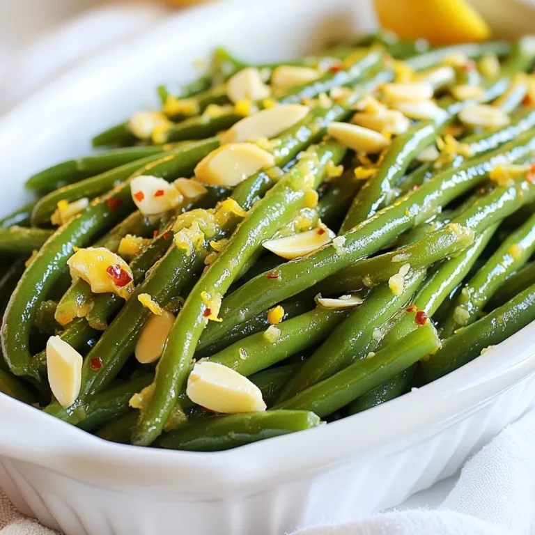 To make garlic butter green beans, you need: - 1 lb fresh green beans, trimmed - 4 tablespoons unsalted butter - 4 cloves garlic, minced - 1 teaspoon lemon zest - 1 tablespoon lemon juice - Salt and pepper to taste - ¼ teaspoon red pepper flakes (optional for a kick) - 2 tablespoons sliced almonds for garnish (optional) These simple ingredients pack a lot of flavor and keep the dish fresh. Fresh ingredients make a huge difference in taste. Fresh green beans have a crisp texture and a vibrant color. They taste better than frozen or canned beans. Fresh garlic gives a bold flavor. It brings out the best in the dish. Using fresh lemon zest and juice adds brightness. It enhances the garlic and butter, making the dish pop. I always choose fresh over dried or jarred options for the best results. You can customize your garlic butter green beans with a few extras. Here are some ideas: - Red pepper flakes: Add these for a bit of heat. - Sliced almonds: They add a nice crunch and nutty flavor. - Parmesan cheese: A sprinkle of cheese brings a creamy, savory taste. Feel free to mix and match these options to fit your taste. {{ingredient_image_1}} First, grab a large pot and fill it with water. Add a good amount of salt to the water. Heat the pot until the water boils. While you wait, take 1 pound of fresh green beans and trim the ends. Once the water is boiling, add the green beans. Cook them for about 4 to 5 minutes. You want them bright green and slightly tender. Next, prepare an ice bath. Fill a big bowl with ice and cold water. This helps keep the green beans crisp. Once the beans are done cooking, quickly move them to the ice bath. Let them sit for a few minutes. This step is key to keeping their vibrant color and crunch. Now, let’s make the garlic butter sauce. In a large skillet, melt 4 tablespoons of unsalted butter over medium heat. Once the butter is melted, add 4 cloves of minced garlic. Cook the garlic for about 1 to 2 minutes. You want it fragrant and slightly golden but not burnt. Keep an eye on it. After cooking the garlic, drain the green beans from the ice bath. Add the drained green beans to the skillet with the garlic butter. Toss them well so they get coated in that rich, buttery goodness. Next, sprinkle in 1 teaspoon of lemon zest, 1 tablespoon of lemon juice, and some salt and pepper to taste. If you like a little heat, add ¼ teaspoon of red pepper flakes. Toss everything again to mix the flavors. Now, sauté the green beans for another 2 to 3 minutes. This warms them up and blends all the flavors. Once done, remove the skillet from the heat. Transfer the green beans to a serving dish. If you want, garnish with 2 tablespoons of sliced almonds for a nice crunch. Enjoy your delicious garlic butter green beans! To cook green beans just right, start with fresh beans. Trim off the ends before cooking. Bring a pot of salted water to a boil. Add the beans and cook them for 4-5 minutes. They should look bright green and feel tender but still crisp. After cooking, plunge them into an ice bath. This stops the cooking and keeps the color. Drain well before adding to your dish. This method gives you the best texture and color. You can boost the flavor of your green beans in many ways. Try adding lemon juice for brightness. The lemon zest adds a nice aroma too. For a bit of heat, sprinkle in red pepper flakes. You can also experiment with herbs like thyme or basil. If you love nuts, toss in sliced almonds for crunch. Each seasoning change can create a new taste experience. Make it your own and enjoy the flavors you love. One mistake is overcooking the beans. This can make them mushy and dull. Always keep an eye on the cooking time. Another error is forgetting to season the beans. Salt and pepper are simple but essential. Lastly, don’t skip the ice bath. It keeps the beans vibrant and fresh. Avoid these mistakes to ensure your garlic butter green beans shine on the plate. Pro Tips Blanching Technique: Blanching the green beans in boiling water before transferring them to an ice bath helps retain their vibrant color and crisp texture. Garlic Flavor: For a richer garlic flavor, try using roasted garlic instead of raw. Simply roast the garlic bulbs until caramelized and mash them into the butter. Lemon Zest Freshness: Always zest your lemons before juicing them. This ensures you get the most fragrant oils from the skin for added brightness in your dish. Crunchy Garnish: Toast the sliced almonds in the skillet before garnishing for an extra layer of flavor and crunch that enhances the overall dish. {{image_2}} If you want a full meal, add protein to your garlic butter green beans. Chicken pairs well with the flavors. Simply grill or sauté chicken breasts and slice them. Mix the chicken with the green beans before serving. Shrimp also works great. Cook shrimp in the garlic butter until pink, then combine. For a heartier dish, try adding tofu. Cube the tofu and sauté it until golden. This gives you a tasty and balanced meal. For a vegetarian twist, use plant-based butter instead of regular butter. This keeps the dish rich and creamy without animal products. You can also add more veggies. Bell peppers, cherry tomatoes, or zucchini mix well with green beans. This adds color and nutrients. For a vegan version, skip the butter and use oil. Olive oil or coconut oil can give a nice flavor. Toss in some spices like cumin or paprika for an extra kick. To change the flavor, try different herbs and spices. Fresh herbs like thyme or basil can brighten the dish. Add them in after cooking for a fresh taste. For a spicy kick, increase the red pepper flakes. You can also add a splash of soy sauce for a savory touch. If you want a tangy flavor, mix in some balsamic vinegar. These small tweaks can make your garlic butter green beans unique each time. Store your leftover garlic butter green beans in an airtight container. Keep them in the fridge. They will stay fresh for up to three days. If you know you will not eat them right away, don’t add the almonds until serving. This keeps them crunchy and tasty. To reheat, you can use a skillet or microwave. If using a skillet, heat it on low. Add a little butter to keep them moist. Stir gently until warmed through. In the microwave, place them in a bowl. Cover with a damp paper towel and heat in 30-second intervals. Stir in between to avoid overcooking. You can freeze garlic butter green beans, but they may lose some crunch. To freeze, first, let them cool completely. Place them in a freezer-safe bag. Remove as much air as possible before sealing. They can last up to three months. When ready to use, thaw overnight in the fridge. Reheat as mentioned above. Yes, you can use frozen green beans. They are quick and easy. Just remember to thaw them first. Cook them for a shorter time, about 3-4 minutes. You want them tender but not mushy. The flavor will still be good, but fresh beans taste best. Garlic butter green beans go well with many dishes. Try serving them with grilled chicken or fish. They also pair nicely with steak or pork chops. For a vegetarian meal, serve them with quinoa or a hearty grain salad. They add a nice pop of color and flavor to your plate. Making garlic butter sauce is simple. You just need butter and garlic. Here’s how to do it: - Melt butter in a pan over medium heat. - Add minced garlic and cook until fragrant, about 1-2 minutes. - You can add lemon juice and zest for extra flavor. Mix well and pour over your cooked green beans. Enjoy the rich, savory taste! Garlic butter green beans are simple and tasty. We covered fresh ingredients and steps to cook them right. You learned tips for flavor and avoiding common mistakes. Remember, you can add proteins or go vegan for variety. Store leftovers well to keep them fresh. Now, you have all the tools to make this dish shine. Enjoy cooking and impressing your friends and family with this easy recipe.