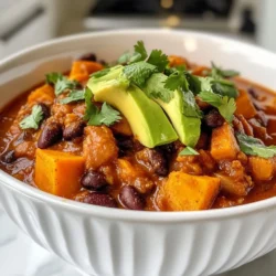 - 2 large sweet potatoes, peeled and diced - 1 can (15 oz) black beans, rinsed and drained - 1 can (15 oz) diced tomatoes - 1 large onion, chopped - 3 cloves garlic, minced - 2 cups vegetable broth - 1 red bell pepper, diced - 1 green bell pepper, diced - 2 tsp ground cumin - 1 tsp chili powder - 1/2 tsp smoked paprika - Salt and pepper to taste - 2 tablespoons olive oil - Fresh cilantro for garnish (optional) - Avocado slices for serving (optional) You can elevate your chili with a few simple touches. Fresh cilantro adds a burst of flavor. Avocado slices bring a creamy texture that balances the spices. Lime wedges lend a zesty kick, brightening your dish. These extras make your chili feel special and inviting. - Sweet Potatoes: Packed with vitamins A and C, sweet potatoes add natural sweetness and fiber. They support eye health and boost immunity. - Black Beans: Rich in protein and fiber, black beans help keep you full. They also provide iron and magnesium, which are essential for your body. - Bell Peppers: These colorful veggies add crunch and vitamins A and C. They contribute antioxidants that help fight inflammation. - Garlic and Onion: Both add flavor and contain compounds that may boost heart health. They also enhance the overall taste of your chili. - Cumin and Chili Powder: These spices not only add warmth but also offer various health benefits. Cumin may aid digestion, while chili powder can boost metabolism. Each ingredient plays a role in making this chili not just tasty but also packed with nutrients. Enjoying it is a treat for both your taste buds and your body. {{ingredient_image_1}} Start by peeling and dicing the sweet potatoes. You want them in small, even cubes. This helps them cook evenly. Next, chop the onion and mince the garlic. Make sure to have your red and green bell peppers diced as well. I find it best to prep everything first. This makes cooking smooth and easy. Heat two tablespoons of olive oil in a large pot over medium heat. Add the chopped onion and minced garlic. Sauté for about 3-5 minutes until they turn translucent. Then, toss in the diced bell peppers and cook for another 5 minutes. Stir as you go. Next, add the sweet potatoes, cumin, chili powder, and smoked paprika. Stir well to toast the spices for 2 minutes. This step brings out their flavor. Pour in the diced tomatoes with their juices and the vegetable broth. Bring this mix to a boil. Once boiling, reduce the heat to low and add the black beans. Season with salt and pepper. Cover the pot and let it simmer for 30-35 minutes. Stir occasionally until the sweet potatoes turn tender. To boost the taste, always use fresh spices. Fresh spices have more punch. Adjust the seasoning at the end for a perfect finish. If the chili seems too thick, add more vegetable broth or water. This keeps it nice and smooth. Finally, serve it hot, topped with fresh cilantro and avocado. These add color and creaminess. Enjoy every spoonful! To change the spice in your chili, think about your taste. Start with one teaspoon of chili powder. If you want more heat, add more chili powder or diced jalapeños. You can also use hot sauce for an extra kick. For a milder flavor, cut back on the chili powder. Adding a bit of sugar can also help balance the heat. Texture plays a big role in chili. To make your chili thicker, mash some sweet potatoes while cooking. This gives it a creamy texture. You can also add corn or diced zucchini for extra crunch. Fresh herbs like cilantro at the end add a burst of flavor. Try adding lime juice to brighten the dish. Be careful not to overcook the sweet potatoes. They should be soft but not mushy. Also, avoid skipping the seasoning. Salt and pepper help bring out the flavors. Don’t rush the simmering time. Letting the chili cook longer helps the flavors blend. Finally, always taste before serving. Adjust spices to make it just right. Pro Tips Perfect Sweet Potatoes: To ensure your sweet potatoes cook evenly, try to cut them into uniform pieces. This helps them to tenderize at the same rate during cooking. Spice It Up: Adjust the level of heat in your chili by adding diced jalapeños or a pinch of cayenne pepper if you like it spicier. Just keep in mind to start with a small amount and taste as you go. Flavor Boost: For an extra depth of flavor, consider adding a tablespoon of tomato paste when you add the diced tomatoes. This will enhance the overall richness of the chili. Batch Cooking: This chili is perfect for meal prep! Make a larger batch and freeze portions for quick meals later. Just reheat and enjoy! {{image_2}} You can easily boost the nutrition of your chili. Try adding corn for a sweet crunch. Zucchini gives a nice texture and absorbs flavors well. Carrots add sweetness and color. You can also include chopped kale or spinach for some leafy goodness. If you want a spicy kick, add sliced jalapeños. Mix and match to find your favorite combo! While black beans are great, you can switch them up. Chickpeas are a good choice and add a nutty taste. Lentils cook fast and thicken the chili. For a heartier dish, try adding diced tofu or tempeh. These options keep your chili filling while staying plant-based. Spices can change the whole vibe of your chili. For a smokier flavor, use chipotle powder instead of smoked paprika. A touch of cinnamon adds warmth and depth. If you like it spicy, cayenne pepper gives a nice heat. You can also blend in fresh herbs like oregano or thyme for a fresh twist. Experimenting with spices makes each pot unique! To keep your Vegan Sweet Potato Black Bean Chili fresh, store it in an airtight container. Make sure it cools to room temperature first. This helps avoid condensation, which can make the chili watery. You can keep the chili in the fridge for up to five days. Label your container with the date. This way, you won’t forget when you made it. If you want to save some chili for later, freezing is a great option. First, let the chili cool completely. Then, pour it into freezer-safe bags or containers. Leave some space at the top to allow for expansion. You can freeze the chili for up to three months. When you’re ready to eat, just thaw it in the fridge overnight. Reheating the chili is simple. You can use a pot on the stove or the microwave. If using the stove, heat it on medium-low. Stir often to prevent burning. If using the microwave, heat in short bursts, stirring in between. Add a splash of vegetable broth if it seems too thick. Enjoy your warm and flavorful chili! You can store Vegan Sweet Potato Black Bean Chili in the fridge for up to five days. Make sure to keep it in an airtight container. This chili gets even better as it sits. The flavors blend, and it becomes more delicious. Yes, you can make this chili in a slow cooker! Simply add all the ingredients to the slow cooker. Cook on low for six to eight hours or on high for three to four hours. This method makes it easy to prepare while you do other things. I love serving this chili with avocado slices and fresh cilantro. You can also add lime wedges for a zesty touch. Other great sides include corn bread or tortilla chips. They add a nice crunch and balance the chili's warmth. This blog post covered the ingredients and steps to make Vegan Sweet Potato Black Bean Chili. You learned about key ingredients and their nutritional value. We discussed tips for cooking and enhancing flavor. I shared ways to modify spice levels and avoid common mistakes. Variations with other vegetables and proteins add new twists. Finally, we explored storage techniques to keep your chili fresh. By following these tips, you can enjoy a tasty, healthy dish every time. Try it out today!