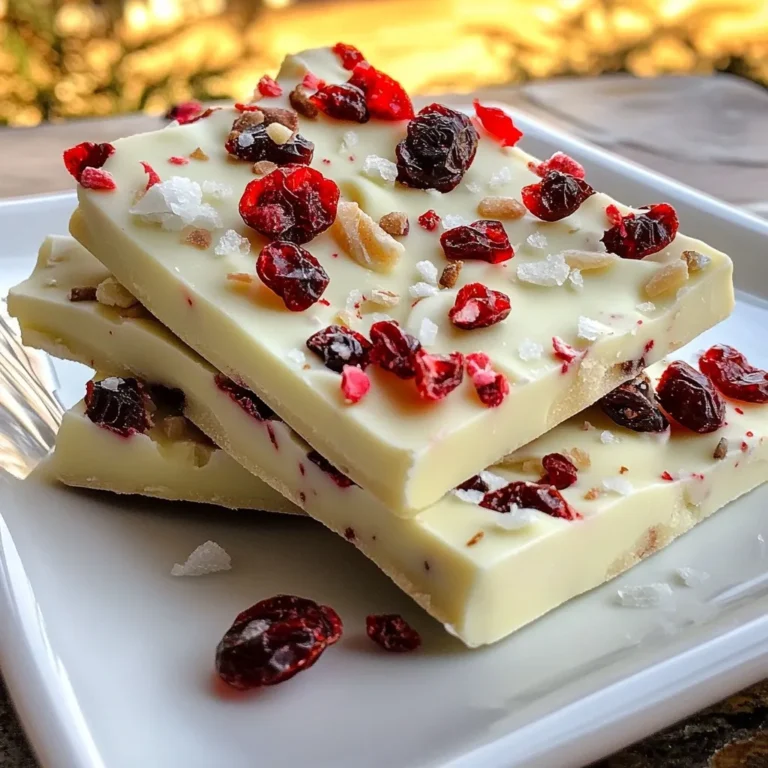 To make this bark, you need the following main ingredients: - 2 cups white chocolate chips - 1 cup dark chocolate chips - 1/2 cup dried cranberries, chopped - 1/4 cup crushed peppermint candies or candy canes - Pinch of sea salt These ingredients create a lovely mix of sweet and minty flavors. The white chocolate gives a creamy base, while dark chocolate adds depth. Dried cranberries give a chewy texture, and peppermint adds a festive crunch. You can enhance your bark with these optional ingredients: - 1 tablespoon coconut oil (for a smoother melt) Adding coconut oil helps the chocolate melt evenly. It gives a nice shine to the finished bark too. If you want to make swaps, here are some ideas: - Use milk chocolate chips instead of dark for a sweeter taste. - Try using fresh mint leaves instead of crushed peppermint. Just chop them finely. - If you are avoiding sugar, look for sugar-free chocolate chips. These substitutions can help you tailor the recipe to your taste. Enjoy making this festive treat! {{ingredient_image_1}} First, grab a microwave-safe bowl. Add the dark chocolate chips. If you want a smoother melt, add the coconut oil. Heat the bowl in the microwave for 30 seconds. Take it out and stir. Repeat this until the chocolate is melted and smooth. Next, take a baking sheet. Line it with parchment paper. Make sure the paper covers the whole bottom. Smooth out any wrinkles. This step helps the bark come off easily later. Now, use another microwave-safe bowl. Add the white chocolate chips. Just like before, heat them in the microwave for 30 seconds. Stir until the white chocolate is melted and smooth. Once the dark chocolate is ready, pour it on the prepared baking sheet. Use a spatula to spread it evenly. Make it about 1/4 inch thick. Place the baking sheet in the fridge for 20 minutes. This time helps the dark chocolate set fully. After that, stir in the chopped cranberries and half of the crushed peppermint candies into the melted white chocolate. Pour this mixture over the dark chocolate. Spread it gently to cover it all. Top with the rest of the peppermint candies and a pinch of sea salt. Chill again for 30 minutes until set. Finally, break the bark into pieces and enjoy! To get a smooth melt, use a microwave. Place the chocolate in a bowl. If you want, add a little coconut oil. Heat in 30-second bursts. Stir after each burst. This keeps the chocolate from burning. If you see any lumps, keep stirring. It will melt completely with a little patience. Layering chocolate is simple but needs care. First, pour the dark chocolate on the sheet. Spread it evenly to about 1/4 inch thick. Make sure it’s flat. Chill it well before adding the white chocolate. When the white chocolate is ready, pour it gently over the dark layer. Use a spatula to cover it all. This helps both layers stick together. Presentation makes a big difference. Once set, break the bark into uneven pieces. Arrange them on a colorful platter. For extra flair, add whole cranberries and crushed peppermint on top. This makes it look festive and fun. A little garnish can make your treats shine. Pro Tips Use Quality Chocolate: For the best flavor, choose high-quality chocolate chips. This will enhance the overall taste of your bark. Chill Between Layers: Make sure to chill the dark chocolate layer completely before adding the white chocolate to prevent mixing of the two layers. Customize Your Toppings: Feel free to add other toppings like nuts or dried fruits to personalize your bark and add extra texture. Store Properly: Keep the bark in an airtight container at room temperature or in the refrigerator to maintain its freshness and crunch. {{image_2}} You can have fun with peppermint cranberry bark. Swap out the white chocolate for milk chocolate. This switch gives a sweeter taste that many love. You can also try adding orange zest for a fresh twist. The zest brightens the flavors and adds a citrus kick. Another idea is to use flavored chocolate. Dark chocolate with sea salt is a great choice. It adds depth to the bark. You can even try raspberry-flavored chocolate for a fruity touch. Nuts and fruits can change the bark's taste and texture. Try adding chopped almonds or walnuts. They add crunch and a nutty flavor. You can also use dried cherries or apricots instead of cranberries. This swap creates a new flavor profile. For a festive look, sprinkle some chopped pistachios on top. The green color contrasts beautifully with the red and white. You can make this bark vegan or dairy-free. Use dairy-free chocolate chips for both layers. They melt well and taste great. Instead of coconut oil, use a plant-based butter if needed. You can also use maple syrup instead of sugar for a natural sweetener. This change keeps it sweet but adds a unique flavor. Vegan peppermint candies are available too, making it easy to stick to your diet. To keep your peppermint cranberry bark fresh, store it in an airtight container. Place parchment paper between layers to prevent sticking. Make sure the container is in a cool, dry spot. Avoid heat and sunlight, as they can melt the chocolate. Your peppermint cranberry bark lasts about two weeks at room temperature. If you want to keep it longer, refrigerate it. In the fridge, it can stay fresh for up to a month. Just remember to let it come to room temperature before serving for the best taste. You can freeze peppermint cranberry bark for about three months. Wrap it tightly in plastic wrap first. Then, place it in a freezer-safe bag. To thaw, take it out and leave it in the fridge overnight. Enjoy it once it's back to room temperature for the best flavor. Yes, you can use milk chocolate! It will add a sweeter flavor to your bark. Milk chocolate melts well, just like dark chocolate. Keep in mind, the taste will change. Milk chocolate pairs great with cranberries and peppermint, giving a festive twist. The dark chocolate takes about 20 minutes to set. Once you pour the white chocolate, chill it for another 30 minutes. In total, you're looking at around 50 minutes for the chocolate to fully set. After that, it will be ready for breaking and serving. You can find peppermint cranberry bark at many stores during the holidays. Look in the candy aisle or the baking section. Some specialty shops or bakeries may sell it, too. If you want the freshest taste, try making it at home! Absolutely! You can make peppermint cranberry bark days in advance. Just store it in an airtight container. It will stay fresh for up to two weeks, making it perfect for holiday gifts or parties. Enjoy this treat whenever you want! This blog post covered how to make peppermint cranberry bark from start to finish. We looked at the main and optional ingredients, along with substitutions. I shared step-by-step instructions for melting and layering chocolates, plus tips for a smooth melt and great presentation. You can try new variations, too, like adding nuts or making it vegan. Finally, I explained how to store and freeze your bark. Enjoy making this treat for yourself or sharing it with others. Trust me, it will be a hit!