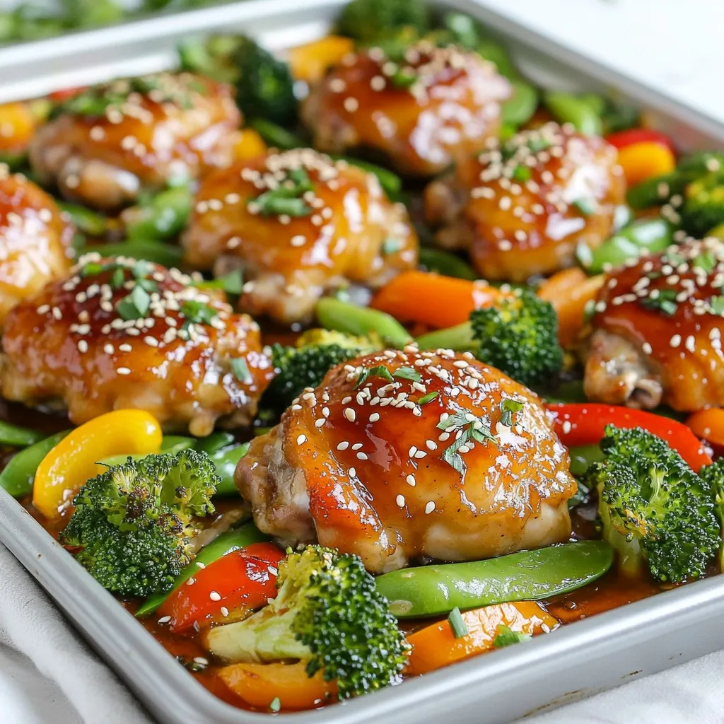 - 4 boneless, skinless chicken thighs - 2 cups broccoli florets - 1 cup bell peppers, sliced (any colors) - 1 cup snow peas - 1 carrot, sliced thinly - 1/4 cup teriyaki sauce (preferably low sodium) - 2 tablespoons honey - 1 tablespoon sesame oil - 2 teaspoons garlic, minced - 1 teaspoon ginger, grated - Salt and pepper, to taste - Sesame seeds - Green onions, sliced The main ingredients include chicken thighs and fresh vegetables. Chicken thighs give a great flavor. Broccoli, bell peppers, snow peas, and carrots add color and crunch. Each veggie offers a unique taste and texture. Next, we prepare the marinade. It combines teriyaki sauce, honey, sesame oil, garlic, and ginger. This mix creates a sweet and savory flavor. Salt and pepper add a touch of seasoning. Marinating the chicken in this sauce helps it absorb all those yummy flavors. To finish, we add garnish. Sesame seeds and sliced green onions make the dish pop. They add a nice crunch and fresh taste. This recipe is not only easy but also full of vibrant colors. Enjoy every bite! {{ingredient_image_1}} - Preheat oven to 400°F (200°C). - Line a baking sheet with parchment paper. - Combine teriyaki sauce, honey, sesame oil, garlic, ginger, salt, and pepper. This mixture gives your chicken a sweet and savory flavor. Mix it well so all the flavors blend nicely. - Marinate chicken for 15 minutes to 2 hours. The longer you marinate, the more flavor the chicken gains. If you have time, go for the full two hours! - Wash and cut vegetables into bite-sized pieces. This helps them cook evenly and makes them easy to eat. You can use any veggies you like! - Place chicken at the center and vegetables around. This layout ensures the chicken cooks well and the veggies get nice and tender. - Bake for 25-30 minutes. Check that the chicken reaches 165°F (75°C) inside. - Broil for an additional 2-3 minutes. This step adds a nice caramelized finish to the dish. Enjoy the wonderful aroma filling your kitchen! - Marinate the chicken for 15 minutes to 2 hours. Longer marinating gives more flavor. - Use a plastic bag to marinate. It helps coat the chicken better. - Check the chicken’s internal temperature. It should reach 165°F (75°C). - Adjust the cooking time based on the size of the chicken. Thicker pieces take longer to cook. - Serve directly from the sheet pan. This gives a rustic and inviting look. - Garnish with sesame seeds and sliced green onions for color and texture. Pro Tips Marinate for Maximum Flavor: Allow the chicken to marinate for at least 2 hours, or even overnight, to enhance the flavors and tenderness. Vegetable Variations: Feel free to add or substitute your favorite vegetables like zucchini, asparagus, or snap peas for a personalized touch. Perfectly Cooked Chicken: Use a meat thermometer to check that the internal temperature of the chicken reaches 165°F (75°C) for safe eating. Leftover Storage: Store any leftovers in an airtight container in the fridge for up to 3 days, making it a great meal prep option! {{image_2}} You can change the veggies to fit your taste. - Adding zucchini or asparagus: Zucchini adds a nice crunch. Asparagus gives a fresh flavor. Both work well with teriyaki sauce. - Using different colored bell peppers: Bell peppers come in red, yellow, and green. Each color brings a unique taste and look. Mix them for a vibrant dish. Want to switch up the protein? You have options! - Replacing chicken with tofu or shrimp: Tofu is great for a plant-based meal. Shrimp cooks quickly and adds a nice seafood flavor. - Using chicken breast instead of thighs: Chicken breast is leaner. It cooks faster, so adjust your baking time. Not a fan of store-bought teriyaki sauce? Try this. - Exploring homemade teriyaki sauce recipes: Making your own sauce gives you control over flavors. Use soy sauce, brown sugar, and garlic for a simple mix. - Utilizing store-bought sauces with different flavors: Many brands offer unique teriyaki sauces. Look for ones with added spices or flavors for a twist. Feel free to experiment! Each change can make this dish your own. Store any leftovers in airtight containers. This keeps the chicken and veggies fresh. I recommend using glass containers. They don’t absorb odors and clean easily. Always let the food cool before sealing. When you reheat, add a splash of water to keep it moist. Heat it in the microwave or on the stove until it’s hot all the way through. You can freeze cooked chicken and veggies, too. Let them cool completely before packing. Use freezer-safe bags or containers. Remove as much air as you can. This helps prevent freezer burn. Keep the meals in the freezer for about three months for the best flavor. Label them with the date, so you know when to use them. Check for signs of spoilage before eating. If the chicken smells off or looks strange, throw it out. Veggies should be bright and crisp. If they feel slimy or wilted, it’s time to toss them. Always wash your hands before handling food. Keep raw chicken separate from other foods to avoid cross-contamination. This keeps your meals safe and tasty. Yes, you can use frozen vegetables. They make cooking easy and fast. However, frozen veggies may release more water while cooking. This can change the texture slightly. If you use them, adjust your baking time. You may need to bake a bit longer to ensure everything cooks well. To check if chicken is done, use a meat thermometer. The inside of the chicken should reach 165°F (75°C). This ensures it is safe to eat. If you don’t have a thermometer, cut into the chicken. The meat should be white, not pink. You can serve this dish with rice or quinoa for a complete meal. Noodles also pair well with teriyaki flavors. A fresh green salad adds a nice crunch too. Feel free to mix and match different sides to suit your taste. Yes, you can prep this dish ahead of time. Marinate the chicken and chop the veggies the night before. Store them in the fridge until you're ready to cook. When reheating, make sure the chicken reaches the same safe temperature again. This way, you save time and enjoy a quick meal. This blog post covered a tasty sheet pan teriyaki chicken dish. We explored main ingredients like chicken, vibrant veggies, and a flavorful marinade. I shared a step-by-step guide to make cooking easy. You learned tips for marinating and presenting the dish. Plus, we discussed variations and storage practices to keep your meals fresh. Now, you can create a delicious meal with confidence. Enjoy experimenting with flavors and sharing your new dish!